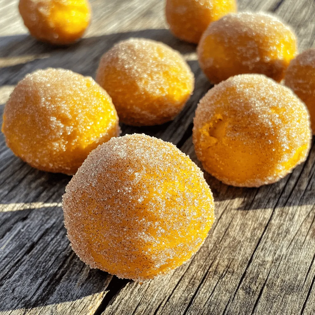 The core of these donut holes is simple yet flavorful. Here’s what you need: - 1 cup canned pumpkin puree - 1/4 cup unsweetened applesauce - 1/4 cup granulated sugar - 1/4 cup brown sugar, packed - 1 large egg - 2 cups all-purpose flour - 1 tsp baking powder - 1/2 tsp baking soda - 1 tsp ground cinnamon - 1/2 tsp ground nutmeg - 1/4 tsp ground ginger - 1/4 tsp salt - 1/2 cup vegetable oil (for frying) - 1/2 cup granulated sugar (for coating) - 2 tsp ground cinnamon (for coating) These ingredients create a warm, spiced flavor that makes each bite irresistible. While the key ingredients shine on their own, a few optional add-ins can take these donut holes to a new level. Consider adding: - A splash of vanilla extract for a sweet aroma. - Chopped nuts like walnuts or pecans for added crunch. - Mini chocolate chips for a fun twist. These enhancements can make your donut holes unique and tailored to your taste. If you’re missing some items, don’t worry! Here are easy swaps: - Use homemade pumpkin puree instead of canned if you prefer fresh flavors. - Replace applesauce with mashed bananas for a different sweetness. - Try coconut oil in place of vegetable oil for frying to add a hint of coconut flavor. These substitutions make the recipe flexible, so you can cook with what you have. For the full recipe, check out the details above. To make these donut holes, start by mixing wet ingredients. In a big bowl, combine 1 cup of canned pumpkin puree, 1/4 cup of applesauce, 1/4 cup of granulated sugar, 1/4 cup of brown sugar, and 1 large egg. Stir until it’s smooth. In another bowl, whisk together the dry stuff. You’ll need 2 cups of flour, 1 tsp of baking powder, 1/2 tsp of baking soda, 1 tsp of ground cinnamon, 1/2 tsp of nutmeg, 1/4 tsp of ginger, and 1/4 tsp of salt. Be sure to mix well. Gradually add the dry mix to the wet mix. Stir gently until everything is just combined. Don’t overmix! This step is key for soft donut holes. Chill the dough for 30 minutes in the fridge. It helps with shaping. Heat vegetable oil in a large pot or deep fryer to 350°F (175°C). This temperature is vital for crispy donut holes. Use a small cookie scoop or your hands to take about 1 tablespoon of dough. Roll it into a ball. Carefully drop the balls into the hot oil in small groups. Fry them for 3-4 minutes until they turn golden brown. Use a slotted spoon to turn them gently. This ensures even cooking. Avoid overcrowding the pot to keep the oil hot. Once fried, remove the donut holes and let them drain on paper towels. This step removes excess oil. In a shallow bowl, mix 1/2 cup of granulated sugar with 2 tsp of ground cinnamon for the coating. While the donut holes are still warm, roll them in this mixture. Make sure they are well coated. This adds a sweet touch that makes them irresistible. Enjoy these warm delights from the [Full Recipe]. When making cinnamon sugar pumpkin donut holes, avoid overmixing the dough. This can make them tough. Also, don’t skip chilling the dough. It helps the donut holes hold their shape. Fry in small batches to keep the oil temperature steady. If you crowd the pan, they may not cook evenly. Lastly, roll them in sugar while they are warm. This helps the coating stick better. To get a light and fluffy texture, measure your flour properly. Too much flour can lead to dense donut holes. Use the spoon and level method. Spoon flour into a measuring cup and level off with a knife. Mixing your wet and dry ingredients just until combined also helps. The dough should be slightly sticky but manageable. You will need a few handy tools for this recipe. A mixing bowl is vital for combining ingredients. A whisk makes blending dry ingredients easy. Use a cookie scoop to portion the dough evenly. This ensures uniform donut holes. A slotted spoon helps you turn and remove them from the hot oil. Finally, have paper towels ready to drain excess oil after frying. For the full recipe, check out the cooking instructions above. {{image_2}} You can add more warmth with pumpkin spice. Just mix in extra spices like clove or allspice. This gives a cozy fall flavor. Use about 1 teaspoon of each spice for the best taste. These donut holes become a true seasonal treat with that extra kick. If you love chocolate, try a chocolate glaze. Melt 1 cup of chocolate chips with a bit of cream. Dip the warm donut holes into this glaze. You can then sprinkle them with crushed nuts or sprinkles. This twist brings a rich taste to your pumpkin donuts. You can play with the coatings too! Instead of cinnamon sugar, roll your donut holes in powdered sugar. For a fun twist, coat them in coconut flakes or crushed graham crackers. You can also try a maple glaze for a sweet contrast. The options are endless, so get creative! For the full recipe, you can explore how to make these delicious donut holes. To keep your donut holes fresh, store them in an airtight container. Use parchment paper between layers to avoid sticking. This method helps maintain their fluffy texture. Place the container in a cool, dry place. Avoid storing them in the fridge, as this can make them dry. You can freeze these donut holes for a later treat. First, let them cool completely. Then, place them in a single layer on a baking sheet. Freeze for about an hour, then transfer to a heavy-duty freezer bag. When you're ready to enjoy them, reheat in a 350°F oven for 5-7 minutes. This will bring back their warmth and softness. Homemade donut holes stay fresh for about 2-3 days at room temperature. If stored properly in an airtight container, they can last up to a week in the fridge. However, the best taste comes when enjoyed fresh. With proper freezing, they can last for up to 2 months. Always check for any signs of spoilage before eating. For the full recipe, check out the detailed instructions to make these delightful treats. If you can't find canned pumpkin puree, use fresh pumpkin. Cook the pumpkin until soft. Then, mash it well to get a smooth texture. You can also use butternut squash puree as a tasty alternative. Both options give a similar flavor and texture. Yes, you can bake these donut holes for a healthier twist! Preheat your oven to 350°F (175°C). Place the rolled donut holes on a baking sheet lined with parchment paper. Bake for about 15-20 minutes or until they are golden. Keep an eye on them to avoid over-baking. To check if the oil is ready, use a thermometer. The ideal temperature is 350°F (175°C). If you don't have a thermometer, drop a small piece of dough into the oil. If it bubbles and rises, the oil is hot enough. Fry in small batches to keep the temperature steady. This article covered how to make cinnamon sugar pumpkin donut holes from start to finish. You learned about the key ingredients, the steps for perfect frying, and helpful tips along the way. I shared variations and best storage practices too. Now you have all the tools to create these tasty treats. Enjoy experimenting with flavors and impress your friends and family with your delicious donut holes!