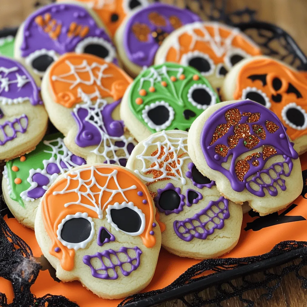 - 2 ½ cups all-purpose flour - 1 teaspoon baking powder - ½ teaspoon baking soda - ½ teaspoon salt - 1 cup unsalted butter, softened - 1 ½ cups granulated sugar - 1 large egg - 1 teaspoon vanilla extract - 1 teaspoon almond extract - 2 cups powdered sugar (for icing) - Food coloring (various colors for decorating) - Edible glitter (optional) - Royal icing (for detailing) Gather these ingredients before you start. The flour gives shape, while baking powder helps the cookies rise. Baking soda and salt boost flavor. Softened butter adds creaminess and sweetness. Sugar brings that perfect sweetness we all love. The egg binds everything together. Vanilla and almond extracts add rich flavors. For icing, powdered sugar is a must. Food coloring lets you create fun designs. Edible glitter adds sparkle, making the cookies pop! Royal icing is perfect for details. With this complete ingredient list, you're ready to start making Halloween cookies. Follow the full recipe for a fun, tasty treat! Whisking Dry Ingredients Start by mixing the flour, baking powder, baking soda, and salt in a bowl. Whisk them well until they blend nicely. This step helps create a good base for your cookies. Creaming Butter and Sugar Next, take a large bowl and add the softened butter and granulated sugar. Mix them together until they get light and fluffy. This should take about 3-4 minutes. It’s key for a nice texture. Combining Wet and Dry Ingredients Now, beat in the egg, vanilla extract, and almond extract into the butter mix. Once mixed, slowly add the dry ingredients. Mix on low speed until just combined. Remember, do not overmix! This keeps your cookies soft. Dividing and Wrapping Dough After mixing, divide the dough into two equal parts. Wrap each piece in plastic wrap. Chill them in the fridge for at least 1 hour. This makes the dough easier to roll out later. Preheating Oven and Preparing Baking Sheets While the dough chills, preheat your oven to 350°F (175°C). Line your baking sheets with parchment paper. This helps prevent sticking and makes cleanup easy. Rolling and Cutting Out Cookie Shapes Once the dough is firm, take one portion out of the fridge. Roll it out on a floured surface to about 1/4-inch thick. Use a skull-shaped cookie cutter to cut out your cookies. Place them on the prepared sheets. Baking Time and Cooling Process Bake the cookies for 8-10 minutes. Look for lightly golden edges. Once done, remove them from the oven. Let them cool on sheets for 5 minutes, then move to wire racks to cool completely. Preparing Icing and Adding Color While the cookies cool, prepare the icing. Mix the powdered sugar with a few tablespoons of water until smooth. Divide this icing into bowls and add food coloring as you like. Decorating Techniques Use the colored icing to create spooky designs on your cookies. You can make eyes, flowers, or any fun patterns. For an extra touch, sprinkle on edible glitter. Once the icing sets, use royal icing for detailed designs. For the full recipe, check out the complete instructions that guide you through every step! Avoiding Overmixing When making cookies, you should mix just enough. Overmixing can lead to tough cookies. Once you add the dry ingredients, mix on low speed until you see no flour. This keeps your cookies soft and chewy. Measuring Flour Accurately Measuring flour right is key to success. Use a spoon to scoop flour into your measuring cup. Then level it off with a knife. Avoid packing it down. This helps you get the right amount for your spooky sugar skull cookies. Fun Design Patterns Let your creativity shine! Use colored icing to create fun designs. You can make spooky eyes, flowers, or even webs. Use a toothpick for fine details. Let each cookie show off your unique style this Halloween. Using Edible Glitter and Royal Icing Add a magical touch with edible glitter. It sparkles and catches the eye. For detailed work, royal icing is perfect. It dries hard, so your designs stay intact. Use it for outlines and intricate patterns on your cookies. Halloween-Themed Plating Ideas Make your cookies stand out on a spooky platter. Use black or orange plates to fit the theme. Arrange the cookies in a fun way. You can stack them or place them in a circle. This adds to the Halloween spirit. Incorporating Seasonal Decor Add some fun decorations around your cookies. Use plastic spiders, small pumpkins, or fake cobwebs. This makes your cookie display festive and fun. It sets the mood for Halloween and impresses your guests. {{image_2}} You can create many fun shapes for Halloween cookies. Think about ghosts, pumpkins, and monsters. Each shape adds its own charm. Use a ghost-shaped cookie cutter for a spooky effect. A pumpkin cutter can bring warmth to your treats. Cookie cutters come in all sizes and themes. You can find them at baking stores or online. Try making bats, witches, or even spooky skulls. Each cookie can tell a story. Adding different flavors can make your cookies unique. You can use extracts and spices to change the taste. A dash of cinnamon can give a warm, cozy feel. Vanilla adds sweetness, while almond gives a nice twist. Incorporate chocolate chips or chopped nuts for extra texture. Dark chocolate can add a rich flavor, and nuts can give a nice crunch. Mix and match these choices to find your favorite. You may want to change the recipe for dietary needs. For gluten-free cookies, use almond or coconut flour instead of all-purpose flour. Many people enjoy these options, and they taste great. If you're looking for vegan alternatives, use plant-based butter and flaxseed for the egg. You can also find low-sugar options by reducing the sugar or using natural sweeteners. These changes can help everyone enjoy Halloween cookies. For the full recipe, check the complete instructions above. When you bake Halloween cookies, you want them to stay fresh and tasty. You can store them at room temperature or in the fridge. - Room Temperature: Keep cookies in an airtight container. They stay soft and chewy for about a week. - Refrigeration: If you live in a warm place, put cookies in the fridge. This helps them last longer but may make them a bit hard. To keep cookies fresh longer, always ensure they are fully cooled before sealing. You can also add a slice of bread in the container. This keeps moisture in the cookies. Decorated cookies need special care. The icing can be delicate. - Tips for Preserving Icing: Let the icing dry fully before stacking or storing. This prevents smudging. - Avoiding Sticking and Breakage: Use wax paper between layers. This stops cookies from sticking together. When storing decorated cookies, check for any damage. If they break, you can still enjoy them! You can freeze cookies to save them for later. This works well for both baked and unbaked dough. - How to Freeze Before Baking: Shape the dough into balls and place them on a baking sheet. Freeze them for about an hour, then transfer to a zip-top bag. They can last for three months. - Freezing Decorated Cookies: Once the icing is dry, wrap each cookie in plastic wrap. Store them in a container. They can also last for about three months. Freezing cookies is a great way to enjoy Halloween treats anytime! For a delicious recipe, check out the Full Recipe for spooky sugar skull cookies. How do I prevent my cookies from spreading? To prevent cookies from spreading, chill the dough before baking. This keeps the butter firm. Use parchment paper on your baking sheets. It helps cookies hold their shape better. Can I make the dough in advance? Yes, you can make the dough ahead of time. Wrap it in plastic and refrigerate for up to three days. You can also freeze it for up to three months. Just thaw it in the fridge before rolling out. What types of food coloring work best for decorating? Gel food coloring works best for decorating cookies. It provides bright colors without adding too much liquid. Liquid food coloring can water down the icing, making it runny. Where can I find unique Halloween-shaped cutters? You can find unique Halloween-shaped cutters at baking supply stores or online. Many craft stores also sell seasonal cookie cutters. Look for shapes like ghosts, bats, and pumpkins. Can I use regular cookie cutters for Halloween designs? Absolutely! You can use any cookie cutters you have. Just decorate them with themed icing to make them Halloween-ready. Get creative with designs to match any shape. What is the best way to thin royal icing? To thin royal icing, add a few drops of water at a time. Mix until it reaches a smooth and pourable consistency. Test the icing by drawing a line; it should smooth out in about 10 seconds. How long do these cookies stay fresh? These cookies stay fresh for about one week at room temperature. Keep them in an airtight container. They can last longer if you freeze them, up to three months. Enjoy your spooky treats! In this blog post, we covered all you need to make awesome Halloween cookies. You learned about key ingredients, step-by-step instructions, and helpful tips. We explored fun decorating ideas and tasty variations. Storage tips ensured your cookies stay fresh and tasty. Baking Halloween cookies is fun and brings joy to all. Use your creativity to make these treats unique. Enjoy the process and share your delicious cookies with friends and family. Let your spooky baking adventure begin!