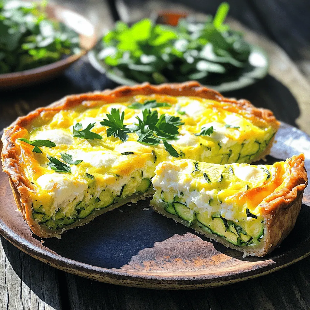 - 2 medium zucchinis, grated - 1 cup shredded mozzarella cheese - 1/2 cup grated parmesan cheese - 4 large eggs - 1/2 cup milk (or plant-based milk) - 1 small onion, finely chopped - 2 cloves garlic, minced - 1 teaspoon dried oregano - Salt and pepper to taste - 2 tablespoons olive oil - Fresh parsley, chopped (for garnish) The main star of this dish is the zucchini. It gives the quiche a fresh taste. Zucchini is high in water, which adds moisture. I recommend using medium zucchinis for the best flavor. Cheeses bring richness and depth. I love mozzarella for its meltiness. Parmesan adds a sharp bite. Together, they create a tasty base. Eggs and milk create a custard-like texture. They bind all the ingredients together. I often choose plant-based milk for a lighter option. Aromatics like onion and garlic enhance the flavor. They set the stage for the dish. Dried oregano adds a touch of earthiness. Don’t forget to season with salt and pepper! - Other vegetables (like bell peppers or spinach) - Proteins (such as cooked bacon or ham) - Spices and herbs (like basil or paprika) You can make this quiche your own! Adding other veggies can boost flavor and nutrition. Bell peppers add sweetness, while spinach adds color. If you want protein, cooked bacon or ham works great. They bring a nice savory touch. You can also sprinkle in some spices or fresh herbs for extra zest. - Mixing bowls - Skillet - Baking dish You will need a few basic tools to make this quiche. A mixing bowl is key for combining ingredients. A skillet helps me sauté the onions and garlic. Finally, a baking dish holds everything together while it cooks. These tools make the process simple and fun! Using the right tools can make a big difference in your cooking experience. 1. Preheat the oven and prepare the baking dish Start by preheating your oven to 350°F (175°C). Grease a 9-inch pie dish or quiche dish with cooking spray or olive oil. This step helps prevent sticking. 2. Sautéing the onions and garlic In a large skillet, heat 2 tablespoons of olive oil over medium heat. Add 1 small chopped onion and 2 minced garlic cloves. Sauté for about 3-4 minutes until the onion turns clear. This adds great flavor to your quiche. 1. Mixing the egg and cheese base In a large mixing bowl, whisk together 4 large eggs and 1/2 cup of milk. Then, stir in 1 cup of shredded mozzarella and 1/2 cup of grated parmesan cheese. Add 1 teaspoon of dried oregano, salt, and pepper to taste. Mix well for a creamy texture. 2. Incorporating the zucchini mixture Take the sautéed onions and garlic off the heat. Add the grated zucchini, which you prepared earlier, to the egg mixture. Stir until everything is combined well. This adds moisture and flavor. 1. Pouring into the dish Carefully pour the mixture into your prepared pie dish. Smooth out the top to help it cook evenly. This step is key for a good bake. 2. Baking time and temperature guidelines Place the dish in the preheated oven. Bake for 30-35 minutes. The quiche is ready when it is set and lightly golden on top. A toothpick inserted in the center should come out clean. Let it cool before slicing. This simple and tasty recipe for crustless zucchini quiche is easy to make and perfect for any meal. For the full recipe, check out the details above. You can easily change this recipe to fit your taste. - Adjusting the cheese types: Use different cheeses for unique flavors. Try cheddar, feta, or even gouda. Each cheese brings its own taste and texture. - Adding herbs for flavor enhancement: Fresh or dried herbs can uplift your quiche. Consider adding basil, thyme, or dill. They add depth and freshness. Getting the right texture is key for a great quiche. - Tips on handling moisture from zucchini: Zucchini holds a lot of water. After grating, squeeze out excess liquid with a clean cloth. This keeps your quiche from being soggy. - Cooling practices before slicing: Let the quiche cool for a few minutes after baking. This helps it set and makes slicing easier. If you slice it too soon, it may fall apart. How you serve your quiche can make a big difference. - Serving suggestions and garnishes: Serve your quiche warm, topped with fresh parsley. This adds color and flavor. - Side dishes that complement quiche: Pair your quiche with a side salad. A light green salad or mixed greens works well. This adds freshness and balance to your meal. For the full recipe, check out the details above. Happy cooking! {{image_2}} You can easily modify this crustless zucchini quiche to fit your needs. For a gluten-free option, simply ensure your cheese and other ingredients are gluten-free. Most cheese brands do not contain gluten, but it’s always wise to check labels. For vegetarians, add delicious ingredients like bell peppers, spinach, or mushrooms. These add color, flavor, and nutrition. You can mix and match based on your taste. Using seasonal vegetables can make your quiche shine. In summer, try adding fresh tomatoes or corn. These ingredients enhance the taste and add vibrant colors. In winter, root vegetables like carrots or sweet potatoes work well. They provide warmth and heartiness, making your meal feel cozy. You can also change flavors with herbs. In summer, fresh basil or cilantro brightens the dish. During winter, try rosemary or thyme for a warm, earthy taste. This quiche is flexible for any meal. Serve it as a hearty breakfast, a light brunch, or even a simple dinner. Just slice it into wedges and serve warm. For a fun twist, bake the quiche in muffin tins. This gives you cute, individual servings. They are perfect for brunch or parties. Plus, they are easy to grab and eat! For the full recipe, check out the details in the recipe section. To store leftovers, let the quiche cool fully. Then, slice it into portions. Place the slices in an airtight container. You can also wrap them tightly in plastic wrap. Store them in the fridge for up to four days. Choose containers that fit the quiche well. Glass or plastic containers with tight lids work best. This helps keep the quiche fresh and prevents it from drying out. For freezing, first cool the quiche completely. Slice it into individual pieces. Wrap each piece in plastic wrap, then in aluminum foil. This double wrap will protect it from freezer burn. When you want to enjoy it again, just take a slice out. Thaw it in the fridge overnight. For reheating, place it in a preheated oven at 350°F (175°C) for about 15-20 minutes. This will help it warm evenly without becoming soggy. In the fridge, you can expect the quiche to last for about four days. When frozen, it can stay good for about three months. Just remember, the sooner you eat it, the better the taste and texture will be! Can I make this quiche ahead of time? Yes, you can prepare this quiche in advance. Just bake it and let it cool. Cover it tightly and store it in the fridge for up to 3 days. Reheat slices in the oven or microwave before serving. How do I prevent the quiche from being watery? To avoid a watery quiche, squeeze out excess moisture from the grated zucchini. Use a clean kitchen towel or cheesecloth to remove the liquid. This step helps keep the quiche firm and tasty. Is this recipe suitable for a gluten-free diet? Yes, this recipe is gluten-free. Since it does not use a crust, it is safe for those who avoid gluten. Just make sure any cheese or milk you use is also gluten-free. Can I use dairy alternatives in place of cheese and milk? Absolutely! You can use plant-based milk like almond or oat milk. For cheese, try vegan cheese options. These swaps will still yield a delicious quiche without dairy. How many people does this recipe serve? This crustless zucchini quiche serves about six people. It’s great for brunch or a light dinner with a salad. Can I double the recipe for a larger gathering? Yes, you can double the recipe easily. Just use a larger baking dish. Keep an eye on the baking time, as it may take longer to cook through. In this blog post, we explored a delicious quiche recipe. We covered essential ingredients like zucchini, cheeses, and seasonings. I shared step-by-step instructions, tips for perfect texture, and ideas for customization. You can mix in your favorite veggies and proteins for a unique dish. Don't forget about storage tips to keep leftovers fresh. Quiche is versatile, suiting any meal, and using seasonal ingredients makes it special. Enjoy making this easy, tasty dish with friends and family!