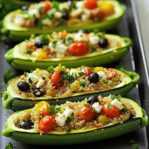 - 4 medium zucchinis - 1 cup cooked quinoa - 1 cup cherry tomatoes, halved - 1/2 cup black olives, pitted and chopped - 1/2 cup feta cheese, crumbled - 1/4 cup red onion, finely chopped - 2 cloves garlic, minced To start, zucchinis are the star of this dish. They provide a tender base to hold all the flavors. I recommend using medium zucchinis for the best texture. Next, add cooked quinoa. This gives the dish a hearty base and adds protein. Cherry tomatoes add sweetness and color. Their juiciness brightens the whole meal. Olives bring a salty bite that pairs well with the other ingredients. Feta cheese adds creaminess and tang. I like to crumble it for even distribution. Red onion offers a little crunch and sharpness, while minced garlic gives depth to the flavor. - 1 teaspoon dried oregano - 1/2 teaspoon cumin - 2 tablespoons olive oil - Salt and pepper to taste Seasoning is key for great taste. Dried oregano gives a classic Mediterranean flair. Cumin adds warmth and earthiness. Olive oil is essential for richness and helps blend all the flavors. Don't forget to add salt and pepper. They elevate every ingredient in the dish. - Fresh parsley Garnishing adds the finishing touch. Fresh parsley brightens the dish and adds a pop of color. It also brings a fresh flavor that balances the richness of the stuffing. For the Full Recipe, follow the steps provided, and enjoy making this flavorful and healthy dish! First, you need to cut the zucchinis. Slice them in half lengthwise. Use a spoon to scoop out the seeds. This will create a nice space for the filling. Place the hollowed zucchinis cut side up in a baking dish. Make sure they fit snugly. Next, prepare your baking dish. You can lightly coat it with olive oil. This helps the zucchinis cook evenly and adds flavor. Now, it’s time to make the filling. In a large bowl, combine the cooked quinoa, halved cherry tomatoes, chopped black olives, crumbled feta cheese, red onion, and minced garlic. Then, add the dried oregano and cumin. These spices give the dish its Mediterranean flavor. Mix everything together well. Drizzle olive oil over the mixture. Season it with salt and pepper to taste. Toss again to ensure all the ingredients are coated. Spoon the filling into the hollowed zucchinis. Pack it in well to avoid any spills during baking. Cover the baking dish with aluminum foil. Place it in the preheated oven at 375°F (190°C). Bake for about 25 minutes. This helps the zucchinis soften. After 25 minutes, remove the foil. Bake for an additional 10 minutes. This will make the tops golden and delicious. Once done, take them out of the oven. Let them cool for a few minutes. Garnish with fresh parsley before serving. For the complete process, check the Full Recipe. To get the best texture for your stuffed zucchini, adjust the cooking time. Start with 25 minutes covered in foil. This helps keep the zucchini soft. Then, bake uncovered for another 10 minutes. This allows the tops to get golden and slightly crisp. Aim for a tender bite, not mushy. You want a slight firmness that holds the stuffing well. Adding spices and herbs can elevate your dish. I love using dried oregano and cumin for a warm taste. You can also try adding a pinch of red pepper flakes for a kick. If you want to change the cheese, use goat cheese or mozzarella instead of feta. Each cheese adds its own unique flavor and creaminess. Garnishing makes your dish pop. I recommend using fresh parsley for a bright touch. A sprinkle of lemon zest also adds freshness and color. For serving, place the zucchini on a beautiful platter. This makes your meal look special. Pair it with a light salad or crusty bread for a complete meal. For the full recipe, check out the earlier section. {{image_2}} You can change the protein in stuffed zucchini easily. If you want to use ground meat, try turkey or chicken. These meats are lean and add great taste. Cook the meat in a pan before mixing it with the other filling ingredients. For a vegan option, skip the meat entirely. Use lentils or chickpeas instead. They provide protein and fiber, making the dish healthy. Adding mushrooms can also boost the texture and flavor. Zucchini is great, but other veggies can work too. Bell peppers are a colorful choice. Slice them in half and fill them just like zucchinis. They add a sweet crunch to your meal. Eggplant is another option. Cut it in half and scoop the insides out. Use the filling you made for zucchinis. Eggplant gives a rich flavor and is fun to try. You can play with flavors to make this dish unique. Incorporating Mediterranean twists like sun-dried tomatoes or artichoke hearts can add depth. These ingredients bring a taste of the coast to your table. Herbs can also change the game. Try fresh basil or mint for a refreshing twist. You can mix different herbs to find your favorite combination. Each herb adds its own flavor, making the dish even more special. For the full recipe, check out Mediterranean Stuffed Zucchini. To keep your Mediterranean stuffed zucchini fresh, store it in the fridge. Use an airtight container. This helps prevent moisture loss and keeps flavors intact. Always let the dish cool before sealing it. Leftovers last about 3 to 5 days in the fridge. When you want to reheat, use the oven for best results. Preheat to 350°F (175°C). Place the zucchini on a baking sheet and heat for about 15 minutes. This keeps the zucchini tender and the filling warm. You can also use a microwave. Heat in 30-second intervals until warmed through. Freezing is a great option if you want to make your stuffed zucchini last longer. Start by letting the dish cool completely. Wrap each piece tightly in plastic wrap, then place them in a freezer bag. Be sure to label the bags with the date. They can last up to 3 months in the freezer. When you're ready to eat, thaw the zucchini in the fridge overnight. After thawing, reheat as mentioned above. This keeps the flavors fresh and the texture nice. In the fridge, Mediterranean stuffed zucchini lasts about 3 to 5 days. If you freeze it, it can last 3 months. Check for signs of spoilage before eating. Look for changes in color or texture. If it has an off smell, it's best to toss it. Always prioritize safety when it comes to food! Yes, you can prepare Mediterranean Stuffed Zucchini ahead of time. This dish works well for meal prep. Here are some suggestions: - Prepare the filling: You can mix the quinoa, veggies, and spices a day in advance. - Stuff the zucchinis: Hollow out the zucchinis and fill them up a few hours before cooking. - Storage tips: Store the stuffed zucchinis in the fridge, covered tightly with plastic wrap or in an airtight container. They will stay fresh for up to two days. Stuffed zucchini pairs well with various side dishes. Here are some ideas: - Salad: A simple green salad with a light vinaigrette works great. - Grains: Serve with a side of couscous or rice for a complete meal. - Pairing suggestions: For a nice touch, add some crusty bread or a side of hummus. Yes, this recipe can be gluten-free. Here’s what to consider: - Ingredient considerations: The main ingredients are naturally gluten-free. Make sure your quinoa is certified gluten-free. - Making it gluten-free: If you want to add any additional ingredients, check their labels for gluten. Using gluten-free breadcrumbs can also enhance the texture if you choose to add them. This recipe guide covered the key ingredients and easy steps to make Mediterranean stuffed zucchini. You learned how to prepare the filling, bake the dish, and enhance flavors with tips and tricks. Remember, you can adjust ingredients or try new veggies for a twist. Storing leftovers properly will keep your dish fresh. Now, go ahead and create a delicious meal that is good for any occasion! Enjoy your cooking!