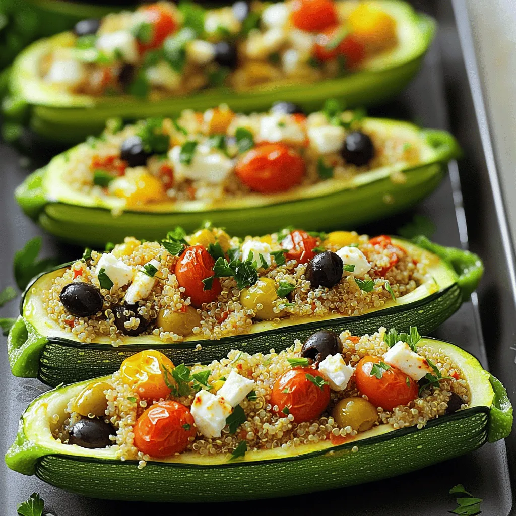 - 4 medium zucchinis - 1 cup cooked quinoa - 1 cup cherry tomatoes, halved - 1/2 cup black olives, pitted and chopped - 1/2 cup feta cheese, crumbled - 1/4 cup red onion, finely chopped - 2 cloves garlic, minced To start, zucchinis are the star of this dish. They provide a tender base to hold all the flavors. I recommend using medium zucchinis for the best texture. Next, add cooked quinoa. This gives the dish a hearty base and adds protein. Cherry tomatoes add sweetness and color. Their juiciness brightens the whole meal. Olives bring a salty bite that pairs well with the other ingredients. Feta cheese adds creaminess and tang. I like to crumble it for even distribution. Red onion offers a little crunch and sharpness, while minced garlic gives depth to the flavor. - 1 teaspoon dried oregano - 1/2 teaspoon cumin - 2 tablespoons olive oil - Salt and pepper to taste Seasoning is key for great taste. Dried oregano gives a classic Mediterranean flair. Cumin adds warmth and earthiness. Olive oil is essential for richness and helps blend all the flavors. Don't forget to add salt and pepper. They elevate every ingredient in the dish. - Fresh parsley Garnishing adds the finishing touch. Fresh parsley brightens the dish and adds a pop of color. It also brings a fresh flavor that balances the richness of the stuffing. For the Full Recipe, follow the steps provided, and enjoy making this flavorful and healthy dish! First, you need to cut the zucchinis. Slice them in half lengthwise. Use a spoon to scoop out the seeds. This will create a nice space for the filling. Place the hollowed zucchinis cut side up in a baking dish. Make sure they fit snugly. Next, prepare your baking dish. You can lightly coat it with olive oil. This helps the zucchinis cook evenly and adds flavor. Now, it’s time to make the filling. In a large bowl, combine the cooked quinoa, halved cherry tomatoes, chopped black olives, crumbled feta cheese, red onion, and minced garlic. Then, add the dried oregano and cumin. These spices give the dish its Mediterranean flavor. Mix everything together well. Drizzle olive oil over the mixture. Season it with salt and pepper to taste. Toss again to ensure all the ingredients are coated. Spoon the filling into the hollowed zucchinis. Pack it in well to avoid any spills during baking. Cover the baking dish with aluminum foil. Place it in the preheated oven at 375°F (190°C). Bake for about 25 minutes. This helps the zucchinis soften. After 25 minutes, remove the foil. Bake for an additional 10 minutes. This will make the tops golden and delicious. Once done, take them out of the oven. Let them cool for a few minutes. Garnish with fresh parsley before serving. For the complete process, check the Full Recipe. To get the best texture for your stuffed zucchini, adjust the cooking time. Start with 25 minutes covered in foil. This helps keep the zucchini soft. Then, bake uncovered for another 10 minutes. This allows the tops to get golden and slightly crisp. Aim for a tender bite, not mushy. You want a slight firmness that holds the stuffing well. Adding spices and herbs can elevate your dish. I love using dried oregano and cumin for a warm taste. You can also try adding a pinch of red pepper flakes for a kick. If you want to change the cheese, use goat cheese or mozzarella instead of feta. Each cheese adds its own unique flavor and creaminess. Garnishing makes your dish pop. I recommend using fresh parsley for a bright touch. A sprinkle of lemon zest also adds freshness and color. For serving, place the zucchini on a beautiful platter. This makes your meal look special. Pair it with a light salad or crusty bread for a complete meal. For the full recipe, check out the earlier section. {{image_2}} You can change the protein in stuffed zucchini easily. If you want to use ground meat, try turkey or chicken. These meats are lean and add great taste. Cook the meat in a pan before mixing it with the other filling ingredients. For a vegan option, skip the meat entirely. Use lentils or chickpeas instead. They provide protein and fiber, making the dish healthy. Adding mushrooms can also boost the texture and flavor. Zucchini is great, but other veggies can work too. Bell peppers are a colorful choice. Slice them in half and fill them just like zucchinis. They add a sweet crunch to your meal. Eggplant is another option. Cut it in half and scoop the insides out. Use the filling you made for zucchinis. Eggplant gives a rich flavor and is fun to try. You can play with flavors to make this dish unique. Incorporating Mediterranean twists like sun-dried tomatoes or artichoke hearts can add depth. These ingredients bring a taste of the coast to your table. Herbs can also change the game. Try fresh basil or mint for a refreshing twist. You can mix different herbs to find your favorite combination. Each herb adds its own flavor, making the dish even more special. For the full recipe, check out Mediterranean Stuffed Zucchini. To keep your Mediterranean stuffed zucchini fresh, store it in the fridge. Use an airtight container. This helps prevent moisture loss and keeps flavors intact. Always let the dish cool before sealing it. Leftovers last about 3 to 5 days in the fridge. When you want to reheat, use the oven for best results. Preheat to 350°F (175°C). Place the zucchini on a baking sheet and heat for about 15 minutes. This keeps the zucchini tender and the filling warm. You can also use a microwave. Heat in 30-second intervals until warmed through. Freezing is a great option if you want to make your stuffed zucchini last longer. Start by letting the dish cool completely. Wrap each piece tightly in plastic wrap, then place them in a freezer bag. Be sure to label the bags with the date. They can last up to 3 months in the freezer. When you're ready to eat, thaw the zucchini in the fridge overnight. After thawing, reheat as mentioned above. This keeps the flavors fresh and the texture nice. In the fridge, Mediterranean stuffed zucchini lasts about 3 to 5 days. If you freeze it, it can last 3 months. Check for signs of spoilage before eating. Look for changes in color or texture. If it has an off smell, it's best to toss it. Always prioritize safety when it comes to food! Yes, you can prepare Mediterranean Stuffed Zucchini ahead of time. This dish works well for meal prep. Here are some suggestions: - Prepare the filling: You can mix the quinoa, veggies, and spices a day in advance. - Stuff the zucchinis: Hollow out the zucchinis and fill them up a few hours before cooking. - Storage tips: Store the stuffed zucchinis in the fridge, covered tightly with plastic wrap or in an airtight container. They will stay fresh for up to two days. Stuffed zucchini pairs well with various side dishes. Here are some ideas: - Salad: A simple green salad with a light vinaigrette works great. - Grains: Serve with a side of couscous or rice for a complete meal. - Pairing suggestions: For a nice touch, add some crusty bread or a side of hummus. Yes, this recipe can be gluten-free. Here’s what to consider: - Ingredient considerations: The main ingredients are naturally gluten-free. Make sure your quinoa is certified gluten-free. - Making it gluten-free: If you want to add any additional ingredients, check their labels for gluten. Using gluten-free breadcrumbs can also enhance the texture if you choose to add them. This recipe guide covered the key ingredients and easy steps to make Mediterranean stuffed zucchini. You learned how to prepare the filling, bake the dish, and enhance flavors with tips and tricks. Remember, you can adjust ingredients or try new veggies for a twist. Storing leftovers properly will keep your dish fresh. Now, go ahead and create a delicious meal that is good for any occasion! Enjoy your cooking!