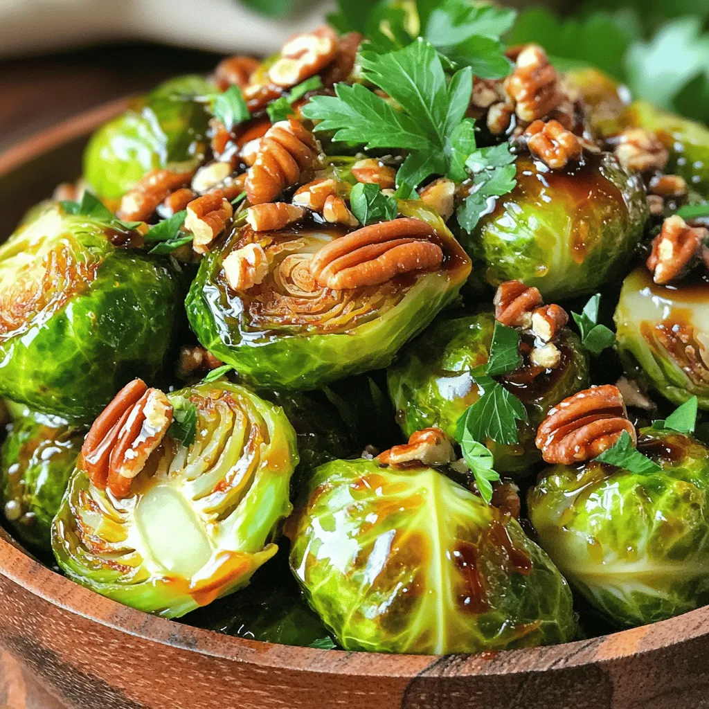 To make tasty roasted maple Brussels sprouts, you need: - 1 lb Brussels sprouts, trimmed and halved - 3 tablespoons olive oil - 1/4 cup pure maple syrup - 1 teaspoon Dijon mustard - 1/2 teaspoon garlic powder - 1/2 teaspoon salt - 1/4 teaspoon black pepper These ingredients work together to create a sweet and savory dish. The Brussels sprouts caramelize beautifully, adding a lovely flavor. The maple syrup gives them a nice sweetness that balances the bitterness of the sprouts. You can add a few optional ingredients to make your dish even better: - 1/4 cup chopped pecans - 2 tablespoons balsamic vinegar (for drizzling) Chopped pecans add a nice crunch. Balsamic vinegar gives a tangy taste that can brighten the whole dish. Both options enhance the flavor and texture. To prepare this dish, you will need: - A large bowl - A whisk for mixing - A baking sheet - Parchment paper (for easy cleanup) - A spatula for stirring Having the right tools makes cooking easier. It helps you mix well and roast evenly. With these tools, you'll create a beautiful dish everyone will love. For the full recipe, check out the detailed instructions provided. Start by washing the Brussels sprouts well. Trim the ends and cut them in half. This helps them cook evenly. You want them to be bite-sized. Make sure to remove any yellow leaves. These can burn in the oven. Once they are clean and cut, set them aside. In a large bowl, combine these ingredients: - 3 tablespoons olive oil - 1/4 cup pure maple syrup - 1 teaspoon Dijon mustard - 1/2 teaspoon garlic powder - 1/2 teaspoon salt - 1/4 teaspoon black pepper Whisk everything together until it is smooth. The maple syrup adds a sweet touch, while the mustard gives a nice kick. This glaze makes the sprouts shine when they roast. Preheat your oven to 425°F (220°C). Line a baking sheet with parchment paper. This helps with cleanup and prevents sticking. Add the halved Brussels sprouts to the bowl with the glaze. Toss them well to coat each sprout evenly. Spread them out on the baking sheet. Make sure they are not too crowded. This helps them roast instead of steam. Roast in the oven for about 20-25 minutes. Halfway through, stir them to ensure even cooking. You want them to turn golden brown and tender. If you like crunch, sprinkle the chopped pecans over the top for the last 5 minutes. For a final touch, drizzle with balsamic vinegar after roasting. This adds a zesty flavor and makes the dish pop. For a complete guide, check out the Full Recipe. To cook Brussels sprouts evenly, cut them in half. This helps them roast well. Spread them out on the baking sheet. Leave space between each sprout. Overcrowding can lead to steaming, not roasting. Stir them halfway through cooking. This ensures all sides get that nice caramelized look. You can add more flavor to your Brussels sprouts. Try adding a splash of lemon juice. A bit of zest brightens the dish. If you love spice, add a pinch of red pepper flakes. This gives a nice kick. You can also mix in fresh herbs like thyme or rosemary. They add a lovely aroma to the dish. Serve your roasted Brussels sprouts in a rustic wooden bowl. It makes the dish look inviting. Top with fresh parsley for color. You can also sprinkle extra pecans on top for crunch. Drizzle with balsamic vinegar for a tangy finish. For a complete meal, pair them with roasted chicken or a hearty grain like quinoa. Explore the [Full Recipe] for more details! {{image_2}} You can switch up the nuts in this recipe. Try almonds, walnuts, or hazelnuts for a tasty twist. Each nut adds a unique crunch and flavor. If you want something lighter, use seeds like pumpkin or sunflower seeds. They give great texture and a nutty taste. To add them, simply sprinkle them on the sprouts during the last few minutes of roasting. If you want to change the sweetness, use honey or agave syrup instead of maple syrup. Both options keep the dish sweet but add their own flavors. You can also try brown sugar or coconut sugar. These sweeteners create a lovely caramelization when roasted. Just keep in mind that each sweetener will change the final taste a bit. This dish is already vegetarian, but it can easily be made vegan. Just ensure the maple syrup is pure and not mixed with other ingredients. You can also skip the pecans if you have a nut allergy. For a hint of extra flavor, add a splash of lemon juice before serving. This brightens up the dish and complements the sweet glaze. For the full recipe, check out the details above. Enjoy customizing your Roasted Maple Brussels Sprouts! After enjoying your roasted maple Brussels sprouts, store leftovers in an airtight container. Make sure to let them cool first. Keeping them sealed helps keep the flavors fresh. Place the container in the fridge. The sprouts will stay good for about three days. To enjoy your Brussels sprouts again, reheating is key. Preheat your oven to 350°F. Spread the sprouts on a baking sheet. Heat for about 10-15 minutes until warmed through. This method keeps them crispy and delicious. You can also use the microwave, but they may lose some crunch. Freezing roasted Brussels sprouts is possible but may change their texture. If you want to freeze them, first let them cool completely. Then, spread them on a baking sheet. Freeze them for about two hours until firm. Once frozen, transfer them to a freezer bag. They can last for up to three months in the freezer. When you’re ready to eat them, thaw in the fridge and reheat as mentioned earlier. For the best flavor, try to use them soon after freezing. Yes, you can use frozen Brussels sprouts. However, they may not roast as well as fresh sprouts. Frozen sprouts often have more moisture. This can make them soggy when roasted. If you choose frozen, thaw them first and pat them dry. This helps to keep them crispy. To make the dish less sweet, reduce the maple syrup. You can cut the syrup to 2 tablespoons instead of 1/4 cup. You can also add more garlic powder or Dijon mustard. This adds depth without adding more sweetness. Consider using balsamic vinegar for a tangy kick, too. Roasted Maple Brussels Sprouts pair well with many meals. They go great with roasted chicken or pork. You can also serve them with quinoa or rice for a vegetarian option. Try adding them to a holiday feast alongside mashed potatoes and gravy. The sweet and savory combo adds a nice touch to any plate. For the full recipe, check out the details provided above. Roasted Maple Brussels Sprouts are tasty and easy to make. We covered the key ingredients, step-by-step prep, and roasting tips. You learned about flavor enhancements and serving ideas too. Incorporating variations like different nuts can add fun to the dish. Remember to store leftovers properly for the best flavor. Try these tips and enjoy your savory treats!