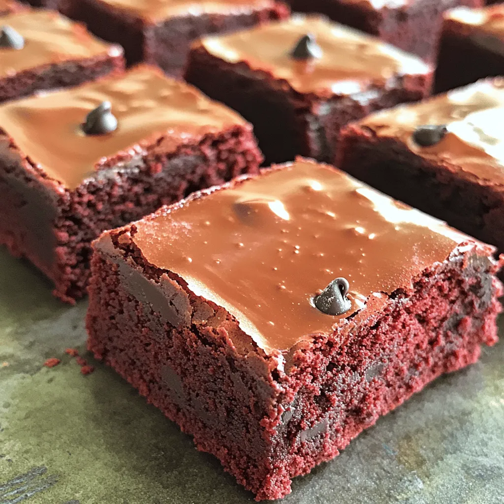 To make fudgy red velvet brownies, you'll need the following: - 1 cup all-purpose flour - 1/2 cup unsweetened cocoa powder - 1 cup granulated sugar - 1/2 cup brown sugar, packed - 1/2 cup unsalted butter, melted - 2 large eggs - 1 tablespoon red food coloring - 1 teaspoon vanilla extract - 1/2 teaspoon baking powder - 1/4 teaspoon salt - 1/2 cup chocolate chips (optional) These ingredients blend to create a rich and soft texture. When you pick your ingredients, freshness matters. Look for: - Fresh Eggs: Check the date on the carton. Fresh eggs help with structure. - Quality Cocoa Powder: Use a brand you trust. It impacts the flavor. - Real Vanilla Extract: It adds a deep, warm taste. Avoid imitation. - High-Quality Butter: Go for unsalted and fresh for the best flavor. Good ingredients make great brownies. You can adjust the recipe to fit different diets. Here are some options: - Gluten-Free: Swap all-purpose flour with a gluten-free flour blend. - Vegan: Use flax eggs (1 tablespoon ground flaxseed mixed with 3 tablespoons water per egg) and coconut oil in place of butter. - Low-Sugar: Substitute granulated sugar with a sugar alternative like stevia or erythritol. These changes let everyone enjoy fudgy red velvet brownies. For the full recipe, check the link provided. Start by preheating your oven to 350°F (175°C). Grease a 9x9-inch baking pan or line it with parchment paper. In a large bowl, mix melted butter, granulated sugar, and brown sugar. Stir until smooth. Next, add in the eggs, one at a time. Mix well after each egg. Then, add red food coloring and vanilla extract. In another bowl, combine flour, cocoa powder, baking powder, and salt. Sift these dry ingredients together. Slowly add the dry mix to the wet mix. Stir until just combined, so the brownies stay fudgy. If you love chocolate, fold in chocolate chips. Pour the thick brownie batter into your prepared pan. Use a spatula to smooth the top. Bake for 25 to 30 minutes. To check if they are done, insert a toothpick into the center. If it comes out with moist crumbs, your brownies are ready. Watch the time closely. Overbaking can make them dry. Once baked, let the brownies cool in the pan for about 10 minutes. This helps them set and makes it easier to cut. After 10 minutes, transfer them to a wire rack to cool completely. When cool, cut them into squares. You can serve them plain or with ice cream. Enjoy your fudgy red velvet brownies! For the full recipe, check earlier in the article. For the best fudgy texture, use melted butter. It helps create a rich, moist base. Don’t overmix your batter; just stir until the flour disappears. This keeps your brownies from becoming too cake-like. Bake them just right; pull them out when a toothpick shows moist crumbs. A little underbaking gives you that gooey bite. One big mistake is using old ingredients. Fresh baking powder and flour make a big difference. Also, avoid using too much flour. This can dry out your brownies. Don’t skip the cooling step; cutting them too soon makes a mess. Lastly, resist the urge to add too many mix-ins. Keep it simple for the best flavor. Using the right tools helps a lot. A 9x9-inch baking pan works great for even baking. Parchment paper makes it easy to lift out the brownies. A good mixing bowl and spatula ensure everything blends well. An oven thermometer helps keep your temp just right. Lastly, a sharp knife is key for straight, clean cuts. For the full recipe, check out the details above. Enjoy baking! {{image_2}} You can change up your fudgy red velvet brownies easily. Try adding nuts for a crunch. Walnuts or pecans work great. You can mix in different chocolates too. White chocolate chips add a sweet twist. Dark chocolate offers a rich flavor. You can even swirl in cream cheese for a cheesecake style. Each addition brings a new taste to your brownies. Want to make these brownies fit your diet? You can go gluten-free by swapping all-purpose flour with almond flour or gluten-free flour. For vegan brownies, use flax eggs instead of regular eggs. Just mix one tablespoon of ground flaxseed with three tablespoons of water. Let it sit for five minutes to thicken. You can also use coconut oil instead of butter for a dairy-free option. Serve these brownies warm for the best taste. A scoop of vanilla ice cream on top makes a perfect match. You can dust them with powdered sugar for a pretty finish. Pair with fresh berries for a tasty contrast. A drizzle of chocolate or caramel sauce adds extra sweetness. Enjoy your fudgy red velvet brownies with a cup of coffee or a glass of milk. Each bite is a delight! For the complete recipe, check the Full Recipe section. To keep your fudgy red velvet brownies fresh, place them in an airtight container. Make sure the brownies are completely cool before sealing them. For extra protection, you can wrap them in plastic wrap first. This helps keep the moisture in and prevents them from drying out. Store them at room temperature for the best taste. If you want to save some for later, freezing is a great option. Cut the brownies into squares and layer them between sheets of parchment paper in a freezer-safe bag. Be sure to squeeze out as much air as possible before sealing the bag. This helps avoid freezer burn. They can last up to three months in the freezer. When stored properly, fudgy red velvet brownies last about 4 to 5 days at room temperature. If you refrigerate them, they may last up to a week. However, I find they taste best fresh. For long-term storage, freezing is the way to go. You can enjoy your brownies later, just like they were freshly baked! Check the center of your brownies with a toothpick. If it comes out with a few moist crumbs, they are ready. If the toothpick has wet batter on it, bake a bit longer. I recommend starting to check around 25 minutes. The edges may look set, but the center should still be soft. This gives you that fudgy texture you want. Yes, you can use beet juice or pomegranate juice for a natural option. These alternatives give a red hue but may change the taste slightly. If you want a classic red velvet look, use gel food coloring. It gives a vibrant color without adding extra liquid to the batter. Always test the color to get your desired shade. You can store them in an airtight container. They stay fresh for up to four days at room temperature. For a fun twist, crumble the brownies over ice cream. This adds a rich flavor and texture. You can also make brownie milkshakes by blending them with vanilla ice cream and milk. For the full recipe, check above. This recipe makes 16 squares. Each square is a perfect portion for a sweet treat. Enjoy them with coffee or milk for a tasty snack! You learned how to make fudgy red velvet brownies from start to finish. We covered quality ingredients, mixing techniques, and baking tips. You also saw how to avoid common mistakes and tried new flavors. Remember, storing your brownies right keeps them fresh and tasty. Enjoy sharing these brownies with friends or family. With these tips, you will impress everyone with your baking skills. Happy baking!
