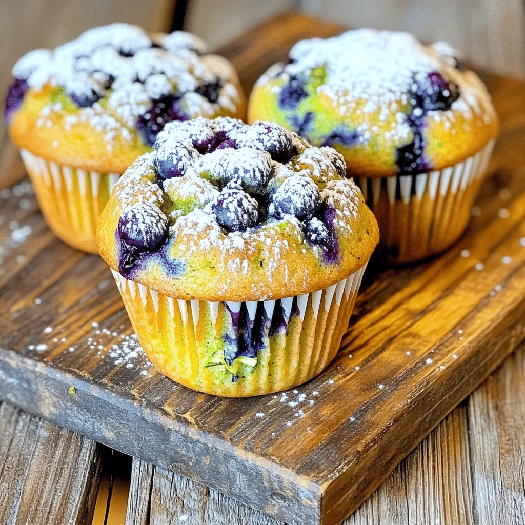 - 1 medium zucchini, grated - 1 cup fresh blueberries (or frozen) - 1 ½ cups all-purpose flour - ½ cup granulated sugar - ½ cup brown sugar, packed I love using zucchini in muffins. It adds moisture without changing the taste. Blueberries give a burst of flavor and color. You want the flour mix to hold everything together. The sugars sweeten without being too much. - 1 teaspoon baking powder - ½ teaspoon baking soda - ½ teaspoon salt - ½ teaspoon cinnamon - 2 large eggs - ½ cup vegetable oil - 1 teaspoon vanilla extract - ½ cup Greek yogurt Baking powder and soda help the muffins rise. Salt enhances the other flavors. Cinnamon adds warmth and depth. Eggs bind the ingredients and add richness. Oil keeps the muffins moist, while vanilla gives a lovely aroma. Greek yogurt adds creaminess and a slight tang. - Alternatives for Greek yogurt: You can use sour cream or applesauce instead. - Vegan options: Replace eggs with flax eggs and use a plant-based yogurt. These substitutions keep your muffins tasty and fun! Whether you need dairy-free or egg-free options, you can still enjoy these fluffy treats. For the full recipe, refer to the beginning of this article. Preparing the muffins starts with the zucchini and blueberries. First, wash the zucchini well. Then, grate it using a box grater. You want about one medium zucchini. For the blueberries, rinse them under cool water. If you use frozen blueberries, you can skip this step. Next, mix the wet and dry ingredients. In a large bowl, combine the grated zucchini, granulated sugar, brown sugar, eggs, vegetable oil, vanilla extract, and Greek yogurt. Stir these until they blend smoothly. In another bowl, whisk together the flour, baking powder, baking soda, salt, and cinnamon. Now, add the dry mix to the wet mix. Stir gently until just combined. It’s okay to have a few lumps in the batter. Finally, fold in the blueberries carefully so they don’t break. Time to fill the muffin tin! Line it with paper liners or grease it well. Use a scoop to divide the batter evenly among the muffin cups. Fill each cup about three-quarters full to allow room for rising. Now, bake in the preheated oven at 350°F (175°C) for 18-22 minutes. Check for doneness by inserting a toothpick in the center. If it comes out clean, they’re ready. If not, give them a few more minutes. After baking, let the muffins cool in the pan for about 5 minutes. This makes them easier to remove. Then, transfer them to a wire rack to cool completely. For serving, you can dust the muffins with powdered sugar. Another idea is to add a dollop of whipped cream. This adds a nice touch and makes them even more enjoyable. For the full recipe, check out the detailed instructions above. To make your muffins fluffy, avoid overmixing the batter. When you mix too much, you break down the flour. This can make your muffins dense instead of light and airy. Stir just until you combine the wet and dry ingredients. You want a few lumps in the batter. This helps keep the texture nice. Also, use eggs at room temperature. Cold eggs can slow down the mixing process. This leads to uneven batter and can affect how the muffins rise. Simply take your eggs out of the fridge an hour before you bake. You can boost flavor by adding nuts or spices. Chopped walnuts or pecans add crunch. A pinch of nutmeg or a dash of ginger can give warmth and depth to the muffins. Feel free to experiment with what you like! Adjusting sweetness is another way to personalize your muffins. If you want less sugar, reduce the granulated sugar. You can also swap in honey or maple syrup. Just remember to balance the wet and dry ingredients. If your muffins are dense, check your mixing technique. Did you overmix? If so, try again but mix gently. Another tip is to make sure your baking powder and baking soda are fresh. Old leaveners can lead to flat muffins. If you find your muffins are undercooked inside, it might be due to your oven's temperature. Every oven varies slightly. Use an oven thermometer to check if it’s accurate. If they need more time, bake for a few extra minutes. Just keep an eye on them to avoid burning. For the Full Recipe, refer to the section above. {{image_2}} You can swap in different fruits for a fresh twist. Try using chopped strawberries or raspberries. These fruits add a different taste and color. You can also mix fruits together. This makes each bite exciting and fun. For gluten-free options, use a gluten-free flour mix. Make sure it has a good blend of starches. This can help your muffins stay fluffy. You can also add a bit of xanthan gum. This helps bind the ingredients together. In fall, you can add pumpkin to your muffins. Use about half a cup of pure pumpkin puree. This will give your muffins a warm, cozy flavor. You can also sprinkle in some nutmeg to enhance the fall vibe. For winter, consider adding cranberries. They bring a tartness that pairs well with blueberries. Use about a cup of fresh or dried cranberries. This change gives your muffins a festive touch during the holidays. You can make sugar-free versions with natural sweeteners. Try using mashed bananas or applesauce instead of sugar. These options make the muffins healthier and keep them moist. For nut-free adjustments, simply skip any nuts. You can also use seeds like sunflower seeds or pumpkin seeds. This keeps your muffins safe for those with nut allergies while still adding a nice crunch. To keep your fluffy blueberry zucchini muffins fresh, store them in an airtight container. Use wax paper or a paper towel to line the container. This helps absorb any excess moisture and keeps the muffins soft. For short-term storage, they stay fresh at room temperature for up to three days. If you want to save them longer, freezing is a great option. Wrap each muffin tightly in plastic wrap, then place them in a freezer-safe bag. They can last up to three months in the freezer. When it's time to enjoy your muffins again, reheating them brings back that fresh-baked taste. The best methods are using a microwave or an oven. In the microwave, heat one muffin for about 15-20 seconds. For a crispier texture, use the oven. Preheat the oven to 350°F (175°C), then warm the muffins for about 5-10 minutes. To keep muffins moist, cover them with foil while reheating. At room temperature, muffins last about three days. If you store them in the fridge, they can last up to a week. Always check for signs of spoilage before eating. Look for mold, an off smell, or a dry texture. If any of these are present, it’s best to discard them. With proper care, your fluffy blueberry zucchini muffins will stay delicious! Yes, you can use frozen blueberries for these muffins. Just add them straight from the freezer. Do not thaw them first. This keeps the batter from turning blue. Frozen blueberries can make the muffins just as tasty! You should wash the zucchini and then grate it. No need to peel it! Grating makes it mix well into the batter. It adds moisture without changing the taste. After grating, gently squeeze out some water. This helps keep the muffins fluffy. Absolutely! You can bake the muffins a day in advance. Just store them in an airtight container. They stay fresh at room temperature. You can also freeze them for up to three months. This makes for a quick breakfast anytime. Serve the muffins warm for the best taste. You can dust them with powdered sugar or add whipped cream on top. They’re also great with a cup of coffee or tea. Enjoying them fresh makes every bite special! Yes, these muffins are perfect for kids! They are sweet and full of flavor. The zucchini adds nutrition without being too green. Kids will love the blueberries bursting in every bite. Plus, they are easy to hold and eat. You’ve learned how to make Fluffy Blueberry Zucchini Muffins with ease. With simple ingredients and straightforward steps, you can create a tasty treat. Remember, the key is to not overmix the batter for that perfect fluffy texture. Feel free to explore different flavors and make substitutions that suit your needs. Storing these muffins properly ensures they stay fresh and delicious longer. Now, it’s your turn to try this recipe and enjoy the joy of baking. Happy muffin-making!