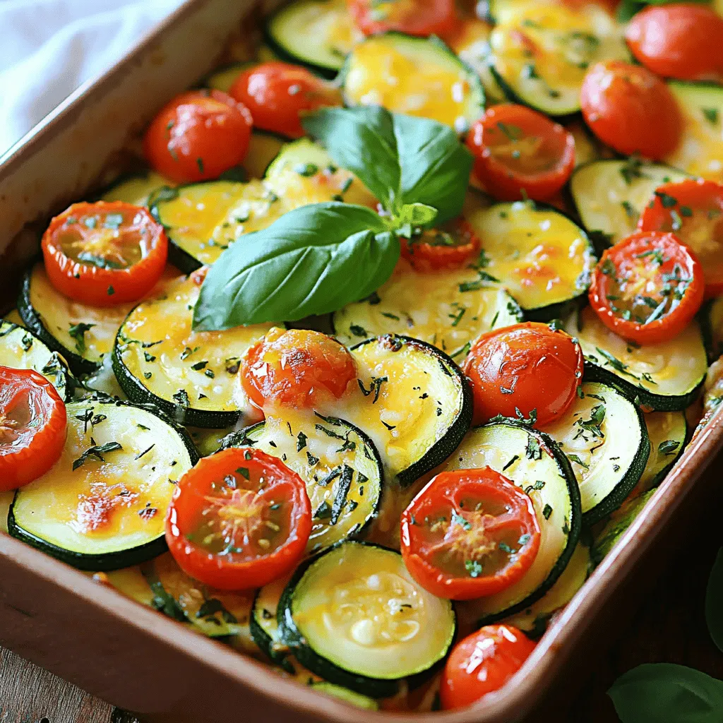 This Healthy Zucchini Tomato Bake is a simple, tasty dish. It uses fresh veggies and is easy to make. You can find the full recipe at the top of this section. To make this dish, gather these ingredients: - 3 medium zucchinis, sliced into rounds - 3 large tomatoes, sliced - 1 cup cherry tomatoes, halved - 1 medium red onion, thinly sliced - 4 cloves garlic, minced - 1 teaspoon dried oregano - 1 teaspoon dried basil - 1 cup shredded mozzarella cheese (or a dairy-free alternative) - 2 tablespoons olive oil - Salt and pepper to taste - Fresh basil leaves for garnish Each serving of this bake is healthy and filling. It provides: - Calories: 210 - Protein: 10g - Fat: 14g - Carbohydrates: 16g - Fiber: 4g - Sugars: 4g This dish offers a great way to enjoy fresh veggies. It is also low in calories, making it a good choice for many diets. First, gather your ingredients. You will need zucchinis, tomatoes, cherry tomatoes, red onion, garlic, herbs, cheese, and olive oil. Slice the zucchinis and tomatoes into even rounds. Thinly slice the red onion. Mince the garlic. In a large mixing bowl, combine these sliced veggies. Pour the olive oil over them. Then, sprinkle with oregano, basil, salt, and pepper. Toss everything well so the flavors mix. Now, preheat your oven to 375°F (190°C). Take a baking dish and layer half of your vegetable mix at the bottom. Sprinkle half of the shredded mozzarella cheese on top. Then, add the rest of the vegetable mix. Finish by adding the remaining cheese. Cover your dish with aluminum foil. Bake it for 20 minutes. After that, remove the foil and bake for another 15 to 20 minutes. Look for the cheese to be golden and bubbly, and the veggies tender. Once baked, take the dish out of the oven. Let it cool for a few minutes. Garnish with fresh basil leaves for a nice touch. Serve it warm. This dish pairs well with a simple salad or crusty bread. Enjoy your flavorful Healthy Zucchini Tomato Bake! For a detailed recipe, check the Full Recipe section above. Cutting your veggies right helps them cook evenly. First, wash the zucchinis and tomatoes well. Use a sharp knife for clean cuts. Slice the zucchini into thin rounds, about a quarter-inch thick. This thinness helps it cook faster. For tomatoes, aim for similar thickness. The onion should be sliced thin too. This way, all the veggies cook at the same time. Layering matters in this dish. Start with half of the zucchini and tomato mix in your baking dish. Spread it out evenly. Then, sprinkle half of the cheese on top. This first layer will cook well and help flavor the dish. Add the rest of the veggie mix on top. Finish with the remaining cheese. This layering ensures everything cooks evenly and flavors blend nicely. Not everyone eats cheese, and that’s okay! If you want a dairy-free option, try using a nut-based cheese. They melt well and taste great. You can also use nutritional yeast for a cheesy flavor without dairy. If you prefer lower-fat options, try part-skim mozzarella or ricotta. Each choice gives a unique taste and fits different needs. {{image_2}} You can switch up this dish easily. Try adding other veggies like bell peppers or spinach for extra flavor and nutrition. You might want to toss in some mushrooms for a hearty touch. If you love spice, add red pepper flakes to kick things up. For a protein boost, consider adding cooked chicken or beans. Each ingredient changes the taste and makes it unique. If you want to mix things up, there are other ways to cook this zucchini tomato bake. You could grill it instead. Simply layer the veggies in a grill-safe dish and cover it with foil. Cook over medium heat until everything is tender. Another option is to sauté the vegetables on the stove. This method gives a nice, smoky flavor. You can also use an air fryer for a crispy texture. Just adjust the cooking time for your air fryer model. This dish is great for many occasions. For a cozy family dinner, serve it with crusty bread and a fresh salad. If you’re hosting a party, cut it into small squares for easy serving. You can also pair it with pasta for a filling meal. Looking for a light lunch? Enjoy it cold or at room temperature with a side of yogurt. Each way lets you enjoy this dish differently, keeping it fun and fresh. Store your Healthy Zucchini Tomato Bake in an airtight container. Let the dish cool to room temperature before sealing. This helps keep it fresh. You can keep it in the fridge for about three to four days. If you want to keep it longer, consider freezing. To freeze, first let the bake cool completely. Cut it into portions for easy use later. Wrap each portion tightly in plastic wrap. Then place them in a freezer bag or container. This way, it stays fresh for about two to three months. When you're ready to eat, just thaw it in the fridge overnight. When reheating, use an oven for the best texture. Preheat the oven to 350°F (175°C). Place the bake in an oven-safe dish. Cover it with foil to keep it moist. Heat for about 20 minutes or until it's warmed through. If you want it crispy, remove the foil for the last few minutes. Enjoy your meal just like the first time! Yes, you can make this dish ahead of time. Prepare it, then store it in the fridge. Cover it tightly with plastic wrap or foil. It stays fresh for up to two days. When ready to eat, just reheat it in the oven. This method helps the flavors mix well. If you want a cheese substitute, try feta or goat cheese. These cheeses add a tangy flavor. For a dairy-free option, use vegan mozzarella. Nutritional yeast can also give a cheesy taste without dairy. Just sprinkle it on top before baking for a tasty twist. Yes, this recipe is great for meal prep. You can make a big batch and portion it. Store it in individual containers for easy meals. It reheats well in the microwave or oven. You can enjoy this healthy dish throughout the week. For the full recipe, check the details above. In this article, we explored the key ingredients, step-by-step instructions, and useful tips for making this dish. You learned about variations and how to store leftovers properly. Each section aimed to help you create a delicious meal with ease. Remember, your choices, like cheese substitutes and cooking methods, can make it unique. Now, you are ready to try it out and impress family or friends. Enjoy your cooking journey!