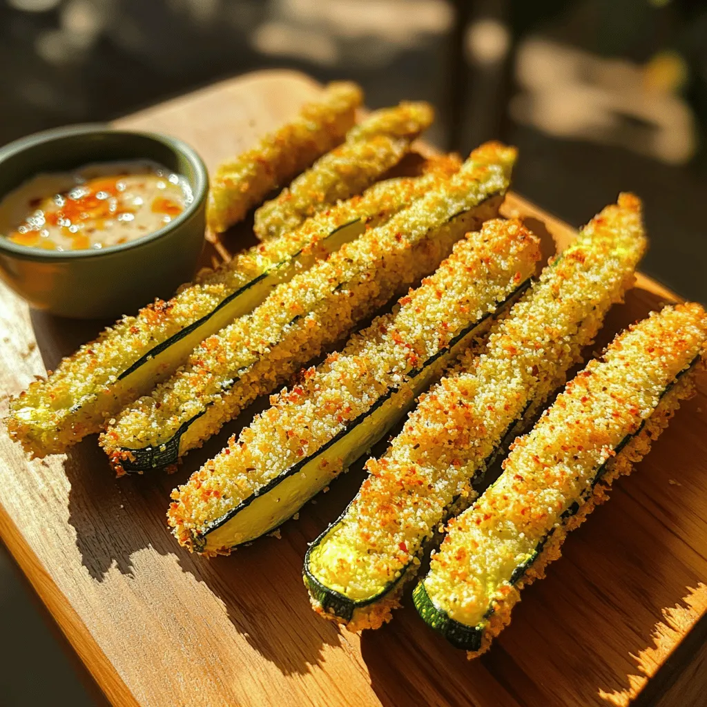 To make air fryer zucchini fries, gather the following items: - 2 medium zucchinis, cut into fry shapes - 1/2 cup all-purpose flour - 2 large eggs, beaten - 1 cup breadcrumbs (preferably panko for extra crunch) - 1 teaspoon garlic powder - 1 teaspoon onion powder - 1 teaspoon paprika - Salt and pepper to taste - Olive oil spray These simple ingredients create a tasty snack. Zucchinis are low in calories and full of nutrients. You can use all-purpose flour for coating, but gluten-free flour works too. The eggs help the breadcrumbs stick well to the zucchini. Panko breadcrumbs give extra crunch. Seasoning is key. Garlic powder, onion powder, and paprika add great flavor. Adjust salt and pepper to your liking. Olive oil spray helps achieve that perfect crispiness. For the full recipe, check out the section above. Enjoy making these delicious zucchini fries! - Preheating the Air Fryer Start by preheating your air fryer to 400°F (200°C). This step is key for even cooking. - Setting up the Breading Station Use three shallow bowls. In the first, add 1/2 cup all-purpose flour. The second bowl should hold 2 beaten eggs. In the third, mix 1 cup of breadcrumbs with 1 teaspoon garlic powder, 1 teaspoon onion powder, 1 teaspoon paprika, salt, and pepper. This setup makes coating easy. - Coating the Zucchini Fries Take each zucchini fry and first coat it in the flour. Shake off any extra flour. Next, dip it in the egg, making sure it is fully covered. Finally, roll it in the breadcrumb mix, pressing gently so the crumbs stick well. - Placing Zucchini Fries in the Air Fryer Arrange the coated zucchini fries in the air fryer basket. Keep them in a single layer for the best results. Lightly spritz them with olive oil spray. This adds to their crunchiness. - Cooking Time and Temperature Cook the fries for about 10-12 minutes. Flip them halfway through to ensure they brown evenly. You want them golden brown and crispy. - Checking for Doneness Once the time is up, check the fries. They should be golden and crispy. If they need more time, pop them back in for a few minutes. - Serving Suggestions Let the zucchini fries cool slightly before serving. They pair well with dips like ranch or marinara. You can also serve them as a side dish with your favorite meal. For the complete recipe, check out the Full Recipe. To get the best crunch from your zucchini fries, olive oil spray is key. A light spritz helps the fries brown nicely. It’s important not to drown them in oil. Just a few sprays will do. This keeps them crispy without being soggy. Using panko breadcrumbs also makes a big difference. Panko is lighter and flakier than regular breadcrumbs. This gives your fries that perfect crunch. They will turn golden brown and crisp in the air fryer. Make sure to adjust the seasoning to your taste. Start with the basics like salt and pepper. From there, you can add more spices if you want. Garlic powder, onion powder, and paprika are great for flavor. You can also try flavor variations. Add parmesan cheese for a cheesy touch. Or mix in some Italian herbs for a fresh taste. Experimenting with spices can make each batch unique. One common mistake is overcrowding the basket. If you pile too many fries in, they won’t cook evenly. Give them space to crisp up. Cook in batches if needed. Another mistake is using the wrong cooking temperature. Preheat your air fryer to 400°F (200°C). This helps the fries cook quickly and evenly. If it's too low, they may end up soft instead of crispy. {{image_2}} You can make zucchini fries even more fun by using other veggies. Here are two great choices: - Sweet Potato Fries: Sweet potatoes add a sweet taste and a nice color. Cut them into fry shapes, coat them like zucchini, and air fry. They will turn crispy and delicious. - Eggplant Fries: Eggplant has a unique flavor and texture. Slice it into fry shapes, salt it a bit, and let it rest. This will remove some moisture. Then, bread and cook it just like the zucchini. You can switch up how you bread your fries for different flavors. Here are a couple of ideas: - Gluten-Free Options: Use almond flour or crushed gluten-free crackers instead of regular flour. For the breadcrumbs, you can use gluten-free panko. This way, everyone can enjoy the fries. - Spicing Things Up: Add your favorite spices to the breadcrumbs. Consider chili powder, cumin, or even some Italian herbs. This gives your fries a unique kick and makes them extra tasty. Now that your fries are done, think about how to serve them. Here are some ideas: - Dipping Sauces: Pair your fries with tasty dips. Try ranch, spicy mayo, or garlic aioli. These sauces add a burst of flavor and make the meal more fun. - Pairing with Meals: These fries are a great side for many dishes. Serve them with burgers, grilled chicken, or even a fresh salad. They add crunch and flavor to any meal. For the full recipe on making these tasty air fryer zucchini fries, check out the [Full Recipe]. After you enjoy your air fryer zucchini fries, store any leftovers properly. - Refrigeration Tips: Place the cooled fries in an airtight container. Keep them in the fridge for up to three days. This way, they stay fresh and tasty. - Freezing Zucchini Fries: If you want to save them longer, freeze the fries. Lay them flat on a baking sheet until frozen. Then, transfer them to a freezer-safe bag. They can last up to three months in the freezer. When you want to enjoy your leftover fries, reheating them is simple. - Best Methods for Reheat: The best way to reheat zucchini fries is in the air fryer. This keeps them crispy. You can also use a conventional oven. Set it to 375°F (190°C) and bake for about 5-7 minutes. - Re-crisping in Air Fryer: For the air fryer, heat it to 350°F (175°C). Place the fries in a single layer, and cook for about 3-5 minutes. Check them often to avoid burning. Knowing how long your zucchini fries last helps you plan meals. - How Long Do They Last? When stored in the fridge, zucchini fries last about three days. In the freezer, they can last three months. - Signs of Spoilage: Look for signs like a sour smell or slimy texture. If they smell off or feel mushy, it’s best to toss them. Enjoy your air fryer zucchini fries fresh whenever possible. For the full recipe, check out the main section. Cook zucchini fries in your air fryer for about 10-12 minutes. Set the temperature to 400°F (200°C). Flip them halfway for even cooking. You want them golden brown and crispy. This timing works well for most air fryers. Yes, you can prep them ahead. Cut the zucchinis and coat them as the recipe says. Store them in the fridge for a few hours. When ready, just pop them in the air fryer. They will still taste great! Zucchini fries pair nicely with many sauces. Here are some tasty options: - Ranch dressing - Marinara sauce - Garlic aioli - Spicy ketchup Feel free to mix and match! Zucchini fries are a healthier snack. Zucchini is low in calories and high in nutrients. The air fryer uses less oil than frying. You can enjoy them without guilt! You can bake zucchini fries in the oven. Preheat your oven to 425°F (220°C). Place the coated zucchini on a baking sheet. Bake for about 20-25 minutes, flipping halfway. They may not be as crispy, but they will still taste great! Check the [Full Recipe] for more details. In this guide, we explored how to make tasty air fryer zucchini fries. We covered ingredients, preparation steps, and cooking techniques to achieve crispiness. You learned how to avoid common mistakes and tried variations with other veggies and sauces. Keeping leftovers and reheating correctly ensures you enjoy these fries later. In summary, air fryer zucchini fries are easy, fun, and healthy. Enjoy perfecting this recipe and making it your own!