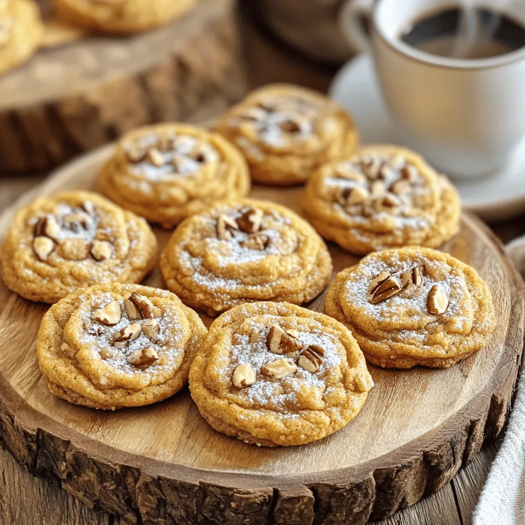 To make these tasty cookies, you will need the following items: - 1 cup pumpkin puree - 1/2 cup granulated sugar - 1/2 cup brown sugar, packed - 1/2 cup unsalted butter, softened - 1 egg - 1 teaspoon vanilla extract - 2 cups all-purpose flour - 1 teaspoon baking soda - 1 teaspoon baking powder - 1 teaspoon cinnamon - 1/2 teaspoon nutmeg - 1/4 teaspoon ginger - 1/2 teaspoon salt - 1/2 cup chopped pecans (optional) - 1/2 cup chocolate chips (optional) - 1/4 cup powdered sugar (for dusting) You can get creative with your cookies! Here are some fun ideas: - Add chopped apples or dried cranberries for a fruity twist. - Try walnuts instead of pecans for a different crunch. - Mix in white chocolate chips for a sweet surprise. If you have dietary needs, you can still enjoy these cookies. Here are some swaps: - Use coconut oil in place of butter for a dairy-free option. - Swap out the egg for a flax egg (1 tablespoon ground flaxseed + 2.5 tablespoons water). - Choose gluten-free flour if you need a gluten-free option. These ingredients set the stage for delicious pumpkin coffee cake cookies. Dive into the full recipe to create your own batch! Start by preheating your oven to 350°F (175°C). This step warms the oven for even baking. Next, line a baking sheet with parchment paper. This helps the cookies not stick. In a large bowl, mix the softened butter, granulated sugar, and brown sugar. Cream these together until they are light and fluffy. Then, add the pumpkin puree, egg, and vanilla extract. Mix until everything blends well. In another bowl, whisk the flour, baking soda, baking powder, cinnamon, nutmeg, ginger, and salt. Gradually add this dry mix to the wet mix. Stir gently, but do not overmix. If you want, fold in the chopped pecans and chocolate chips for added flavor. Once the dough is ready, scoop tablespoon-sized amounts onto your prepared baking sheet. Make sure to leave space between each cookie. This space allows them to spread while baking. Bake the cookies in your preheated oven for about 12-15 minutes. Look for lightly golden edges to know they are done. To get the best texture, avoid overmixing the dough. This keeps the cookies soft and chewy. If you want even more flavor, consider adding spices like allspice or cloves. For a sweeter finish, dust the cooled cookies with powdered sugar. This adds a nice touch and makes them look lovely. Enjoy your cookies fresh with a hot cup of coffee or tea! For a complete guide, check the Full Recipe. When making pumpkin coffee cake cookies, mixing is key. Start by creaming the butter with both sugars. This step gives your cookies a light texture. Mix until it looks fluffy. Next, add the pumpkin, egg, and vanilla. Stir gently until combined. For the dry mix, whisk the flour, baking soda, and spices in a separate bowl. Add dry ingredients to the wet mixture slowly. This helps avoid overmixing, which can make cookies tough. For the right cookie texture, you want a thick, soft dough. If your dough seems too wet, add a little more flour. If it’s too dry, a splash of milk can help. Using a cookie scoop keeps the sizes even. This means they bake evenly too. Leave enough space between the cookies on the tray. They spread as they bake. Keep an eye on them; the edges should look golden while the centers stay soft. Enjoy these cookies warm, dusted with powdered sugar. They pair great with a hot cup of coffee or tea. For a fun twist, try serving them with cream cheese frosting. You can also add a scoop of vanilla ice cream for a tasty dessert. Arrange your cookies on a rustic platter for a cozy look. This makes them perfect for gatherings or afternoon treats. For the full recipe, check out the detailed instructions above. {{image_2}} You can easily make these cookies gluten-free. Substitute all-purpose flour with a gluten-free blend. Make sure to choose a blend that works well for baking. This will help keep the texture light and fluffy. Follow the same recipe steps, and enjoy the tasty results! To make a vegan version, you can swap the egg. Use 1/4 cup of applesauce or a flax egg. For the flax egg, mix one tablespoon of ground flaxseed with three tablespoons of water. Let it sit for five minutes to thicken. Replace the butter with coconut oil or a plant-based butter. Your vegan cookies will be just as delicious! You can add fun flavors to your cookies! Try mixing in chopped nuts, like walnuts or pecans. Chocolate chips add sweetness and richness. If you love spices, add more cinnamon or a pinch of cloves. Dried fruits, like cranberries or raisins, can give a nice chew. Just remember to keep the total mix-ins to about one cup to maintain the dough’s balance. For the full recipe, you can refer back to the details provided. Enjoy exploring these variations! To keep your pumpkin coffee cake cookies fresh, store them in an airtight container. This helps maintain their soft texture. Place a piece of parchment paper between layers to avoid sticking. Keep the container at room temperature for the best results. If you want to save some cookies for later, freezing works well. First, let the cookies cool completely. Then, place them in a single layer on a baking sheet. Freeze them for about an hour. After that, transfer the cookies to a freezer bag. Remove as much air as possible before sealing. They can last up to three months in the freezer. Pumpkin coffee cake cookies can last about one week when stored properly. You can enjoy them for a few days after baking. Just keep them in an airtight container at room temperature. If they become a bit dry, try warming them slightly in the microwave. This will help bring back some moisture and flavor. For the complete recipe, check out the Full Recipe section. People often ask about pumpkin coffee cake cookies. They want to know how to make them great. These cookies are soft, sweet, and full of fall flavor. They mix the rich taste of pumpkin with warm spices. You can enjoy them with a cup of coffee or tea. To keep your cookies moist, use fresh pumpkin puree. Make sure to measure it correctly. This adds moisture and flavor. Another tip is to avoid overbaking. Check the cookies a few minutes early. They should be soft in the center. Letting them cool on the baking sheet helps, too. This keeps them from drying out. Yes, you can use fresh pumpkin. Make sure to cook and mash it well. This gives you a smoother texture. Fresh pumpkin has a slightly different taste, but it works fine. Just ensure there’s no excess water in the pumpkin. Drain it if needed. This keeps your cookies from becoming too wet. You can find the full recipe [here](#). You now have all the details to make delicious pumpkin coffee cake cookies. We covered ingredients, baking steps, and helpful tips. You learned how to adapt for diet needs and storage options. Don't forget the fun variations, like gluten-free and vegan recipes. Take these basics and get creative in your kitchen. Enjoy baking and sharing these tasty treats with friends and family!