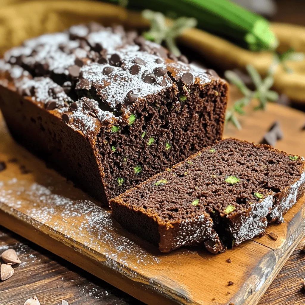 For making vegan chocolate zucchini bread, you need specific ingredients. Here’s what you’ll use: - 2 cups grated zucchini (about 1 medium zucchini) - 1 cup all-purpose flour - 1/2 cup cocoa powder - 1/2 cup coconut sugar (or brown sugar) - 1/2 teaspoon baking soda - 1/2 teaspoon baking powder - 1/4 teaspoon salt - 1/2 cup unsweetened applesauce - 1/4 cup almond milk (or any non-dairy milk) - 1/4 cup vegetable oil (or melted coconut oil) - 1 teaspoon vanilla extract - 1/2 cup vegan chocolate chips - Optional: 1/2 teaspoon cinnamon for extra flavor Every ingredient in this recipe serves a purpose. Here are the benefits: - Zucchini adds moisture and fiber. It keeps the bread soft and healthy. - All-purpose flour provides structure. It helps hold the bread together. - Cocoa powder gives rich flavor and color. It's a great source of antioxidants. - Coconut sugar is less processed. It has a lower glycemic index than regular sugar. - Baking soda and baking powder help the bread rise. They create a light texture. - Salt enhances flavors. It balances sweetness and enriches taste. - Applesauce acts as a binder. It replaces eggs and adds natural sweetness. - Almond milk adds creaminess. It's a great dairy-free choice. - Vegetable oil keeps the bread moist. It helps with texture. - Vanilla extract adds depth. It makes the bread smell and taste great. - Vegan chocolate chips bring indulgence. They melt and add sweetness. - Cinnamon (optional) offers warmth. It adds a lovely spice note. You can customize this recipe with different ingredients. Here are some ideas: - Swap all-purpose flour for whole wheat or gluten-free flour. - Use maple syrup or agave instead of coconut sugar for a different sweetness. - Replace almond milk with oat or soy milk based on your preference. - Use flaxseed meal mixed with water instead of applesauce for binding. - Add nuts like walnuts or pecans for crunch. - Mix in dried fruits like raisins or cranberries for added flavor. Feel free to mix and match to make this vegan chocolate zucchini bread your own! For the complete recipe, check the Full Recipe section. To make this delicious vegan chocolate zucchini bread, follow these steps closely. First, preheat your oven to 350°F (175°C). Grease a 9x5-inch loaf pan or line it with parchment paper. This helps the bread come out easily. In a large bowl, combine 2 cups of grated zucchini and 1/2 cup of applesauce. Mix well until they blend smoothly. In another bowl, whisk together 1 cup of all-purpose flour, 1/2 cup of cocoa powder, 1/2 cup of coconut sugar, 1/2 teaspoon of baking soda, 1/2 teaspoon of baking powder, and 1/4 teaspoon of salt. If you like, add 1/2 teaspoon of cinnamon for extra flavor. Gradually mix the dry ingredients into the wet mixture. Stir until just combined. Now, add in 1/4 cup of almond milk, 1/4 cup of vegetable oil, and 1 teaspoon of vanilla extract. Mix until the batter is smooth. Gently fold in 1/2 cup of vegan chocolate chips. Pour the batter into the prepared loaf pan. Smooth the top using a spatula. Bake for 45-55 minutes. Check if it’s done by inserting a toothpick in the center. If it comes out clean, your bread is ready! Let it cool for about 10 minutes in the pan before moving it to a wire rack. Avoid these common mistakes for the best results. First, don’t skip grating the zucchini. It adds moisture and flavor. If the zucchini is not grated, the bread may be dry. Second, measure the flour correctly. Too much flour can make your bread dense. Use the spoon-and-level method for accuracy. Next, don’t overmix the batter. Mixing too much can create tough bread. Mix until just combined. Finally, keep an eye on your bread as it bakes. Every oven is different, so check it a few minutes early. Mixing wet and dry ingredients properly is key. Start with the wet ingredients in one bowl. Stir them well to ensure they’re fully combined. When adding the dry ingredients, do it gradually. This helps the batter mix evenly. Avoid adding all the dry at once. It can create lumps. Once mixed, stop as soon as you don’t see dry flour. Folding in the chocolate chips last helps them spread evenly. With these tips, you'll get a smooth batter that bakes beautifully. For the full recipe, check out the Vegan Chocolate Zucchini Bread recipe above. To keep your vegan chocolate zucchini bread moist, use fresh zucchini. Grate the zucchini and squeeze out some water. This step helps avoid excess liquid. Applesauce also adds moisture. It binds well with other ingredients. For best results, use a mixture of applesauce and oil. This combo keeps the bread tender and fluffy. When grating zucchini, choose a medium-sized one. A food processor makes this task quick. You want small, even pieces for even cooking. After grating, place the zucchini in a clean cloth. This will help you remove extra moisture. Less water means a denser, richer bread. Adding extras can make your bread even better. Try tossing in chocolate chips for a rich taste. You can also add nuts for crunch. Walnuts or pecans work well here. Want a hint of spice? Add cinnamon or nutmeg for warmth. These small tweaks can elevate your vegan chocolate zucchini bread to a new level. For the full recipe, check out the earlier section. {{image_2}} To make this bread gluten-free, swap all-purpose flour for a gluten-free blend. Look for a blend that includes xanthan gum. This will help the bread rise and hold its shape. You can also use almond flour or coconut flour, but adjust the liquid since these absorb more moisture. While coconut sugar is great, you can try maple syrup or agave nectar. These liquid sweeteners add a unique flavor. If you prefer a lower-calorie option, consider using stevia or monk fruit sweetener. Just check the conversion ratio as they can be sweeter than regular sugar. For added texture, mix in some chopped walnuts or pecans. They give a nice crunch and pair well with chocolate. You can also add dried fruits like raisins or cranberries for a chewy surprise. Just make sure to keep an eye on the moisture level, as these additions can change the texture slightly. For the full recipe, check out the complete details on how to create this delicious treat! To keep your vegan chocolate zucchini bread fresh, first let it cool completely. Once cooled, wrap it tightly in plastic wrap or place it in an airtight container. This helps to keep the moisture in. Store it at room temperature for up to four days. If you want it to last longer, refrigeration is a good option, but it may dry out a bit. You can also keep it in the fridge for up to a week. Freezing is a great way to save your vegan chocolate zucchini bread for later. Start by slicing the bread into pieces. Wrap each slice in plastic wrap, then place them in a freezer-safe bag. This method helps prevent freezer burn. You can freeze the bread for up to three months. When you’re ready to eat it, just take out a slice and let it thaw at room temperature. To enjoy leftover vegan chocolate zucchini bread, you can reheat it in a few ways. For the best texture, place a slice in the toaster or oven. Heat it at 350°F (175°C) for about 5-10 minutes. This warms it up and makes it soft again. You can also microwave it for about 20-30 seconds if you’re in a hurry. Enjoy your tasty treat! Yes, you can replace applesauce. Use mashed bananas or pureed silken tofu. Both keep the bread moist. Each substitute adds a unique taste. Bananas add sweetness, while tofu keeps it neutral. Check the bread around 45 minutes. Insert a toothpick into the center. If it comes out clean, the bread is ready. The top should look set and slightly cracked. You can also gently press the top; it should spring back. Yes, you can make it oil-free. Substitute the oil with more applesauce or use unsweetened nut butter. This change will keep the bread moist. It may alter the flavor slightly, but it will still be delicious. Cinnamon and nutmeg add warmth to the bread. You can also mix in orange zest for brightness. A dash of espresso powder can deepen the chocolate flavor. Experiment with these to find your favorite combination. The bread lasts for about five days at room temperature. Store it in an airtight container to keep it fresh. If you want it to last longer, freeze slices. You can thaw them easily whenever you want a treat. For the full recipe, check the Vegan Chocolate Zucchini Bread section. This post covered the key ingredients and steps for making Vegan Chocolate Zucchini Bread. You learned about each ingredient's benefits and how to customize the recipe to match your tastes. I shared tips for moistness, avoiding common mistakes, and storing your bread for future enjoyment. Remember, baking is fun, so feel free to experiment. With these insights, you can create a delicious treat that fits your diet. Enjoy your baking adventure!