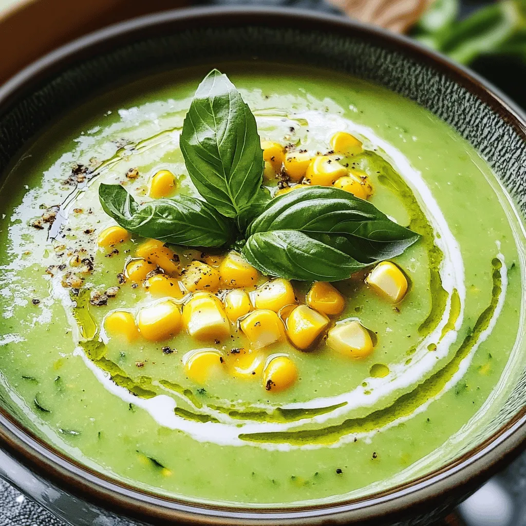 To make this delightful soup, you will need the following ingredients: - 2 medium zucchinis, diced - 1 cup sweet corn (fresh or frozen) - 1 onion, finely chopped - 2 cloves garlic, minced - 4 cups vegetable broth - 1 cup coconut milk - 1 tablespoon olive oil - Salt and pepper to taste - 1 teaspoon smoked paprika - Fresh basil leaves for garnish You can easily adapt this soup to fit your taste. Here are some substitutions: - Zucchini: You can use yellow squash instead. - Sweet Corn: If fresh corn is not available, use canned corn or frozen corn. - Coconut Milk: Substitute with regular milk or almond milk for a different flavor. - Olive Oil: You can use butter or avocado oil instead. - Vegetable Broth: Chicken broth works well too for a richer taste. Feel free to mix and match to suit your needs! When selecting your ingredients, keep these tips in mind: - Zucchini: Look for firm zucchinis with smooth skin. Avoid any that feel soft or have blemishes. - Sweet Corn: Choose ears that are plump and have bright green husks. The silk should be sticky and brown. - Onions: Pick onions that are heavy for their size and have dry, papery skin. - Garlic: Choose bulbs that are firm and have no soft spots or mold. Fresh ingredients make a big difference in flavor! To start, gather your ingredients. You will need: - 2 medium zucchinis, diced - 1 cup sweet corn (fresh or frozen) - 1 onion, finely chopped - 2 cloves garlic, minced - 4 cups vegetable broth - 1 cup coconut milk - 1 tablespoon olive oil - Salt and pepper to taste - 1 teaspoon smoked paprika - Fresh basil leaves for garnish 1. First, heat the olive oil in a large pot over medium heat. 2. Next, add the chopped onion and sauté for about 5 minutes. You want it translucent. 3. Then, stir in the minced garlic and cook for one more minute. It should smell great! 4. Add the diced zucchinis and sweet corn. Stir well to mix with the onions and garlic. 5. Cook for another 4-5 minutes until the zucchinis soften a bit. 6. Pour in the vegetable broth and bring it to a boil. 7. Reduce the heat and let it simmer for 15-20 minutes. The veggies should be tender. 8. Now, take an immersion blender and blend the soup until it's smooth. If you don’t have one, transfer it in batches to a blender. 9. Return the soup to medium heat after blending. 10. Stir in the coconut milk and smoked paprika. Season with salt and pepper to taste. 11. Simmer for 5 more minutes to heat it through. 12. Serve warm, and don’t forget to garnish with fresh basil leaves. You can cook this soup on the stove or use a blender for a quick blend. The stove gives you a nice, even heat. It allows flavors to blend well. If you choose a blender, it’s faster but requires careful handling when hot. Always allow steam to escape when blending hot liquids. An immersion blender is a safe choice. Blending soup can be tricky. Here are some tips to blend safely: - Cool slightly: Let the soup cool for a few minutes before blending. - Work in batches: If using a standard blender, don’t fill it too full. - Cover loosely: If using a lid, leave it slightly ajar to let steam escape. - Blend gradually: Start on low speed and increase gradually to avoid splatters. These steps make blending simple and safe. Enjoy making your Zucchini & Sweet Corn Summer Soup! For the full recipe, check the complete details above. To make your zucchini and sweet corn summer soup shine, focus on fresh ingredients. Select young zucchinis with smooth skin. They should feel firm and heavy for their size. For corn, fresh ears are best. Look for bright green husks and plump kernels. When cooking, pay attention to heat. Medium heat keeps the onion from burning while it softens. Blend the soup until smooth for a creamy texture. If you prefer a chunkier soup, blend only half. Add a splash of lemon juice for a bright finish. One common mistake is overcooking the vegetables. They should be tender but not mushy. Avoid adding too much salt at first. You can always add more later. Another error is skipping the blending step. Blending creates a silky soup that enhances flavor. Don't forget to taste as you go. Adjust the seasoning for the best results. Lastly, don’t rush the simmering time. Allow the flavors to meld properly for a richer taste. Serve your soup warm with fresh basil on top. It adds a nice aroma and flavor. Pair it with crusty bread or a light salad for a complete meal. Try adding roasted chickpeas on top for a crunchy texture. A dollop of yogurt can add creaminess, too. This soup also goes well with a glass of chilled white wine. Consider Sauvignon Blanc or a light Pinot Grigio for a refreshing touch. For more ideas, check the Full Recipe for additional serving tips. {{image_2}} You can easily make this soup vegan or non-vegan. The base is already vegan since it uses vegetable broth and coconut milk. To keep it vegan, just skip any animal products. If you want a non-vegan version, simply add a splash of cream or milk for richness. Both ways are tasty, so choose what you like! Adding protein can make this soup more filling. I love using black beans or chickpeas. They add texture and flavor. If you prefer chicken, shredded rotisserie chicken works well. For a plant-based option, add cubed tofu. Just toss it in when you blend the soup and heat it through. Each option brings a different twist to this dish. Don’t be shy with herbs and spices! Fresh basil is a classic choice. It goes wonderfully with zucchini and corn. You can also try cilantro for a fresh taste. For a kick, add a dash of cayenne or chili powder. If you want a smoky flavor, smoked paprika is a great addition too. Experimenting with flavors keeps the soup exciting every time you make it. Check out the Full Recipe for more ideas! Storing this soup is simple. Let the soup cool to room temperature. Then, pour it into an airtight container. Make sure to leave some space at the top to allow for expansion. You can store it in the fridge for up to three days. This keeps the soup fresh and ready for your next meal. Reheating is easy. You can use a pot or the microwave. If you use a pot, pour the soup in and heat over medium heat. Stir often until it warms up. If you use the microwave, place the soup in a microwave-safe bowl. Heat in short bursts, stirring in between. This helps the soup warm evenly. Freezing the soup is a great option for longer storage. To freeze, pour the cooled soup into freezer-safe bags. Remove as much air as you can before sealing. You can freeze the soup for up to three months. When you're ready to eat, thaw it overnight in the fridge. Then, reheat it as mentioned above. Enjoy the fresh taste of summer any time! For the full recipe, refer to the section above. Zucchini & Sweet Corn Summer Soup lasts about 3 to 4 days in the fridge. Store it in an airtight container. This keeps it fresh and safe to eat. You can enjoy it warm or cold. Yes, you can make this soup ahead of time. In fact, the flavors improve after a day in the fridge. Just cook the soup, let it cool, and store it. When you’re ready to eat, reheat it gently. Absolutely! You can use frozen zucchini or corn for this recipe. They work well and save time. Just add them straight to the pot. No need to thaw before cooking. This makes the soup quick and easy to prepare. For the full recipe, check [Full Recipe]. This blog post covers everything you need for Zucchini & Sweet Corn Summer Soup. We listed the best ingredients and their substitutes. I shared tips for picking fresh produce and clear directions for cooking. You learned tricks to avoid common mistakes and how to store leftovers. Remember, you can customize the soup to fit your taste. Use different proteins or spices. Enjoy this dish anywhere and anytime. Make it your own, and savor the flavors!