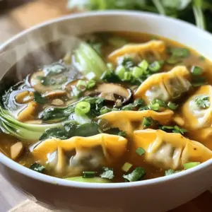 - 1 package of frozen potstickers (about 20 pieces) - 6 cups chicken or vegetable broth - 2 cups water - 1 inch piece of ginger, sliced - 2 cloves garlic, minced - 1 cup mushrooms, sliced (shiitake or button) - 1 cup bok choy, chopped - 1/2 cup green onions, sliced - 2 tablespoons soy sauce (or tamari for gluten-free) - 1 tablespoon sesame oil - 1 teaspoon chili oil (optional, for spice) - Salt and pepper to taste - Fresh cilantro for garnish (optional) Each ingredient plays a key role in the flavor and texture of your soup. The potstickers bring a savory taste and a hearty bite. The broth serves as the soup's base, providing depth and warmth. Ginger and garlic add a strong, aromatic flavor. Mushrooms give a nice umami touch, while bok choy adds a fresh crunch. Green onions offer a bright finish, and soy sauce enhances the overall taste. You can add different ingredients to make the soup your own. Here are a few ideas: - Proteins: Add cooked chicken, shrimp, or tofu for extra protein. - Spices: A pinch of red pepper flakes can boost the heat. - Vegetables: Try spinach, carrots, or snow peas for added color and nutrients. - Herbs: Fresh basil or mint can give a unique twist. If you need dietary options, use gluten-free soy sauce or tamari. For a vegetarian version, stick with vegetable broth and add extra veggies for substance. This flexibility makes potsticker soup a fun dish to adapt to your taste! For the full recipe, check out the Heavenly Potsticker Soup article. Prepping veggies and aromatics Start by washing your vegetables. Chop the bok choy into bite-sized pieces. Slice the mushrooms thinly. Mince the garlic and slice the ginger. These steps help release their flavors in the soup. Preparing frozen potstickers No need to thaw your frozen potstickers. Just grab them from the freezer. They will cook perfectly in the soup without any extra steps. Detailed cooking steps from sautéing to simmering In a large pot, pour in the sesame oil. Heat it on medium. Once hot, add the minced garlic and sliced ginger. Sauté for about two minutes until you smell their fragrance. Then, pour in the chicken or vegetable broth and water. Bring this mix to a gentle simmer. Next, add the sliced mushrooms and frozen potstickers. Let them cook for about 8-10 minutes. You’ll know they’re done when they float to the top. Now, stir in the chopped bok choy, soy sauce, and chili oil if you want some heat. Allow the soup to simmer for an extra 3-4 minutes until the bok choy becomes tender. Timing importance for perfect consistency Timing is key. If you cook the potstickers too long, they can get mushy. Pay close attention. This timing keeps the soup tasty and the potstickers firm. Steps for adjusting seasoning Once the soup is done, taste it. Add salt and pepper as needed to enhance the flavor. You want it to be just right for your taste buds. Presentation tips for serving Ladle the soup into bowls. Top each bowl with sliced green onions and fresh cilantro if you like. This adds a nice look and extra flavor. Enjoy your warm, savory potsticker soup! For a detailed recipe, check out the Full Recipe. To make the best potsticker soup, focus on your broth. A rich broth is key. Use quality chicken or vegetable broth. You can also add more flavor with fresh ginger and garlic. Sauté them until they smell amazing. This step wakes up the flavors. A common mistake is cooking potstickers too long. Overcooking makes them mushy. Cook them until they float. This means they are ready! Another tip is to taste your soup before serving. Adjust salt and pepper to suit your taste. Pair your potsticker soup with sides that make it shine. Some great choices are steamed rice or crispy spring rolls. These add texture and flavor. You can also serve it with a light salad. A simple cucumber salad works well. For a fun twist, try adding a splash of chili oil on top. It adds heat and bright flavor. You can also sprinkle sesame seeds for a crunchy finish. Enjoy your bowl of potsticker soup with these tasty sides. For the full recipe, check out the Heavenly Potsticker Soup. {{image_2}} You can change the potsticker soup to fit your taste. Here are some great swaps: - Vegetables: Use spinach, kale, or carrots instead of bok choy. They add flavor and nutrition. - Proteins: Swap potstickers for chicken, tofu, or shrimp for a different twist. - Spicy or Mild: Add more chili oil for heat. For a milder soup, skip the chili oil. These small changes can make the soup unique to you! Potsticker soup has many cultural variations. Here are some ideas to explore: - Asian Influences: Consider adding miso paste for a rich, umami flavor. This gives a deeper taste. - Coconut Milk: For a tropical twist, add coconut milk. This makes the soup creamy and sweet. - Herbs and Spices: Fresh herbs like basil or mint can brighten the flavor. Try adding them just before serving. Feel free to play with these ideas to create your perfect bowl of potsticker soup. To keep your potsticker soup fresh, follow these tips for storing leftovers: - Cool the soup: Let it cool to room temperature before storing. This helps prevent condensation. - Use airtight containers: Choose glass or plastic containers with tight lids. These keep out air and moisture. - Separate potstickers: If you have leftovers, store potstickers separately. They can get soggy in the broth. For freezing, use freezer-safe containers or heavy-duty freezer bags. Make sure to leave some space at the top of the container. The soup will expand as it freezes. When it’s time to enjoy your soup again, here are the best ways to reheat it: - Stovetop method: Pour the soup into a pot. Heat it over medium heat. Stir often to avoid burning. This keeps the flavor and texture intact. - Microwave method: Place the soup in a microwave-safe bowl. Cover it loosely to allow steam to escape. Heat for one minute, then stir. Continue heating in short bursts until hot. For safe temperatures when reheating, make sure the soup reaches at least 165°F (74°C). A food thermometer can help you check this. Remember, reheating soup properly keeps it safe and tasty! How can I make potsticker soup from scratch? To make potsticker soup from scratch, start with homemade potstickers. You will need to prepare the filling and dough. For the filling, use ground meat or veggies mixed with seasonings. Roll out the dough, fill it, and fold it into potstickers. For the soup, follow the steps in the Full Recipe. This gives you a fresh and tasty soup. Can I use homemade potstickers in this recipe? Yes, you can use homemade potstickers. Just ensure they are fully cooked before adding them to the broth. This will keep the soup fresh and flavorful. Homemade potstickers can add a personal touch to your dish. Is potsticker soup gluten-free? Potsticker soup can be gluten-free. Use gluten-free potstickers made from rice or other gluten-free flours. Make sure to use tamari instead of soy sauce. This keeps the flavor while meeting gluten-free needs. How many calories are in potsticker soup? One serving of potsticker soup has about 250 calories. This can change based on the ingredients you use. Adding more veggies can increase the fiber and nutrition without adding many calories. How long does potsticker soup take to cook? Making potsticker soup takes about 25 minutes. This includes prep time and cooking time. The soup cooks quickly, so it’s great for a fast meal. Can I add different vegetables to potsticker soup? Yes, you can add different vegetables. Try adding carrots, snow peas, or spinach. Customize it to your taste! Just make sure to adjust the cooking time so everything is tender and tasty. In this guide, we explored creating a delicious potsticker soup. We covered key and optional ingredients, preparation, and cooking steps. I shared tips for perfect flavor and serving suggestions. You learned how to store and reheat leftovers properly, along with answering your common questions. With these insights, you can make a potsticker soup that fits your taste. Enjoy your cooking journey!