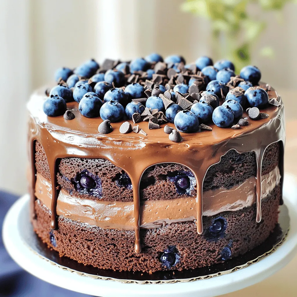 To make a delicious Blueberry Chocolate Cake, gather these ingredients: - 1 ½ cups all-purpose flour - 1 cup unsweetened cocoa powder - 1 cup granulated sugar - 1 teaspoon baking soda - ½ teaspoon salt - ½ cup unsalted butter, softened - 1 cup buttermilk (or yogurt) - 2 large eggs - 1 teaspoon vanilla extract - 1 cup fresh blueberries - ½ cup dark chocolate chips (or chunks) Each ingredient plays a key role in the cake's flavor and texture. The flour gives structure, while the cocoa adds rich taste. Sugar sweetens the cake and helps it rise. Baking soda acts as a leavening agent, making the cake fluffy. The butter creates a tender crumb, and buttermilk adds moisture and tang. You can substitute buttermilk with plain yogurt if needed. For a healthier twist, use less sugar or choose dark chocolate with higher cocoa content. You can also mix in nuts or other fruits to change the flavor. With this list, you are ready to bake the Blueberry Chocolate Cake. For the complete process, check the Full Recipe. 1. Start by prepping your baking pans. Grease and flour two 9-inch round cake pans. This helps the cake slide out easily after baking. 2. Next, mix your dry ingredients. In a large bowl, whisk together 1 ½ cups of flour, 1 cup of cocoa powder, 1 teaspoon of baking soda, and ½ teaspoon of salt. Mix until everything is well combined. 3. Now, cream the butter and sugar. In another bowl, beat ½ cup of softened unsalted butter with 1 cup of granulated sugar. Mix until it turns creamy and fluffy. 1. Time to add the eggs and buttermilk. Add 2 large eggs one at a time. Mix well after each egg. Then, stir in 1 cup of buttermilk and 1 teaspoon of vanilla extract. Keep mixing until the mixture is smooth. 2. Incorporate the dry ingredients. Gradually add the flour mixture to the wet mixture. Stir until just combined. Be careful not to overmix! It’s okay to see some lumps. 1. Fold in the blueberries and chocolate chips. Gently add 1 cup of fresh blueberries and ½ cup of dark chocolate chips into the batter. Ensure they are evenly mixed throughout. 2. Divide and bake. Pour the batter evenly into the prepared pans. Bake at 350°F (175°C) for 25-30 minutes. Check with a toothpick; it should come out clean. 3. Cool the cakes. Let them cool in the pans for 10 minutes. Then, move them to wire racks to cool completely. For a full recipe, check the details above. Enjoy every bite of your Blueberry Chocolate Cake! To ensure even baking, I recommend using room temperature ingredients. When butter, eggs, and buttermilk are at room temp, they blend better. This gives you a smooth batter. Also, remember to preheat your oven to 350°F (175°C). This step is key to a perfect rise. Avoiding overmixing is crucial. When you mix too much, your cake can turn out tough. Mix just until the dry ingredients disappear. Gently fold in the blueberries and chocolate chips. This keeps them whole and prevents them from sinking. For frosting, I suggest using a rich chocolate ganache. It pairs well with the blueberries. You can also use vanilla buttercream for a lighter touch. Top your cake with fresh blueberries and dark chocolate shavings. This adds a pop of color and makes it look fancy. To serve the cake elegantly, slice it into even pieces. Place each slice on a dessert plate. Add a few extra blueberries on the side for a nice touch. You can also drizzle some ganache over the top for extra flair. Enjoy your Blueberry Chocolate Cake Divine Flavor Delight! For the complete recipe, check out the [Full Recipe]. {{image_2}} You can change the flavor of your blueberry chocolate cake in many fun ways. One easy option is to add nuts. Chopped walnuts or pecans give a nice crunch and taste. You can also try different types of chocolate. Using white chocolate chips can add sweetness. Dark chocolate also works well for a rich flavor. Another great idea is to swap the blueberries with other fruits. Raspberries bring a nice tartness. Strawberries can add a sweet, fruity twist. Mix and match to discover your favorite combination. Each fruit changes the cake's taste and makes it unique. If you want to make the cake gluten-free, you can use almond flour or gluten-free flour blends. This keeps the cake soft and delicious. For a vegan option, replace the eggs with flax eggs. You can also use plant-based milk instead of buttermilk. To reduce sugar, try using applesauce or mashed bananas. These alternatives keep the cake moist without too much sweetness. These dietary changes make the cake healthier without losing its delightful flavor. For the full recipe, check out the details above and enjoy baking! To keep your blueberry chocolate cake fresh, store it in an airtight container. This helps keep moisture in and prevents the cake from drying out. If you have leftovers, slice the cake into pieces for easier storage. Use parchment paper between layers if stacking. This will avoid sticking and keep each slice intact. The best containers for storage are glass or plastic with tight-fitting lids. These prevent air from entering and keep your cake safe. If you don’t have a container, wrap the cake in plastic wrap. Make sure to cover it well. This will help maintain its flavor and texture. To freeze an un-frosted cake, first let it cool completely. Wrap it tightly in plastic wrap. Then, add a layer of aluminum foil for extra protection. This will keep the cake fresh for up to three months. Label the package with the date to track how long it has been frozen. To thaw and serve after freezing, remove the cake from the freezer. Unwrap it and place it in the fridge overnight. If you’re short on time, leave it at room temperature for a few hours. Once thawed, frost it with your favorite icing or ganache. Enjoy every bite of your delicious blueberry chocolate cake! Check out the Full Recipe for more tips. How long does the cake last? The cake lasts about three days when stored in an airtight container. Keep it in a cool place. If you want it to last longer, you can place it in the fridge. Can I make this cake in advance? Yes, you can make this cake one day ahead. Just bake it and let it cool. Wrap it well in plastic wrap and store it at room temperature. This helps the flavors blend together. What can I substitute for buttermilk? You can use plain yogurt or milk mixed with vinegar. For each cup of buttermilk, add one tablespoon of vinegar to regular milk. Let it sit for five minutes before using. Is it possible to make this cake in a bundt pan? Yes, you can use a bundt pan. Just be sure to grease it well to avoid sticking. The baking time may be longer, so check for doneness with a toothpick. Enjoy the lovely shape! For the complete recipe, check the Full Recipe section. You now have all the tools to make a great blueberry chocolate cake. We discussed ingredients, instructions, and tips for success. We explored fun variations and best storage methods. Remember, baking is an art. Experiment with flavors and find what works for you. Enjoy the process and share your creation with friends and family. A delicious cake awaits, and I can’t wait for you to savor every bite!