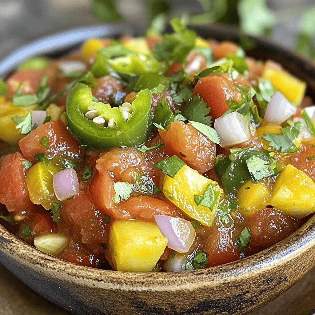 - 4 medium ripe tomatoes, roughly chopped - 1 small yellow onion, quartered - 2 cloves garlic, peeled - 2 jalapeños, deseeded and chopped - 1/4 cup fresh cilantro, chopped - 1 teaspoon ground cumin - 1 tablespoon lime juice - Salt to taste The main ingredients are simple yet full of flavor. I love using ripe tomatoes. They bring a sweet taste that pairs well with the other ingredients. The yellow onion adds a nice crunch. Garlic gives a bold flavor that makes the salsa pop. Jalapeños add heat, but you can adjust how many you use based on your spice level. Fresh cilantro adds a burst of freshness. Ground cumin gives that earthy note you just can’t miss. The lime juice brightens everything up, making each bite refreshing. Lastly, adding salt enhances all these flavors. - Additional herbs or spices - Avocado for creaminess - Tomato paste for thicker consistency If you want to mix it up, try adding more herbs or spices. You can add avocado to make the salsa creamy. This also adds healthy fats. If you prefer a thicker salsa, just add a bit of tomato paste. It will change the texture but keep the flavor. For the full recipe, check the section above. Enjoy making this fresh and vibrant salsa! First, preheat your skillet over medium-high heat. This step is key for that smoky flavor. Next, add the tomatoes, onion, garlic, and jalapeños to the skillet. Let them char slightly. Turn them occasionally for about 8 to 10 minutes. You want the vegetables to soften. The tomatoes' skins should get slightly blistered, adding depth to your salsa. Once the vegetables are charred, take them off the heat and let them cool for a few minutes. This helps with blending. Now, transfer the charred mix to a blender. Add in fresh cilantro, ground cumin, and a splash of lime juice. Don't forget to add a pinch of salt to enhance the flavor. Blend until you reach your desired texture. You can make it smooth or keep it chunky, based on your taste. After blending, taste your salsa. Adjust the seasoning with more salt or lime juice as needed. If you want even better flavor, let the salsa sit at room temperature for about 30 minutes before serving. This resting time allows the flavors to meld together beautifully. Enjoy your fresh salsa ranchera with your favorite dishes! For the full recipe, check the section above. To make salsa ranchera shine, balance spice and acidity. Use fresh ingredients for the best taste. Ripe tomatoes bring sweetness, while lime juice adds zing. Adjust the heat by adding more or fewer jalapeños. Always taste as you go to find your perfect mix. You can choose a smooth or chunky salsa. For a smooth texture, blend longer. If you prefer chunkiness, pulse gently. If the salsa feels too thick, add a bit of water or extra lime juice. This helps you reach your desired consistency. Salsa ranchera pairs well with many dishes. Use it with tacos, grilled meats, or as a dip for chips. It also works great in recipes like enchiladas. You can use it as a condiment or a key ingredient in meals. For the full recipe, check out the details above! {{image_2}} To change the heat of your salsa ranchera, start with the jalapeños. Remove the seeds for a milder taste. If you want more heat, leave some seeds in. You can also add other peppers, like serranos, for a different kick. Serranos are hotter than jalapeños. Try a mix for a unique flavor! You can make your salsa even more fun by adding fruits. Mango or pineapple gives a sweet twist. Just chop the fruit and blend it with your salsa. You can also try different herbs, like basil or mint. These fresh herbs can change the taste and make it more exciting. How you prepare the veggies makes a big difference. Roasting gives a deep, warm flavor. Charring adds a smoky touch. You can roast everything in the oven or on a grill. For mixing, you can use a food processor or a blender. A food processor gives a chunkier salsa, while a blender makes it smooth. Choose your method based on what you like! To keep your salsa ranchera fresh, use airtight containers. Glass jars with tight lids work well. They help keep out air and moisture. Store the salsa in the fridge right after you make it. It lasts about 5 to 7 days. The flavors blend over time, making it even better! Want to save some salsa for later? You can freeze it! Pour the salsa into freezer-safe bags or containers. Leave a little space at the top for expansion. It can stay good for up to 3 months. When you're ready to use it, thaw the salsa in the fridge overnight. Stir it well before serving. Keep an eye on your salsa. If you see mold or a change in color, it’s time to toss it. A sour smell or off taste also means it’s gone bad. Always store leftovers safely in the fridge and use them within a week. If you're unsure, it’s best to be safe and not eat it. For the full recipe of the best homemade salsa ranchera, check back at the beginning! Homemade salsa ranchera lasts about 4 to 5 days in the fridge. Store it in an airtight container. This helps keep it fresh and tasty. Yes, you can make salsa ranchera ahead of time. In fact, making it a day before can enhance the flavors. Just keep it in the fridge until you're ready to serve. Salsa ranchera pairs well with many dishes. You can serve it with: - Grilled meats - Tacos - Nachos - Eggs - Rice and beans This salsa adds a fresh kick to any meal. Yes, you can make a version without tomatoes. Use roasted peppers or tomatillos instead. This gives a unique flavor and keeps it fresh. Salsa ranchera is medium spicy. The heat comes from jalapeños. You can adjust the spice level by adding more or less. Compared to salsa verde, it is usually milder. For a hotter kick, add serrano peppers. You can control the heat to fit your taste. Making Salsa Ranchera is simple and fun. You learned about key ingredients, like ripe tomatoes, jalapeños, and fresh cilantro. I shared step-by-step instructions for perfect preparation, blending, and serving. With tips to balance flavor and adjust texture, you’re ready to make it your own. You can even customize it with extras like mango or avocado. Store it right to keep it fresh. Enjoy your tasty salsa as a dip or on your favorite dishes! Now, gather your ingredients and start blending. Your perfect Salsa Ranchera awaits!