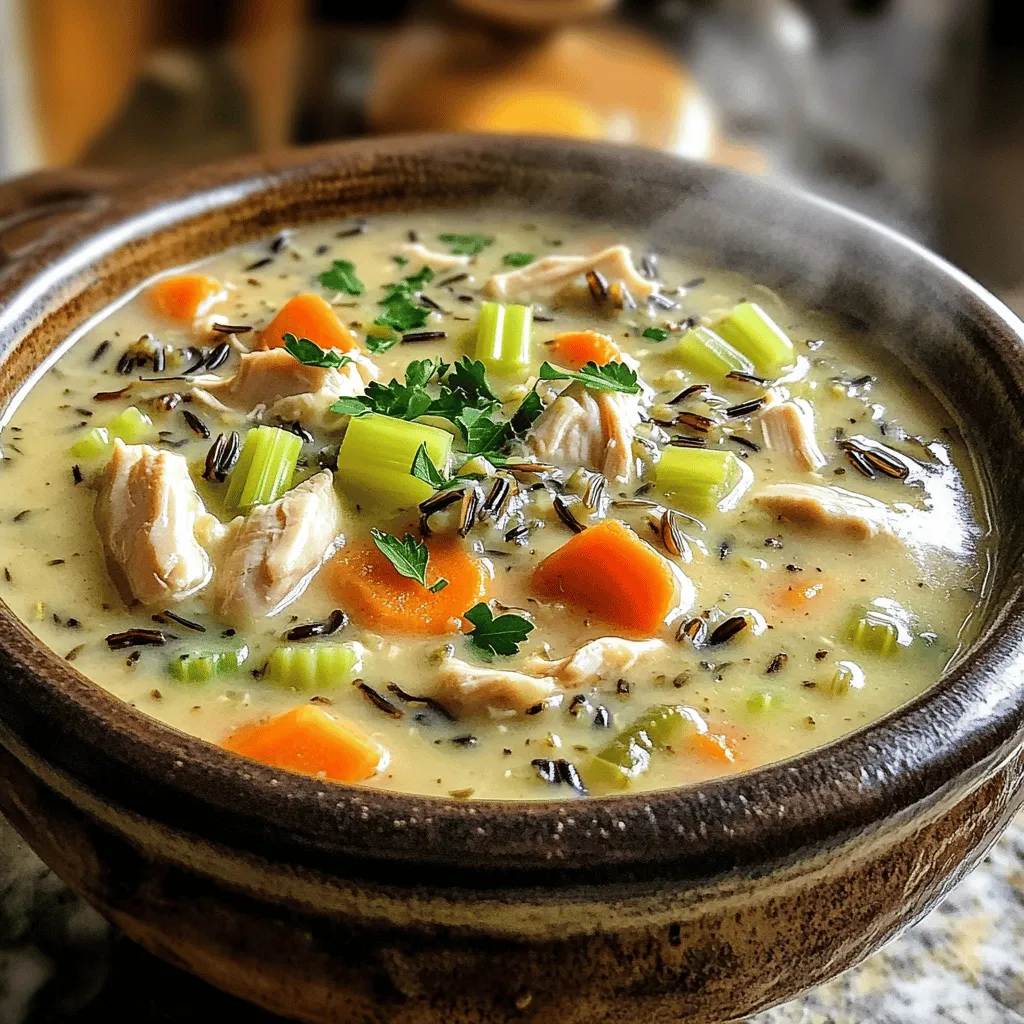 - 1 cup wild rice, rinsed - 2 tablespoons olive oil - 1 medium onion, diced - 2 cloves garlic, minced - 2 medium carrots, diced - 2 stalks celery, diced - 1 pound boneless, skinless chicken breasts, diced - 6 cups low-sodium chicken broth - 1 teaspoon dried thyme - 1 teaspoon dried rosemary - 1 cup heavy cream (or coconut milk for a lighter option) - Salt and pepper to taste - Fresh parsley, chopped for garnish The heart of any great soup lies in its ingredients. For creamy wild rice chicken soup, each component plays a vital role. Wild rice adds a nutty flavor and chewy texture. Olive oil helps to sauté the onions and garlic, bringing out their natural sweetness. Onions and garlic form the base of this dish, creating a rich aroma. Carrots and celery add crunch and color. They also provide a slight sweetness to balance the flavors. Chicken breasts provide protein and make the soup hearty. I prefer boneless and skinless for ease of use. The chicken broth gives depth and warmth, while thyme and rosemary add herbaceous notes. The heavy cream or coconut milk is what makes this soup creamy and rich. You can choose coconut milk for a lighter option without losing the creamy texture. Finally, garnish with fresh parsley to add a pop of color and freshness. If you're looking to switch things up, you can easily substitute ingredients. Use brown rice instead of wild rice for a different texture. Olive oil can be replaced with butter for a richer flavor. If you don’t have fresh herbs, use dried ones, but reduce the amount by half. This soup pairs well with crusty bread or a light salad. You can serve it in bowls with a sprinkle of extra parsley on top. For a cozy meal, enjoy it with a glass of white wine or sparkling water. If you're feeling adventurous, add some toasted nuts for crunch. For the full recipe, check out the [Full Recipe]. - Step 1: Sautéing the Aromatics Heat the olive oil in a large pot over medium heat. Add the diced onion. Cook for about 3-4 minutes until it softens. Then, stir in the minced garlic, diced carrots, and diced celery. Sauté for an additional 5 minutes, until the veggies are tender and fragrant. - Step 2: Cooking the Chicken Next, add the diced chicken breasts to the pot. Cook them until they turn white and no longer pink, about 5-7 minutes. This adds great flavor to your soup. - Step 3: Adding the Rice and Broth Now, add the rinsed wild rice to the pot. Pour in the low-sodium chicken broth. Then, sprinkle in the dried thyme and rosemary. Bring the mixture to a boil. After that, reduce the heat to low, cover the pot, and let it simmer for about 45 minutes. This will help the rice cook through and absorb all those wonderful flavors. - Step 4: Simmering the Soup Keep an eye on your soup. Check if the rice is tender after 45 minutes. If it is, stir it gently. If it needs more time, let it simmer a bit longer. - Step 5: Incorporating the Cream Once the rice is fully cooked, stir in the heavy cream or coconut milk. This makes the soup rich and creamy. Let it cook for another 5-10 minutes. This allows the soup to thicken. - Step 6: Final Seasoning Taste your soup. Add salt and pepper according to your preference. This step brings out all the flavors. 1. Use fresh herbs for a more vibrant taste. 2. Stir the soup occasionally to prevent sticking on the bottom. 3. If you want a thicker soup, add more cream. Check out the [Full Recipe](#) for step-by-step photos and a cooking video. One of the most common mistakes is not rinsing the wild rice. Rinsing helps remove excess starch, which can make the soup too thick. Another mistake is cooking the chicken too long. Overcooked chicken can become dry and tough. Lastly, don't skip seasoning. Adding salt and pepper enhances the soup's overall flavor. To boost creaminess, try adding more heavy cream. You can also use a bit of cream cheese. Blending a portion of the soup will create a silky texture. If you want a lighter option, coconut milk works well too. Just make sure to stir it in at the end for the best flavor. Garnish with fresh parsley for a pop of color. You can also add a sprinkle of black pepper on top. Serve the soup in warm bowls to keep it hot longer. Pair it with crusty bread or a fresh salad for a complete meal. A slice of lemon on the side brightens up the dish. For the full recipe, check out the complete preparation steps. {{image_2}} You can switch proteins for this soup. It works great with turkey or rotisserie chicken. If you want a heartier meal, try adding diced ham or sausage. Each protein gives a new taste. You can also use cooked shrimp for a seafood twist. Just add them in at the end to warm them up. If you prefer a plant-based soup, you have options. Use mushrooms instead of chicken for a meaty texture. Tofu or tempeh can also work well. For broth, use vegetable stock instead of chicken broth. You can replace cream with coconut milk for richness. This makes a creamy and delicious soup without meat. Herbs and spices can change the flavor of your soup. Try adding fresh herbs like dill or chives. They add freshness and brightness. For spice lovers, a pinch of cayenne pepper can add heat. You might also like a squeeze of lemon juice for a zesty kick. Experimenting with flavors makes each bowl unique. For the full recipe, check out the Creamy Wild Rice Chicken Soup . To keep your creamy wild rice chicken soup fresh, store it in an airtight container. Use glass or plastic containers with tight lids. Make sure the soup cools down to room temperature before sealing. This helps to avoid condensation and keeps your soup tasting great. When stored properly, creamy wild rice chicken soup lasts about 3 to 4 days in the fridge. Always check for any signs of spoilage before enjoying leftovers. If you see any mold or strange smells, it’s best to toss it out. You can freeze creamy wild rice chicken soup for up to 3 months. Use freezer-safe containers or bags. Leave some space at the top for expansion as the soup freezes. When ready to eat, thaw it overnight in the fridge. Heat it on the stove or in the microwave, adding a splash of broth if needed. For the full recipe, refer back to the earlier section. Yes, you can use brown rice, but it will change the flavor and texture. Brown rice takes longer to cook, so adjust the cooking time. Wild rice has a nutty taste and chewy texture that adds depth to the soup. If you want the same taste, stick with wild rice. If your soup is too thick, add more chicken broth or water. Stir it in slowly. Keep an eye on the flavor. You may need to add a pinch of salt or some pepper to balance it. This way, you keep it tasty while adjusting the texture. To make this soup gluten-free, ensure you use gluten-free chicken broth. Most brands offer gluten-free options. Check the labels when you shop. The rest of the ingredients are naturally gluten-free, so you’re all set! Yes, you can make this soup ahead of time. It stores well in the fridge for a few days. When you reheat, add a little water or broth. This helps to bring back the creamy texture. Just remember, the rice will soak up some liquid over time. This soup pairs well with crusty bread or a fresh salad. You can also serve it with crackers for a nice crunch. A simple green salad with vinaigrette balances the creaminess. Enjoying it with friends makes it even better! For the full recipe, check the section above. This article covered how to make creamy wild rice chicken soup. We looked at key ingredients, cooking steps, and common tips. I shared swaps for ingredients, ways to boost flavor, and how to store leftovers. Remember, you can adjust this recipe to fit your taste. Whether you prefer chicken, plant-based proteins, or want a creamier soup, the choices are yours. Enjoy making this warm, hearty meal!