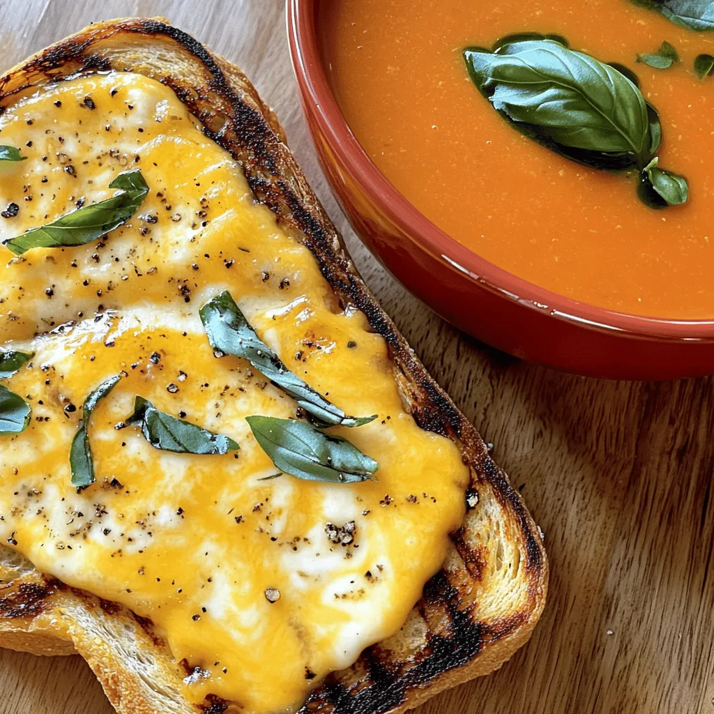 For the cheesy grilled toast, you need: - 4 slices of whole grain bread - 1 cup shredded sharp cheddar cheese - 1 cup shredded mozzarella cheese - 1 tablespoon unsalted butter, softened These ingredients create a tasty base. The bread gives a nice crunch, while the cheeses melt perfectly for that gooey texture you want. To make the tomato soup, gather: - 1 can (14 oz) crushed tomatoes - 1 cup vegetable broth - 1 small onion, finely chopped - 2 cloves garlic, minced - 1 teaspoon dried basil - 1 teaspoon sugar - Salt and pepper to taste These items come together to create a rich and comforting soup. The crushed tomatoes are the star, while the onion and garlic add depth of flavor. Enhance your meal with these optional garnishes: - Fresh basil leaves for garnish Adding fresh basil brightens the dish. You can also try a sprinkle of cheese on top for extra delight. Want more ideas? You can check the Full Recipe for more! To make the tomato soup, start with a medium saucepan. Heat a splash of olive oil over medium heat. Add one small, chopped onion and sauté it until soft, around five minutes. Next, stir in two minced garlic cloves and cook for one more minute. This step brings out the nice garlic flavor. Now, pour in one can of crushed tomatoes and one cup of vegetable broth. Add one teaspoon of dried basil, one teaspoon of sugar, salt, and pepper to taste. Bring it all to a simmer. Let it cook for 15 to 20 minutes on low heat, stirring now and then. When it’s ready, use an immersion blender to puree the soup until smooth. If the soup seems too thick, add more broth to get the right texture. While the soup simmers, let’s make the grilled toast. Take four slices of whole grain bread and spread one tablespoon of softened unsalted butter on one side of each slice. On the unbuttered side of two slices, layer half of the shredded sharp cheddar and mozzarella cheese. Place the second slice of bread on top, with the buttered side out. This makes a nice sandwich. Heat a skillet over medium heat. Once it's hot, add the sandwiches to the pan. Cook for about three to four minutes on each side until the bread is golden and the cheese is melted. Repeat this with the other slices and cheese. Once cooked, cut the grilled toast into triangles. Serve them next to warm bowls of creamy tomato soup. If you like, garnish with fresh basil leaves for some color and taste. Enjoy your comforting meal of cheesy grilled toast and tomato soup! For the full recipe, check the earlier section. To make grilled toast that is golden and crispy, start with good bread. Whole grain works great. Spread a thin layer of softened butter on one side of each slice. This helps it brown well. Heat your skillet over medium heat. Don't rush! If it’s too hot, the bread will burn. Cook for about 3-4 minutes per side. Flip when golden brown. Don’t forget to check often. You want melted cheese, too! For a rich tomato soup, use crushed tomatoes, not whole ones. Cooking onion and garlic first adds depth. Let them soften to bring out their flavors. Adding dried basil gives the soup a nice herbal note. Sugar helps balance the acidity of the tomatoes. Taste before serving! If it needs more salt or pepper, now is the time. Adjust to your liking. A smooth texture is key, so use an immersion blender for the best results. One mistake is not heating the skillet enough. If it's too cool, the bread won't crisp. Another is adding too much salt at once. Always taste before you add more. Overcooking the soup can make it too thick. If it gets thick, add more broth to fix it. Lastly, don’t skip the garnish! Fresh basil adds color and flavor. With these tips, your cheesy grilled toast and tomato soup will shine. Check out the Full Recipe for more details! {{image_2}} You can change the cheese to make your toast unique. Try using gouda, pepper jack, or even blue cheese. Each cheese adds its own flavor and texture. Mixing different cheeses can create a richer taste. For example, a blend of mozzarella and gouda makes it creamy. You can also add some parmesan on top for a crunchy finish. The cheese you pick can make each bite a new experience. Tomato soup can be so much more than just tomato. Start by adding spices like cumin or chili powder for warmth. You can also stir in some cooked vegetables like carrots or bell peppers. This adds color and nutrition. If you like it creamy, add a splash of cream or coconut milk. For a fresh twist, squeeze in some lemon juice right before serving. These small changes can lift your soup to a new level. Serving your dish can be fun! Instead of a bowl, use mugs for the soup. This makes it feel cozy. You can also serve the grilled toast on a cutting board for a rustic look. Try adding fresh herbs or a drizzle of olive oil on the soup. It makes the dish look fancy. Pair it with a simple salad for a full meal. These ideas make your cheesy grilled toast and tomato soup feel special and inviting. For the full recipe, check the details above. To keep your leftover tomato soup fresh, let it cool first. Transfer it to an airtight container. Store it in the fridge for up to four days. You can also freeze it. Use a freezer-safe container or bag. It will last for about three months in the freezer. When ready to eat, thaw it overnight in the fridge. Grilled toast is best enjoyed right away. If you have extras, wrap them in foil or plastic wrap. Place them in the fridge for up to two days. This helps prevent them from becoming soggy. For longer storage, freeze them. Just make sure to wrap them tightly. They can last for up to three months in the freezer. To reheat your tomato soup, pour it into a saucepan. Heat it on low, stirring often. You can also use a microwave. Just heat in short bursts, stirring in between. For grilled toast, reheat in a toaster oven. This keeps them crispy. If using a microwave, place a paper towel on the plate to absorb moisture. Enjoy your meal warm and tasty! For the full recipe of this delicious dish, check the Full Recipe. Yes, you can use fresh tomatoes. Start with about 2 pounds of ripe tomatoes. Blanch them in boiling water for a minute, then cool them in ice water to peel. Chop them up and add them to your soup. Fresh tomatoes will give your soup a bright taste. Just remember to adjust your cooking time. Fresh tomatoes may take longer to break down compared to canned ones. For grilled cheese, I love using whole grain bread. It adds a nutty flavor and good texture. You can also try sourdough or white bread for a classic taste. Look for bread that can hold a lot of cheese without falling apart. A thick slice gives you a nice crunch when grilled. Always choose bread that you enjoy eating. This recipe is already vegetarian! The soup uses vegetable broth, making it perfect for plant lovers. If you want to add more veggies, consider mixing in some spinach or bell peppers. Just sauté them with the onion for extra flavor. Make sure your bread is free from animal products if you want it fully vegetarian. Enjoy your meal! In this post, I covered the key ingredients for cheesy grilled toast and rich tomato soup. You learned how to prepare both dishes step-by-step. I shared tips for perfect toast, flavorful soup, and common mistakes to avoid. We also explored fun variations and storage tips. Finally, make this classic meal yours by experimenting with ingredients and flavors. Happy cooking!