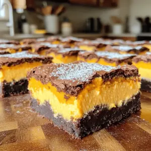 - 1 cup unsweetened cocoa powder - 1 cup all-purpose flour - 1 teaspoon baking powder - ½ teaspoon salt - 1 cup granulated sugar - ½ cup unsalted butter, melted - 2 large eggs - 1 teaspoon vanilla extract - 8 oz cream cheese, softened - ½ cup canned pumpkin puree - 1/3 cup granulated sugar - 1 large egg - 1 teaspoon ground cinnamon - ½ teaspoon ground nutmeg - 1 teaspoon vanilla extract To make these brownies, you will need a few key tools: - A 9x9 inch baking pan - Mixing bowls (one medium and one large) - A whisk for mixing - A spatula for spreading - A knife or skewer for swirling - An oven for baking These ingredients and tools will help you make the perfect pumpkin cheesecake brownies. For the full recipe, check out the detailed steps to create this delightful treat! First, preheat your oven to 350°F (175°C). This step is key for even baking. Next, grease a 9x9 inch baking pan. You can also line it with parchment paper. This makes it easy to remove the brownies later. In a medium bowl, whisk together the cocoa powder, flour, baking powder, and salt. This mix gives the brownies their rich flavor and texture. In a large bowl, combine the melted butter and sugar. Stir until it looks smooth. Now, add the eggs and vanilla extract. Whisk them in well. Gradually fold the dry mix into the wet mix. Be careful not to overmix. This keeps the brownies nice and soft. In another bowl, beat the cream cheese until it is smooth. Add the canned pumpkin puree, sugar, and egg. Then, mix in the cinnamon, nutmeg, and vanilla extract. Mix it all until creamy. This layer adds a lovely flavor to the brownies. Spread half of the brownie batter evenly in the prepared pan. Then, pour the pumpkin cheesecake mix over this layer. Drop spoonfuls of the remaining brownie batter on top. Use a knife to swirl the batters together. This creates a beautiful marbled effect. Place the pan in the oven and bake for 30-35 minutes. To check for doneness, insert a toothpick into the center. It should come out clean when they are done. Allow the brownies to cool in the pan for at least 15 minutes. Then, transfer them to a wire rack to cool completely. After cooling, slice them into squares. Enjoy this delightful fall treat with friends and family! To get that perfect swirl, use a knife or a skewer. After adding the pumpkin cheesecake layer, drop spoonfuls of the brownie batter on top. Then, gently swirl the two batters together. Start from the edges and work your way to the center. Don't overmix; you want to see both layers. This gives your brownies a beautiful marbled look. Baking time is key for great brownies. Bake at 350°F for 30 to 35 minutes. To check if they're done, use a toothpick. Insert it in the center; if it comes out clean, they are ready. If it has wet batter, give them a few more minutes. Keep an eye on them to avoid overbaking. These brownies shine when served right. Dust with powdered sugar for a pretty finish. A drizzle of caramel sauce adds sweetness and flair. For a creamy touch, add a dollop of whipped cream. Serve them warm or at room temperature. They pair well with coffee or tea. Enjoy every bite of this delightful fall treat! For the full recipe, check the details above. {{image_2}} You can play with flavors in your pumpkin cheesecake brownies. Here are some ideas: - Chocolate Chip: Add 1 cup of chocolate chips to the brownie batter. - Peanut Butter: Swirl in 1/2 cup of peanut butter with the cheesecake layer. - Mint: Use mint extract instead of vanilla for a fresh twist. These changes bring new tastes and fun to your baking. Experiment to find your favorite! If you want a gluten-free version, swap the all-purpose flour for gluten-free flour. Many brands work well in brownies. Here’s what to remember: - Check Labels: Ensure all ingredients are gluten-free. - Baking Powder: Use a gluten-free baking powder. Your brownies will still taste amazing without gluten! Toppings can elevate your brownies. Here are some fun ideas: - Whipped Cream: A dollop adds lightness. - Caramel Drizzle: Sweet and sticky, it makes the dish special. - Chopped Nuts: Add walnuts or pecans for crunch. These toppings not only look great but also add more flavor. Enjoy making your pumpkin cheesecake brownies even better! For the full recipe, check out the details above. To keep your pumpkin cheesecake brownies fresh, place them in an airtight container. Make sure they are completely cool before sealing. This helps prevent moisture loss, which can make them dry. Store them at room temperature if you plan to eat them within three days. For longer storage, use the next method. You can freeze pumpkin cheesecake brownies for up to three months. First, cut the brownies into squares. Wrap each piece tightly in plastic wrap. Then, place the wrapped brownies in a freezer-safe bag or container. When you want to eat them, thaw in the fridge overnight. Here are some tips to ensure your brownies stay delicious: - Avoid direct sunlight: Store them in a cool, dark place. - Use parchment paper: If stacking, place parchment paper between layers to prevent sticking. - Skip the fridge: Refrigeration can dry them out, so keep them at room temperature or freeze. By following these steps, your pumpkin cheesecake brownies will remain moist and tasty for days! For the full recipe, check out the details above. Yes, you can use fresh pumpkin. Just cook and puree the pumpkin first. Make sure it is smooth and not too watery. Fresh pumpkin adds a nice, vibrant flavor. These brownies can last up to five days. Store them in an airtight container at room temperature. They stay soft and tasty for a few days. Yes, you can make these brownies a day ahead. Just let them cool completely before storing. This helps the flavors blend nicely. You can use Greek yogurt or silken tofu as a swap for cream cheese. Both options keep the texture creamy. They also add a nice flavor twist. Yes, you can make this recipe dairy-free. Use dairy-free butter and cream cheese alternatives. Many brands offer great options that work well. For the best results, read labels to ensure they fit your needs. This blog post covered tasty pumpkin cheesecake brownies. I shared the ingredients you need and the steps to bake them perfectly. You learned tips to create a great swirl and tried different flavors. Storing them correctly keeps brownies fresh for longer. Remember, you can make these with fresh pumpkin or dairy-free options. Enjoy your delicious treats and impress your friends and family! Happy baking!