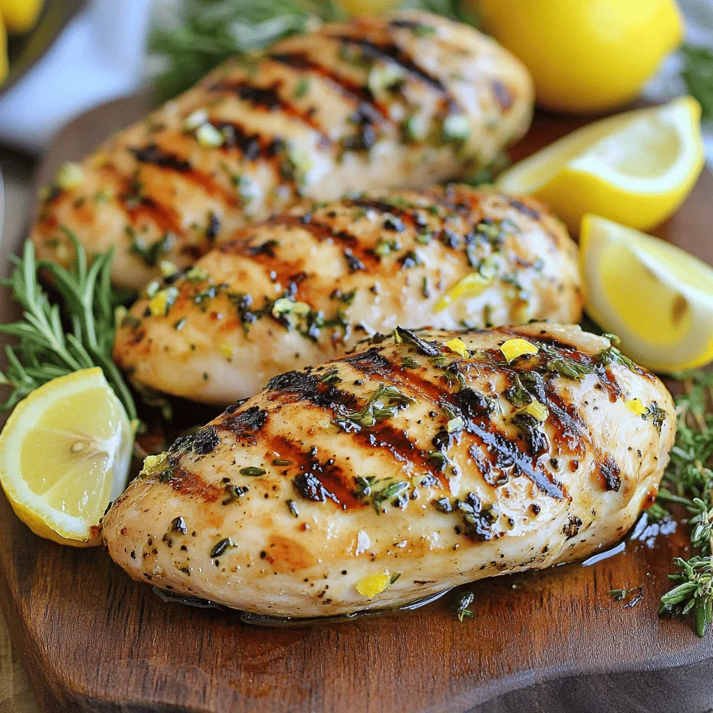 To make grilled chicken, you need just a few key items: - 4 boneless, skinless chicken breasts - 2 tablespoons olive oil - Salt and pepper to taste These main ingredients form the base of your dish. Chicken breasts are lean and cook well on the grill. Olive oil adds moisture and flavor, while salt and pepper enhance the taste. The marinade makes the chicken juicy and tasty. Here are the ingredients for a zesty marinade: - 1 tablespoon lemon zest - 3 tablespoons fresh lemon juice - 3 cloves garlic, minced - 1 tablespoon fresh rosemary, chopped - 1 tablespoon fresh thyme, chopped - 1 tablespoon honey This mix of flavors brightens the chicken. Lemon adds a zing, while garlic gives a savory touch. Fresh herbs like rosemary and thyme bring in earthy notes, and honey balances the tartness. To make your dish even prettier, consider adding these garnishes: - Fresh herbs (like parsley or basil) - Lemon wedges Garnishes not only add color but also enhance the flavor. Fresh herbs can give a pop of green, while lemon wedges let you squeeze more juice on top for extra brightness. For the full recipe, check out the detailed steps to prepare this delightful meal! Start by gathering your ingredients. You need olive oil, lemon zest, lemon juice, garlic, rosemary, thyme, honey, salt, and pepper. In a large bowl, whisk them together. This mixture will add flavor to the chicken. The herbs and lemon give a fresh taste. Set it aside for now. Next, take your chicken breasts. Place them in the bowl with the marinade. Make sure each piece is well coated. Cover the bowl and put it in the fridge. Let it sit for at least 30 minutes. If you have time, let it marinate for 2-4 hours. This step is crucial for a tasty meal. Now, it’s time to grill! Preheat your grill to medium-high heat, about 400°F (200°C). Take the chicken out of the fridge. Let any extra marinade drip off. Discard the leftover marinade to stay safe. Place the chicken on the grill. Cook for 6-7 minutes on one side. Flip it over and cook for another 6-7 minutes. Check the internal temperature; it should reach 165°F (75°C). The chicken should look golden brown. Once done, remove it from the grill and let it rest for 5 minutes. This helps keep it juicy. You can find the full recipe if you want to make this dish yourself. To get those nice grill marks, start with a hot grill. Preheat it for about 10 minutes. Place the chicken on the grill at a 45-degree angle. This angle helps create those attractive diamond shapes. Don’t move the chicken around too much. Let it sit for 6-7 minutes on one side before flipping. This way, you get those beautiful marks and a nice sear. Always check if your chicken is done cooking. Use a meat thermometer to check the thickest part. You want the internal temperature to reach 165°F (75°C). If you don’t have a thermometer, you can cut into the chicken. The meat should be white, and the juices should run clear. If it’s pink or red, it needs more time on the grill. Letting the chicken rest is very important. After you take it off the grill, place it on a plate. Cover it loosely with foil and wait for 5 minutes. This helps the juices settle into the meat. If you cut it too soon, the juices will run out, and the chicken will be dry. Trust me, this step makes a big difference in taste. For the complete cooking process, check out the Full Recipe for Zesty Herb-Infused Grilled Chicken. {{image_2}} If you love heat, try adding spices. You can mix in cayenne pepper. Use one teaspoon for a little kick or more for extra heat. Paprika also adds great flavor and color. You can create a spicy marinade by following the full recipe. Just mix your spices into the marinade. This option is great for those who enjoy a bold taste. Herbs can make your grilled chicken shine. Try adding basil, parsley, or cilantro to the marinade. These herbs bring fresh flavors. You can also use dried herbs if you don’t have fresh ones. Simply adjust the amount since dried herbs are stronger. A mix of herbs will create a lovely blend. Don't forget to experiment with your favorite herbs. If you're out of something, don't worry! You can swap ingredients easily. Instead of olive oil, try avocado oil or melted butter. Use lime juice if you don’t have lemon juice. Honey can be replaced with maple syrup or agave nectar. Each swap gives a different twist to the dish. These simple changes can keep things exciting and new. After enjoying your grilled chicken, store leftovers in an airtight container. This keeps the chicken fresh. Make sure it cools down to room temperature first. Proper storage can last for 3 to 4 days in the fridge. If you want to keep it longer, consider freezing it. When it's time to eat leftovers, reheating is easy. You can use the oven, grill, or microwave. If you use the oven, set it to 350°F (175°C). Heat the chicken for about 10 to 15 minutes. This warms it gently without drying it out. You can cover it with foil to keep moisture in. Freezing grilled chicken is a great way to save time. Wrap each piece tightly in plastic wrap. Then, place them in a freezer bag. Make sure to squeeze out as much air as you can before sealing. This helps prevent freezer burn. You can freeze grilled chicken for up to 3 months. When you're ready to eat, thaw it in the fridge overnight before reheating. For more detailed instructions, check out the Full Recipe. You should grill chicken for about 12 to 15 minutes. Grill each side for 6 to 7 minutes. Flip only once to get nice grill marks. Use a meat thermometer to check the inside. The chicken should reach 165°F (75°C) to be safe to eat. Grilled chicken pairs well with many sides. Here are a few ideas: - Fresh salads - Roasted vegetables - Garlic bread - Rice or quinoa - Mashed potatoes These sides complement the flavors of the chicken and add nutrition. Grilling chicken from frozen is not the best idea. The outside may cook too fast while the inside stays raw. If you must grill from frozen, cook it on low heat for longer. Aim for 50% more time and check the internal temperature carefully. Grilled chicken is a healthy choice for many reasons. It is low in fat and high in protein. This helps build muscle and keep you full. It also has B vitamins, which are good for energy. Using lean chicken can lower fat intake. Overall, grilled chicken is a great addition to a balanced diet. Grilled chicken is tasty and easy to make. We covered key ingredients, like marinades and garnishes. I shared simple steps for marinating and grilling. You learned tips for perfect grill marks and how to check doneness. We also looked at fun ways to mix up flavors with variations. Lastly, I provided quick notes on storing leftovers. Enjoy your grilling journey! It’s about experimenting and finding your favorites. Your next meal can be delicious and easy with grilled chicken.