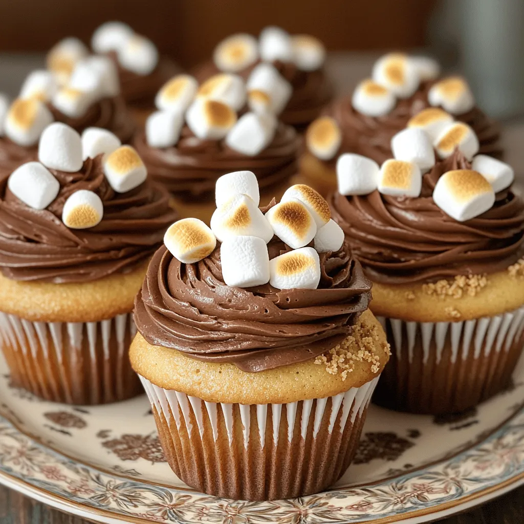- 1 cup graham cracker crumbs - 1/2 cup all-purpose flour - 1/2 cup unsweetened cocoa powder - 1 teaspoon baking powder - 1/2 teaspoon baking soda - 1/4 teaspoon salt - 1/2 cup unsalted butter, softened - 1 cup granulated sugar - 2 large eggs - 1 teaspoon vanilla extract - 1/2 cup buttermilk - 1 cup mini marshmallows - 1/2 cup chocolate chips (semi-sweet or milk chocolate) - Chocolate frosting (store-bought or homemade) - Extra graham cracker crumbs for garnish - Mini marshmallows for topping Each ingredient plays a key role in making S'mores cupcakes delightfully rich and tasty. The graham cracker crumbs give a nice crunch and hint of sweetness. The flour and cocoa powder create a soft and moist base. Baking powder and baking soda help the cupcakes rise well. Butter adds richness, while sugar gives sweetness. Eggs bond the mix and add moisture. Vanilla extract enhances flavors. Buttermilk keeps the cupcakes tender. Mini marshmallows and chocolate chips bring that S'mores magic. For the frosting, you can use store-bought or homemade chocolate frosting. The extra graham cracker crumbs and mini marshmallows create a sweet and fun topping. You can find the full recipe with detailed steps to make these treats. Enjoy baking and sharing these sweet delights! 1. Preheat your oven to 350°F (175°C). Line a cupcake tin with paper liners. 2. In a medium bowl, mix the graham cracker crumbs, flour, cocoa powder, baking powder, baking soda, and salt. Set this bowl aside. 3. In a large bowl, cream the softened butter and granulated sugar. Use an electric mixer to make it fluffy. This will take about 3 to 5 minutes. 4. Add the eggs one by one. Mix well after each egg. Then, stir in the vanilla extract. 5. Now, alternate adding the dry mix and buttermilk to the butter mix. Start and end with the dry mix. Stir until just combined. 6. Gently fold in mini marshmallows and chocolate chips using a spatula. This keeps the marshmallows intact. 7. Spoon the batter into cupcake liners, filling each about 2/3 full. 8. Bake in the preheated oven for 18 to 20 minutes. Use a toothpick to check if they are done. 9. Once baked, cool the cupcakes in the pan for 5 minutes. Then move them to a wire rack to cool completely. 10. When cooled, pipe chocolate frosting on each cupcake. 11. For the finishing touch, sprinkle extra graham cracker crumbs on top. Add a few mini marshmallows. If you like, use a kitchen torch to toast the marshmallows for that classic S'mores taste. Make sure to check the Full Recipe for more details! To bake perfect S'mores cupcakes, timing is key. Bake for 18 to 20 minutes. Use a toothpick to check doneness. Insert it into the center of a cupcake. If it comes out clean, they are ready. If not, give them a few more minutes. After baking, cool the cupcakes in the pan for 5 minutes. Then, transfer them to a wire rack. Let them cool completely before frosting. This step keeps the frosting from melting. Piping frosting can be fun! Use a large round tip for a nice swirl. Start from the outside edge and work your way to the center. This creates a lovely dome shape. For a classic S'mores touch, use a kitchen torch on mini marshmallows. Lightly toast them right before serving. This adds a golden color and rich flavor. Arrange your cupcakes on a decorative platter. A tiered stand can make them stand out. You can also use small sticks or skewers to mimic a campfire. Add thematic decorations like chocolate pieces or mini graham crackers. These little touches make your cupcakes even more inviting. They are perfect for parties or gatherings! {{image_2}} You can change the chocolate in your S'mores cupcakes. Try dark chocolate for a rich taste. You can also use white chocolate for a sweeter flavor. Adding peanut butter gives a nice twist. Just mix it in with the butter and sugar. You can even add nuts or toffee bits for extra crunch. If you need gluten-free options, use gluten-free graham cracker crumbs. You can also swap regular flour for a gluten-free blend. For a vegan cupcake, use flaxseed meal mixed with water instead of eggs. You can replace butter with coconut oil or vegan butter. Both methods keep your cupcakes moist and tasty. For a fun twist, create cupcake sandwiches. Just slice two cupcakes in half and add frosting between them. You can also make mini layer cakes by stacking two or three cupcakes with frosting in between. Pair these treats with ice cream or a cold drink. A glass of milk or hot cocoa works great! To keep your S'mores cupcakes fresh, place them in an airtight container. Make sure they cool completely first. This step helps avoid sogginess. You can store them at room temperature for up to three days. If you want to keep them longer, use the fridge. Just remember to seal them well. If you need to freeze your cupcakes, it’s easy! Freeze them without frosting first. Wrap each cupcake tightly in plastic wrap. Then, place them in a freezer-safe bag. They can last up to three months in the freezer. When you're ready to enjoy, thaw them in the fridge overnight. Frost them right before serving. S'mores cupcakes last about three days at room temperature. They stay fresh longer in the fridge, lasting about a week. The frosting might change a bit in texture, but the taste stays great. Always check for any signs of spoilage before enjoying. Store S'mores cupcakes in an airtight container. Keep them at room temperature for up to three days. If you want to keep them longer, place them in the fridge. Just remember, cold storage may change the texture a bit. Let them sit at room temperature before serving. Yes, you can make S'mores cupcakes ahead of time. Bake them a day or two before your event. Let them cool completely, then store them as mentioned above. You can frost them on the day you serve for best taste. You can add your favorite flavors. Try different chocolates, like white or dark chocolate. Mix in crushed candies or nuts for fun textures. You could even make a peanut butter frosting for a twist. Get creative and make it your own! You can find the full recipe for S'mores cupcakes with detailed steps and tips in the earlier sections. Happy baking! In this blog post, I shared how to make delicious S'mores cupcakes, starting from the ingredients to the baking process. I included tips on frosting techniques and presentation ideas. You can even customize your cupcakes to fit your taste or dietary needs. Overall, mastering these cupcakes can bring joy to your kitchen. Enjoy baking and sharing these delightful treats with friends and family!