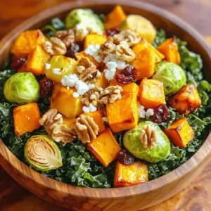 - 2 cups kale, chopped - 1 medium butternut squash, peeled and cubed - 1 large sweet potato, peeled and cubed - 1 cup Brussels sprouts, halved - 1/2 cup walnuts, roughly chopped - 1/2 cup dried cranberries - 1/4 cup feta cheese, crumbled (optional) The main ingredients in the Roasted Fall Harvest Salad bring warmth and comfort. Kale adds a healthy crunch. Butternut squash and sweet potato offer sweetness and earthiness. Brussels sprouts provide a slight bitterness, balancing the flavors. Walnuts add crunch and healthy fats. Dried cranberries bring a pop of tartness. You may sprinkle feta cheese on top, if desired, for a creamy touch. - 3 tablespoons olive oil - 1 tablespoon maple syrup - 1 teaspoon cinnamon - Salt and pepper to taste The seasoning and dressing make all the difference. Olive oil helps vegetables roast nicely. Maple syrup adds sweetness to balance savory notes. Cinnamon offers warmth, perfect for fall. Salt and pepper enhance all the flavors. - Other nuts or seeds - Additional fruits (apples, pears) - Alternative cheese options Feel free to get creative with optional add-ins. Other nuts or seeds can boost crunch and nutrition. Sliced apples or pears bring fresh, juicy bites. You can swap cheeses for your favorites, like goat cheese or vegan options. The Full Recipe provides a guide, but your twist makes it special! 1. Preheat the oven: Start by setting your oven to 400°F (200°C). This heat helps to roast the veggies nicely. 2. Cube the squash and sweet potato: Take the butternut squash and sweet potato. Peel them, then cut them into small cubes. This helps them cook evenly. 3. Halve the Brussels sprouts: Next, grab the Brussels sprouts. Cut each one in half to allow them to crisp up nicely in the oven. 1. Drizzle with olive oil and seasonings: In a large bowl, add the cubed squash, sweet potato, and halved Brussels sprouts. Pour in 2 tablespoons of olive oil. Add maple syrup, cinnamon, salt, and pepper. Toss well so everything is coated. 2. Spread on baking sheet and roast: Lay the seasoned veggies out on a baking sheet. Make sure they are in a single layer. Roast them in the oven for 25-30 minutes. Stir halfway through cooking for even roasting. You'll know they are done when they are tender and slightly caramelized. 1. Toast walnuts in a skillet: While the veggies roast, take a small skillet and add the chopped walnuts. 2. Timing and tips for perfect toasting: Heat the skillet over medium heat. Stir the walnuts often for 5-7 minutes. They should be golden brown and have a nice aroma. Once toasted, set them aside to cool. Follow these steps, and you will have a delicious Roasted Fall Harvest Salad ready to enjoy! For all the detailed ingredients and assembly, check out the Full Recipe. To achieve great caramelization, cut your vegetables into even pieces. This helps them cook evenly. Use high heat for roasting. A temperature of 400°F (200°C) works best. Roast for 25-30 minutes, stirring halfway. This mix of heat and time creates a nice golden color. Different ovens may cook at different rates. If your oven runs hot, check your veggies a bit early. If it runs cool, they may need a few extra minutes. Trust your senses; look for softness and that sweet aroma. When mixing fresh and roasted ingredients, combine them gently. Start with the kale and then add the warm roasted vegetables. This warms the kale but does not wilt it. Mix in the walnuts and dried cranberries last. This keeps them crunchy. To avoid wilting greens, serve right after mixing. A light drizzle of olive oil helps bring the flavors together without making the greens soggy. Serve your salad in a large, shallow bowl for a festive look. You can also dish it out on individual plates. This makes it feel special for guests. Garnish with extra walnuts and cranberries on top. A drizzle of balsamic glaze adds a nice touch. It makes the dish pop with color and flavor. {{image_2}} When making your Roasted Fall Harvest Salad, you can switch things up to fit your taste or needs. Here are some fun ideas: You can skip the cheese in this salad. If you want a creamy texture, try using vegan cheese or avocado instead. For protein, consider adding chickpeas or lentils. They blend well and boost nutrition. Feel free to use different fall veggies. Carrots, beets, or parsnips work great. You can also add fresh herbs like thyme or sage. They will bring more flavor to your salad and highlight the season. If you need a gluten-free option, this salad is a winner. All the ingredients are naturally gluten-free. For low-carb variations, consider using cauliflower instead of sweet potatoes. This swap reduces carbs while keeping it tasty. Explore these variations to make your Roasted Fall Harvest Salad your own. Check out the Full Recipe for more tips! To keep your salad fresh, use an airtight container. Glass or BPA-free plastic containers work best. Store it in the fridge. Leftovers can last about three days. Check for freshness before eating. If you want to warm the roasted veggies, use the oven. Preheat it to 350°F (175°C). Spread the vegetables on a baking sheet. Heat them for about 10 minutes. This keeps them crisp. Avoid microwaving, as it can make them soggy. Store raw vegetables and nuts in cool, dry places. Keep them in sealed bags or containers. This helps maintain their crunch. For vibrant salad greens, wrap them in a damp paper towel. Place them in a plastic bag. This keeps them fresh longer. Yes, you can make this salad ahead. Roasting the vegetables is best done fresh. However, you can prep the veggies and store them in the fridge. Chop and season them the night before. Keep the dressing separate until you are ready to eat. This keeps the salad fresh and crunchy. You can use simple homemade dressings. Here are a few ideas: - Balsamic vinaigrette: Mix balsamic vinegar, olive oil, salt, and pepper. - Maple mustard dressing: Blend maple syrup, mustard, olive oil, and vinegar. - Honey lemon dressing: Combine honey, lemon juice, olive oil, and salt. These dressings add great flavor and complement the salad well. Adding protein boosts the salad’s nutrition. Here are some tasty options: - Grilled chicken: Slice it thin and mix it in. - Chickpeas: Add canned chickpeas for a vegan twist. - Beans: Black beans or kidney beans work well. - Quinoa: Cooked quinoa can also add protein and texture. These options make your salad hearty and filling. For the full recipe, check the link above to make this delicious Roasted Fall Harvest Salad! This roasted fall harvest salad combines tasty ingredients like kale, squash, and sweet potatoes. You learned how to prep and season them for perfect roasting. I shared tips to keep your greens fresh and make your salad look beautiful. You can even swap in seasonal veggies and cater to dietary needs. Enjoy this dish year-round by adjusting ingredients and flavors. Your salad will remain vibrant and delicious, making it a true crowd-pleaser.