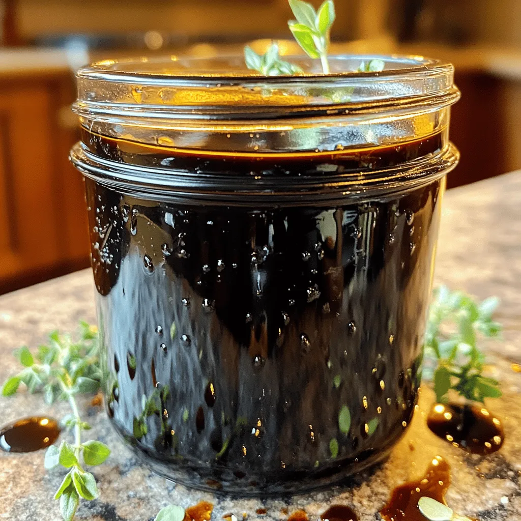 - 2 cups balsamic vinegar - 1 tablespoon maple syrup - 1 teaspoon garlic powder - 1 teaspoon onion powder - 1 teaspoon dried oregano - 1/2 teaspoon salt - 1/4 teaspoon black pepper You can easily swap out the maple syrup. Honey can work, but it adds sugar. For a sugar-free option, use stevia or a sugar-free syrup. You can also use fresh herbs instead of dried. Fresh oregano adds a bright flavor. Just use three times more fresh herbs. If you need a salt alternative, try using garlic salt or a salt substitute. Always check the label for sodium content. To start, grab a medium saucepan. Pour in 2 cups of balsamic vinegar. This is the base of your glaze. Next, add 1 tablespoon of maple syrup for a hint of sweetness. You can also measure accurately by using a liquid measuring cup. Level off the syrup for a perfect amount. Now, add 1 teaspoon of garlic powder, 1 teaspoon of onion powder, 1 teaspoon of dried oregano, 1/2 teaspoon of salt, and 1/4 teaspoon of black pepper. Mix these ingredients well. This blend gives your glaze a rich flavor. Place your saucepan on the stove over medium heat. Bring the mixture to a gentle simmer. This step is key. You want to create a rich flavor without burning it. Once it simmers, reduce the heat to low. Let it simmer for about 20-25 minutes. Stir occasionally to prevent sticking. You’ll see it thicken to a syrupy consistency. When your glaze thickens, remove the saucepan from heat. Let it cool for a few minutes. This cooling helps it thicken even more. Once cool, transfer your glaze into a jar or container. Allow it to cool completely before sealing. Proper storage is vital. You can keep it in the fridge for up to 2 weeks. For the perfect consistency, aim for a syrup-like thickness. Enjoy your homemade balsamic glaze! Check out the Full Recipe for more details. To boost your glaze, try adding spices. Smoked paprika brings a nice depth. You can also mix in some chili flakes for heat. For brighter notes, consider citrus. Lemon zest or orange juice can brighten the flavors. You can even add pureed fruits like strawberries or figs for a sweet twist. These additions create a complex flavor that makes your glaze stand out. Balsamic glaze works well with many dishes. It drizzles nicely over grilled meats, like chicken or steak. You can also pair it with roasted veggies. It adds a tangy touch to salads, especially those with fresh greens. Use it in marinades for chicken or fish for added flavor. The glaze can also shine as a dip for bread or cheese. Do not overheat your glaze. Too high of heat can burn it, ruining the taste. Keep it at a gentle simmer for the best result. Another mistake is not allowing enough reduction time. A proper reduction thickens the glaze and intensifies the flavor. Aim for a syrupy consistency, which usually takes around 20-25 minutes. Patience pays off with this glaze! {{image_2}} You can easily change the flavor of your balsamic glaze. Here are two tasty ideas: - Thyme-Infused Balsamic Glaze: Add fresh thyme leaves while simmering. It gives a wonderful herbal taste. Just strain the glaze before storing. - Spicy Pepper Balsamic Glaze: Toss in crushed red pepper flakes for a kick. This glaze works well on grilled meats. Adjust the amount to fit your heat level. You can modify this recipe to fit different diets. - Vegan-friendly alternatives: Use agave syrup instead of maple syrup. This keeps it sweet and plant-based. - Gluten-free options: This recipe is already gluten-free. You can enjoy it without worries. You might want to adjust the sweetness without using sugar. Here are my tips: - How to balance flavors without traditional sugar: Use a touch of maple syrup. It adds sweetness and flavor. You can also try honey if not vegan. - Using fruit purees or juices for sweetness: Blend ripe fruits like figs or dates. Add them during cooking for natural sweetness. This adds flavor and helps thicken the glaze. These variations and adjustments make your balsamic glaze truly yours. You can easily play with flavors and keep it healthy. For the complete recipe, check out the Full Recipe above! To keep your homemade balsamic glaze fresh, choose the right containers. Glass jars are best. They seal tightly and do not absorb flavors. Make sure they are clean and dry before using them. This helps prevent any unwanted tastes. For long-term storage, consider using small jars. This way, you can open just one at a time. Once you make the glaze, store it in the fridge. It lasts up to two weeks when kept cold. Always check for signs of spoilage before use. If you see mold or off smells, throw it away. This keeps you safe and healthy. If your glaze thickens after storage, you can easily reheat it. Simply warm it in a saucepan over low heat. Stir slowly to bring back its smooth texture. You can also use leftover glaze in many ways. Drizzle it on salads, grilled veggies, or meats for extra flavor. It adds a sweet touch to any dish! You can use red wine vinegar or apple cider vinegar. Both provide a tangy taste. If you want a sweeter flavor, try using a mix of red wine and some honey. This will mimic the taste of balsamic vinegar quite well. Homemade balsamic glaze lasts about two weeks in the fridge. Store it in a sealed jar for best results. Always check for any signs of spoilage before use. Yes, this glaze works great on grilled meats. It adds a sweet and tangy flavor. Brush it on chicken, steak, or pork right before serving. You can also use it as a marinade. Yes, you can make sugar-free balsamic glaze without maple syrup. Use stevia or monk fruit sweetener instead. Adjust the amount to reach your preferred sweetness. Remember, the goal is to balance the acidity of the vinegar. Balsamic glaze has many uses! Drizzle it on salads, roasted veggies, or pizza. It also enhances desserts, like strawberries or ice cream. You can even use it in sauces or dips. It adds a gourmet touch to everyday meals. Making balsamic glaze is simple and rewarding. We covered the key ingredients and steps for cooking. You learned about substitutions and flavor tips. Avoid common mistakes and store your glaze properly for the best results. With some creativity, you can elevate dishes with this glaze. Don't hesitate to experiment with flavors and techniques. Enjoy your cooking and have fun using this versatile condiment in new ways!