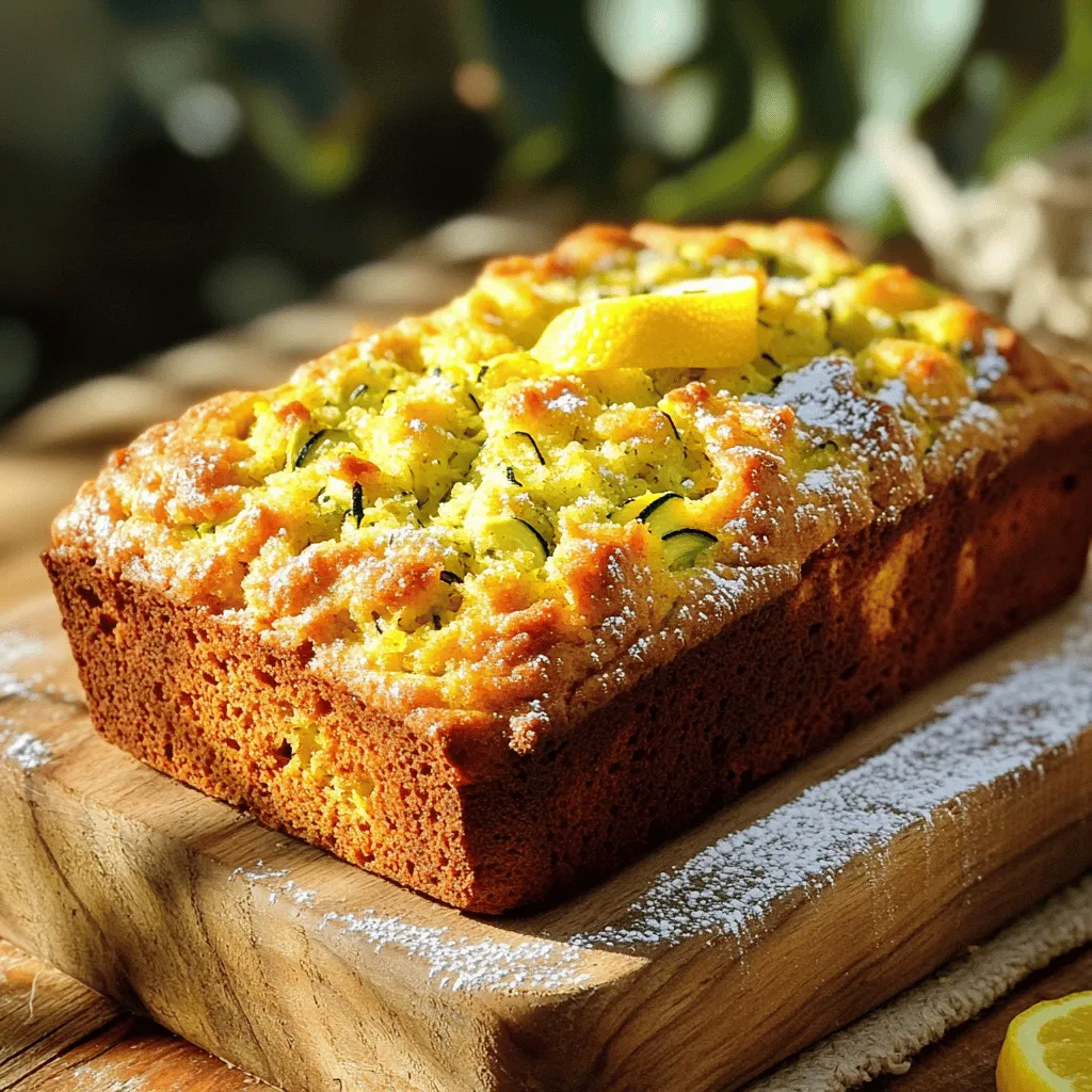 - Grated zucchini (1 ½ cups) - All-purpose flour (1 ½ cups) - Granulated sugar (1 cup) The main ingredients are simple and fresh. Grated zucchini adds moisture and a mild flavor. You need about one medium zucchini to get 1 ½ cups. All-purpose flour gives the bread its structure. Granulated sugar sweetens the mix and helps it brown nicely. - Chopped walnuts (½ cup) - Raisins (½ cup) These add-ins give the bread extra texture. Chopped walnuts add a nice crunch. Raisins provide a sweet burst of flavor in every bite. Feel free to mix and match according to your taste! - Baking soda (1 teaspoon) - Baking powder (½ teaspoon) - Ground cinnamon (½ teaspoon) - Vegetable oil (⅓ cup) These pantry staples are key for great baking. Baking soda and baking powder help the bread rise. Ground cinnamon adds warmth and spice. Vegetable oil keeps the bread moist and tender. All these ingredients work together to create a delightful loaf. For the full recipe, check out the detailed instructions. First, preheat your oven to 350°F (175°C). This step is key for even baking. While the oven warms up, grease and flour a 9x5-inch loaf pan. You can also use parchment paper for easy removal later. In a medium bowl, combine 1 ½ cups of all-purpose flour, 1 teaspoon of baking soda, ½ teaspoon of baking powder, ½ teaspoon of salt, and ½ teaspoon of ground cinnamon. Mix these dry ingredients well and set them aside. This blend adds structure and flavor to your bread. In a large mixing bowl, whisk together 1 cup of granulated sugar and ⅓ cup of vegetable oil. Make sure they blend smoothly. Next, add 2 large eggs one by one, mixing well after each. Then, stir in 1 tablespoon of lemon zest, 2 tablespoons of lemon juice, and 1 teaspoon of vanilla extract. This mixture brings the bright flavors to life. Gradually add the dry ingredients to the wet mixture. Stir gently until just combined. Be careful not to overmix. Then, fold in 1 ½ cups of grated zucchini. If you like, you can also add ½ cup of chopped walnuts and ½ cup of raisins for extra taste and texture. Pour the batter into your prepared loaf pan. Smooth the top with a spatula. Bake in the preheated oven for 50-60 minutes. Check the center with a toothpick. It should come out clean. Once done, let the loaf cool in the pan for about 10 minutes. Then transfer it to a wire rack to cool completely. For the full recipe, check the previous section. To get the best texture in your lemon zucchini bread, avoid overmixing the batter. Overmixing makes the bread tough. Mix just until you see no more flour. This keeps your bread light and fluffy. After baking, let the loaf cool in the pan for 10 minutes. Then, move it to a wire rack. Cooling it this way helps it set properly and keeps it moist. You can add spices to boost flavor. Try adding nutmeg or cardamom for warmth. If you want more texture, toss in some chopped nuts. Walnuts or pecans work great. You can also mix in chocolate chips for a sweet twist. Slice the lemon zucchini bread after it cools completely. Serve it on a rustic wooden board for a nice look. You can garnish each slice with lemon peel or a sprinkle of powdered sugar. Pair your bread with tea or coffee. The bright lemon flavor goes well with both drinks. Enjoy your delicious creation! For the full recipe, check the link above. {{image_2}} You can change up the flavors in this lemon zucchini bread easily. - Dried fruit substitutions: Try using dried cranberries or chopped apricots instead of raisins. These fruits add a tart or sweet note that pairs well with lemon. - Alternative nuts for texture: Instead of walnuts, you can use pecans or almonds. Both add a nice crunch and flavor to the bread. Want to try something a bit different? Here are some fun ideas. - Adding chocolate chips for a sweet variation: Just fold in a half cup of chocolate chips. The sweet chocolate balances the tart lemon nicely. - Using lime zest instead of lemon for a unique taste: Lime gives a fresh twist. Just swap the lemon zest for lime zest in the recipe. You’ll get a bright, zesty flavor that’s fun and different. If you need a gluten-free version, there are great swaps available. - Suggestions for gluten-free flour replacements: Use a gluten-free all-purpose flour blend. These blends often work well in baking and will keep your bread soft and tasty. Make sure it has xanthan gum for the best results. These variations keep the lemon zucchini bread fresh and exciting! Enjoy experimenting with your own mix-ins and flavors. For the full recipe, check out the details above. To keep your lemon zucchini bread fresh, wrap it tightly in plastic wrap. You can also store it in an airtight container. This helps keep moisture in and prevents it from drying out. If you want to enjoy it later, place it in the fridge. The cold helps it last longer. Freezing zucchini bread is easy. First, let it cool completely. Then, slice the bread into pieces. Wrap each slice in plastic wrap. Place the slices in a freezer bag or container, removing as much air as possible. This keeps the bread fresh for about three months. In the fridge, lemon zucchini bread stays fresh for about one week. If you freeze it, it can last up to three months. The bread may lose some texture when thawed but will still taste great. For the best flavor, eat it within two months of freezing. Yes, you can use frozen zucchini. However, fresh zucchini gives the best taste. Frozen zucchini may add extra moisture. If using frozen, thaw it and drain excess water. This keeps your bread from becoming soggy. You can make this lemon zucchini bread healthier easily. Try using less sugar, like ¾ cup instead of 1 cup. You can also replace half the oil with unsweetened applesauce. This change keeps the moisture without adding extra fat. Absolutely! Doubling the recipe is simple. Just multiply each ingredient by two. Bake it in two pans or one larger pan. If using a bigger pan, check the bread a bit earlier. It might need extra time. If your bread is dense, it’s likely due to overmixing. Always mix just until combined. Also, check your baking powder and soda for freshness. Old leavening agents won’t rise the bread properly. If it’s still dense, add a bit more liquid next time. For the full recipe, visit the section above. In this blog post, we covered how to make a delicious lemon zucchini bread. We looked at the key ingredients, handy tips, and variations to boost flavor. Remember, mixing well but not overdoing it is key. Always try new add-ins for fun twists. Store your leftovers properly so they stay fresh. With these simple steps, your baking will shine. Enjoy your tasty creation and share it with friends!