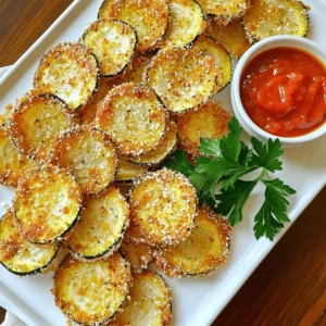 - 2 medium zucchinis - 1 cup grated Parmesan cheese - 1 cup breadcrumbs (preferably panko) - 1 teaspoon garlic powder - 1 teaspoon Italian seasoning - 1/2 teaspoon salt - 1/4 teaspoon black pepper - 2 large eggs, beaten - Olive oil spray To make Parmesan zucchini chips, start with fresh zucchinis. Choose medium-sized ones for the best results. Slice them into thin rounds. Thin slices bake well and get crispy. Next, gather your main flavor agents. Grated Parmesan cheese adds a rich, savory taste. Use panko breadcrumbs for extra crunch. They create a light and crispy coating. Seasoning is key to flavor. Garlic powder gives a nice kick. Italian seasoning adds warmth and richness. A touch of salt and black pepper balances the flavors perfectly. For binding, beat two large eggs. This helps the coating stick to the zucchini. Finally, grab olive oil spray. It helps the chips crisp up nicely in the oven. You can find the full recipe above for detailed steps. - Preheat your oven to 425°F (220°C). - Line a baking sheet with parchment paper for easy cleanup. - In a shallow bowl, mix together the breadcrumbs, grated Parmesan, garlic powder, Italian seasoning, salt, and black pepper. - In another bowl, beat the eggs until well mixed. - Take each zucchini slice and dip it into the beaten eggs. - Allow any excess egg to drip off. - Next, coat the slice in the breadcrumb mixture. - Press gently to make sure the coating sticks well. - Arrange the coated zucchini slices on the baking sheet. - Keep them in a single layer without overlapping. - Lightly spray the tops with olive oil spray for extra crispness. - Bake for 20-25 minutes until golden brown and crispy. - Flip the chips halfway through baking to ensure even cooking. For the full recipe, check the ingredients and instructions earlier in the article. Enjoy your crunchy snacks! To make your Parmesan zucchini chips crispy, start with panko breadcrumbs. Panko is lighter and airier than regular breadcrumbs. This texture gives your chips a great crunch. You want each slice to be crispy on the outside and tender inside. Using olive oil spray is also key. Spray the tops of the zucchini chips lightly before baking. This helps them get that perfect golden color and extra crunch. Remember, too much oil can make them soggy. Just a light mist is all you need. Pair your zucchini chips with tasty dips. Marinara sauce is a classic choice. You can also try creamy aioli or ranch dressing. These flavors complement the salty cheese well. For gatherings, present the chips on a colorful platter. Add a small bowl of dip in the center. Garnish with fresh parsley for a pop of color. This adds a nice touch and makes the dish look appealing. Zucchini is low in calories and high in vitamins. It’s rich in vitamin C and potassium. These nutrients support your immune system and heart health. Choosing zucchini as a snack is smart. It fills you up without heavy calories. Plus, it provides fiber, which is good for digestion. Enjoying these chips means you can indulge without guilt. {{image_2}} To make your Parmesan zucchini chips even better, try adding herbs and spices. Fresh or dried herbs like basil, oregano, and thyme add great flavor. You can also try a pinch of cayenne for heat or smoked paprika for a smoky taste. Each herb brings its own twist, making your chips unique. You can also experiment with different cheeses. While Parmesan is classic, you can try cheddar, mozzarella, or even a spicy pepper jack. Mixing cheeses can give your chips a fun and tasty upgrade. These zucchini chips are a great snack on their own, but you can pair them with meals too. They work well as a side for salads. A light garden salad with vinaigrette goes well with the crunch of the chips. You can also serve them alongside grilled chicken or fish for a balanced meal. Dipping sauces elevate the experience. Marinara sauce is a classic choice, but you can also try ranch, garlic aioli, or spicy sriracha mayo. Each sauce adds flavor and richness that pairs nicely with the crispness of the chips. If you want to switch things up, an air fryer is a great option. Preheat your air fryer to 375°F (190°C). Arrange the zucchini chips in a single layer, and cook for about 10-15 minutes. Check them halfway through to ensure even cooking. They will turn out just as crispy! For a deep-fried version, heat oil in a deep pot to 350°F (175°C). Fry the zucchini chips in small batches for about 2-3 minutes until golden brown. Drain them on paper towels to remove excess oil. This method gives a satisfying crunch but adds extra calories. For the full recipe, including all the ingredients and steps, check out the main section. To keep your zucchini chips fresh, store them in an airtight container. This method keeps them from getting soggy. Place them in the fridge for up to three days. If you notice any moisture, use paper towels to absorb it. For the best results, reheat your chips in the oven. Preheat it to 350°F (175°C). Lay the chips on a baking sheet and heat for about five minutes. This restores their crispiness. You can also use the microwave, but beware: it may make them soft. A quick burst of 30 seconds is best if you choose this method. You can freeze zucchini chips before or after baking. If freezing raw, coat them and place them in a single layer on a baking sheet. Freeze until firm, then transfer them to a freezer bag. If they've been baked, let them cool before freezing. To thaw, simply leave them in the fridge overnight. When ready to eat, reheat in the oven for that perfect crunch. Enjoy your crispy Parmesan zucchini chips anytime! For the full recipe, check the earlier sections. To make zucchini chips crispy, follow these key tips: - Slice the zucchini thinly. Aim for about 1/8 inch thick. - Use panko breadcrumbs for extra crunch. They have a lighter texture. - Spray olive oil on top before baking. This helps with browning. - Bake at a high temperature, around 425°F (220°C). - Flip the chips halfway through baking for even crispness. Yes, you can bake zucchini chips without breadcrumbs! Here are some options: - Use ground nuts, like almonds or walnuts, for a nutty flavor. - Try cornmeal for a gluten-free option. - Use crushed crackers for a different texture. - You can also season with spices directly on the zucchini slices. Baked Parmesan zucchini chips last about 2-3 days when stored properly. Keep them in an airtight container. For best freshness, place parchment paper between layers. This prevents them from getting soggy. For even slicing, use a sharp knife or mandoline. Here’s how: - Cut off both ends of the zucchini first. - Stand the zucchini upright and slice it into rounds. - Aim for uniform thickness so they cook evenly. - If you want a fun shape, try cutting them into half-moons or sticks! In this article, we covered how to make crispy baked zucchini chips. You learned about the main and seasoning ingredients needed. I shared step-by-step instructions for preparation and baking. We also discussed tips for achieving perfect crispiness and suggested serving ideas. Don’t forget to explore variations and storage tips. Zucchini chips are not just tasty; they are healthy too. Enjoy experimenting with flavors and sharing these snacks!