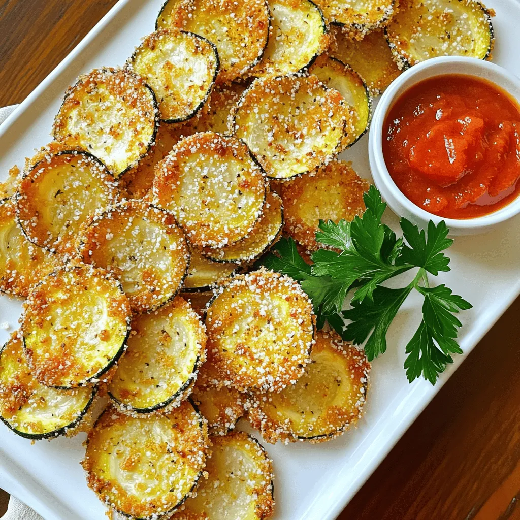 - 2 medium zucchinis - 1 cup grated Parmesan cheese - 1 cup breadcrumbs (preferably panko) - 1 teaspoon garlic powder - 1 teaspoon Italian seasoning - 1/2 teaspoon salt - 1/4 teaspoon black pepper - 2 large eggs, beaten - Olive oil spray To make Parmesan zucchini chips, start with fresh zucchinis. Choose medium-sized ones for the best results. Slice them into thin rounds. Thin slices bake well and get crispy. Next, gather your main flavor agents. Grated Parmesan cheese adds a rich, savory taste. Use panko breadcrumbs for extra crunch. They create a light and crispy coating. Seasoning is key to flavor. Garlic powder gives a nice kick. Italian seasoning adds warmth and richness. A touch of salt and black pepper balances the flavors perfectly. For binding, beat two large eggs. This helps the coating stick to the zucchini. Finally, grab olive oil spray. It helps the chips crisp up nicely in the oven. You can find the full recipe above for detailed steps. - Preheat your oven to 425°F (220°C). - Line a baking sheet with parchment paper for easy cleanup. - In a shallow bowl, mix together the breadcrumbs, grated Parmesan, garlic powder, Italian seasoning, salt, and black pepper. - In another bowl, beat the eggs until well mixed. - Take each zucchini slice and dip it into the beaten eggs. - Allow any excess egg to drip off. - Next, coat the slice in the breadcrumb mixture. - Press gently to make sure the coating sticks well. - Arrange the coated zucchini slices on the baking sheet. - Keep them in a single layer without overlapping. - Lightly spray the tops with olive oil spray for extra crispness. - Bake for 20-25 minutes until golden brown and crispy. - Flip the chips halfway through baking to ensure even cooking. For the full recipe, check the ingredients and instructions earlier in the article. Enjoy your crunchy snacks! To make your Parmesan zucchini chips crispy, start with panko breadcrumbs. Panko is lighter and airier than regular breadcrumbs. This texture gives your chips a great crunch. You want each slice to be crispy on the outside and tender inside. Using olive oil spray is also key. Spray the tops of the zucchini chips lightly before baking. This helps them get that perfect golden color and extra crunch. Remember, too much oil can make them soggy. Just a light mist is all you need. Pair your zucchini chips with tasty dips. Marinara sauce is a classic choice. You can also try creamy aioli or ranch dressing. These flavors complement the salty cheese well. For gatherings, present the chips on a colorful platter. Add a small bowl of dip in the center. Garnish with fresh parsley for a pop of color. This adds a nice touch and makes the dish look appealing. Zucchini is low in calories and high in vitamins. It’s rich in vitamin C and potassium. These nutrients support your immune system and heart health. Choosing zucchini as a snack is smart. It fills you up without heavy calories. Plus, it provides fiber, which is good for digestion. Enjoying these chips means you can indulge without guilt. {{image_2}} To make your Parmesan zucchini chips even better, try adding herbs and spices. Fresh or dried herbs like basil, oregano, and thyme add great flavor. You can also try a pinch of cayenne for heat or smoked paprika for a smoky taste. Each herb brings its own twist, making your chips unique. You can also experiment with different cheeses. While Parmesan is classic, you can try cheddar, mozzarella, or even a spicy pepper jack. Mixing cheeses can give your chips a fun and tasty upgrade. These zucchini chips are a great snack on their own, but you can pair them with meals too. They work well as a side for salads. A light garden salad with vinaigrette goes well with the crunch of the chips. You can also serve them alongside grilled chicken or fish for a balanced meal. Dipping sauces elevate the experience. Marinara sauce is a classic choice, but you can also try ranch, garlic aioli, or spicy sriracha mayo. Each sauce adds flavor and richness that pairs nicely with the crispness of the chips. If you want to switch things up, an air fryer is a great option. Preheat your air fryer to 375°F (190°C). Arrange the zucchini chips in a single layer, and cook for about 10-15 minutes. Check them halfway through to ensure even cooking. They will turn out just as crispy! For a deep-fried version, heat oil in a deep pot to 350°F (175°C). Fry the zucchini chips in small batches for about 2-3 minutes until golden brown. Drain them on paper towels to remove excess oil. This method gives a satisfying crunch but adds extra calories. For the full recipe, including all the ingredients and steps, check out the main section. To keep your zucchini chips fresh, store them in an airtight container. This method keeps them from getting soggy. Place them in the fridge for up to three days. If you notice any moisture, use paper towels to absorb it. For the best results, reheat your chips in the oven. Preheat it to 350°F (175°C). Lay the chips on a baking sheet and heat for about five minutes. This restores their crispiness. You can also use the microwave, but beware: it may make them soft. A quick burst of 30 seconds is best if you choose this method. You can freeze zucchini chips before or after baking. If freezing raw, coat them and place them in a single layer on a baking sheet. Freeze until firm, then transfer them to a freezer bag. If they've been baked, let them cool before freezing. To thaw, simply leave them in the fridge overnight. When ready to eat, reheat in the oven for that perfect crunch. Enjoy your crispy Parmesan zucchini chips anytime! For the full recipe, check the earlier sections. To make zucchini chips crispy, follow these key tips: - Slice the zucchini thinly. Aim for about 1/8 inch thick. - Use panko breadcrumbs for extra crunch. They have a lighter texture. - Spray olive oil on top before baking. This helps with browning. - Bake at a high temperature, around 425°F (220°C). - Flip the chips halfway through baking for even crispness. Yes, you can bake zucchini chips without breadcrumbs! Here are some options: - Use ground nuts, like almonds or walnuts, for a nutty flavor. - Try cornmeal for a gluten-free option. - Use crushed crackers for a different texture. - You can also season with spices directly on the zucchini slices. Baked Parmesan zucchini chips last about 2-3 days when stored properly. Keep them in an airtight container. For best freshness, place parchment paper between layers. This prevents them from getting soggy. For even slicing, use a sharp knife or mandoline. Here’s how: - Cut off both ends of the zucchini first. - Stand the zucchini upright and slice it into rounds. - Aim for uniform thickness so they cook evenly. - If you want a fun shape, try cutting them into half-moons or sticks! In this article, we covered how to make crispy baked zucchini chips. You learned about the main and seasoning ingredients needed. I shared step-by-step instructions for preparation and baking. We also discussed tips for achieving perfect crispiness and suggested serving ideas. Don’t forget to explore variations and storage tips. Zucchini chips are not just tasty; they are healthy too. Enjoy experimenting with flavors and sharing these snacks!
