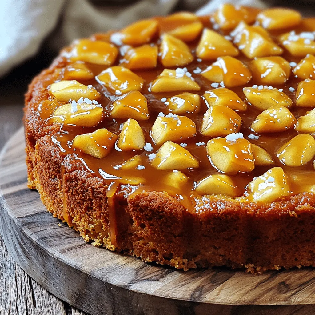 To make the salted caramel apple cake, gather these key items: - 2 cups all-purpose flour - 1 cup granulated sugar - 1/2 cup brown sugar, packed - 1 teaspoon baking soda - 1 teaspoon baking powder - 1/2 teaspoon salt - 1 teaspoon ground cinnamon - 1/2 teaspoon ground nutmeg - 3 large eggs - 1 cup unsweetened applesauce - 1/2 cup vegetable oil - 1 teaspoon vanilla extract - 2 cups peeled and diced apples (like Granny Smith or Honeycrisp) - 1/2 cup salted caramel sauce (store-bought or homemade) - Additional caramel sauce for drizzling - Sea salt for sprinkling You can swap ingredients to fit your needs or pantry. - Flour: Use whole wheat flour for a healthier option. - Sugars: Coconut sugar works well if you want a lower glycemic index. - Applesauce: Replace with mashed bananas for a different flavor. - Oil: Use melted coconut oil for a subtle hint of coconut. - Eggs: Try flax eggs (1 tablespoon flaxseed meal + 2.5 tablespoons water) for a vegan version. Selecting the best ingredients makes a big impact. - Apples: Choose firm apples that are crisp and fresh. This adds great texture. - Spices: Purchase whole spices and grind them yourself for richer flavor. - Sugars: Look for organic sugars to avoid additives. - Caramel Sauce: If using store-bought, check for natural ingredients without preservatives. - Eggs: Buy free-range eggs for better taste and ethical sourcing. This attention to detail will elevate your cake. You’ll notice the difference in taste and texture. For the complete recipe, check the Full Recipe section. First, gather all your ingredients. You will need flour, sugars, baking soda, baking powder, salt, cinnamon, nutmeg, eggs, applesauce, oil, vanilla, apples, and salted caramel sauce. Start by preheating your oven to 350°F (175°C). Then, grease and flour a 9x13 inch baking pan. In a large bowl, whisk together the flour, granulated sugar, brown sugar, baking soda, baking powder, salt, cinnamon, and nutmeg. This mix forms the dry base of your cake. In another bowl, beat the eggs. Add the applesauce, vegetable oil, and vanilla extract. Mix these until everything combines well. Pour your wet mixture into the dry mix. Stir gently until just combined; be careful not to overmix. Now, fold in the diced apples and 1/4 cup of salted caramel sauce. This adds sweetness and flavor to the batter. Pour the batter into your prepared baking pan. Smooth the top with a spatula to ensure even baking. Place it in your preheated oven. Bake for 35-40 minutes. To check for doneness, insert a toothpick into the center of the cake. If it comes out clean, your cake is ready. Once baked, remove the cake from the oven. Allow it to cool in the pan for about 10 minutes. After that, transfer it to a wire rack. Let it cool completely before adding any toppings. Once your cake has cooled, drizzle additional salted caramel sauce over the top. Sprinkle lightly with sea salt to enhance the flavors. For a delicious treat, slice and serve it on its own or with a scoop of vanilla ice cream. Enjoying this salted caramel apple cake is a true delight. For the full recipe, check the recipe section above. To get the right texture for your salted caramel apple cake, mix the dry and wet ingredients carefully. Overmixing can make the cake tough. Use a gentle hand when folding in the apples and caramel. This keeps the cake light and fluffy. Make sure to use room temperature eggs. They mix better and help the cake rise. When it comes to decoration, keep it simple. Drizzle additional salted caramel sauce on top for a sweet touch. A light sprinkle of sea salt adds depth to the flavor. If you want to impress, add a scoop of vanilla ice cream on the side. It makes each bite more delightful. Fresh apple slices or a dusting of powdered sugar can also dress it up nicely. One big mistake is not greasing the pan properly. This can cause your cake to stick. Always check your oven temperature. An oven that’s too hot can dry out the cake. Also, avoid using too many apples. Stick to the recipe for the best balance of flavors. Lastly, let the cake cool completely before slicing. This helps it set and keeps it from falling apart. For the complete recipe, refer to the Full Recipe section above. {{image_2}} You can change the cake's taste by using different frostings. A cream cheese frosting adds a tangy kick. This balances the sweetness of the cake. You can also try a whipped cream topping for a lighter touch. Both choices work well with salted caramel too. For a fun twist, add cocoa powder to your frosting for a chocolate flavor. Don’t be shy to mix flavors. Each frosting brings a new charm to the cake! While apples shine in this cake, other fruits can work too. Pears are a great option. They add a soft, sweet flavor that pairs well with caramel. You could also try diced peaches or even berries. Each fruit will change the cake's texture and taste. Experiment with whatever fruits you love. Just keep the amount the same, and you’ll enjoy a new twist on this classic recipe. You can make this cake fit your dietary needs. For a gluten-free version, swap the all-purpose flour with a gluten-free blend. Check for a mix that includes xanthan gum. If you want a vegan cake, replace the eggs with flaxseed meal or applesauce. Use a plant-based oil, and choose a vegan caramel sauce. These changes keep the cake moist and delicious. Enjoy the cake, no matter your dietary choice! Check the Full Recipe for more tips. To keep your salted caramel apple cake fresh, store it in an airtight container. This stops moisture from ruining its texture. If you plan to eat it within a few days, leave it at room temperature. For longer storage, put it in the fridge. Just remember to cover it well to prevent it from drying out. You can freeze this cake for later enjoyment. First, let it cool completely. Then, wrap individual slices tightly in plastic wrap. Place the wrapped slices in a freezer-safe bag or container. This method keeps the cake fresh for up to three months. When you are ready to eat, simply thaw it in the fridge overnight. To enjoy your cake warm, preheat your oven to 350°F (175°C). Place a slice on a baking sheet and heat it for about 10 minutes. You can also use a microwave. Heat it in 10-second bursts until warm. Drizzle with extra salted caramel before serving for added flavor. For the full recipe, check out the delicious details. Salted caramel has sea salt added to it, which gives it a unique flavor. This salt helps cut through the sweetness. Unsalted caramel does not have salt, making it very sweet. I often use salted caramel in my recipes to balance flavors. The salt enhances the caramel's rich taste. When you add it to desserts, it creates a lovely contrast. Yes, you can make the cake ahead of time. It tastes great for a few days. Just store it in an airtight container. If you plan to serve it later, wait to add the caramel drizzle. The cake stays fresh and moist. You can even freeze it for up to three months. Just thaw in the fridge before serving. To reduce the sweetness, cut back on the sugar. You can use less granulated sugar or brown sugar. Another option is to add more applesauce. This gives moisture without extra sweetness. You can also use unsweetened apples instead of sweet ones. If you prefer, you can skip the additional caramel drizzle. This will help balance the overall sweetness of the cake. For a detailed guide on baking this delicious cake, check the Full Recipe. You now know the main ingredients for your cake, plus tips on picking the best ones. We covered the preparation steps, baking process, and how to serve it right. I shared key tricks for a great texture and popular frosting options. You learned about storing leftovers and reheating them, too. Remember, baking is a fun experiment. With these tips, you can create a cake that stands out. Keep trying new ideas with flavors and styles. Happy baking!