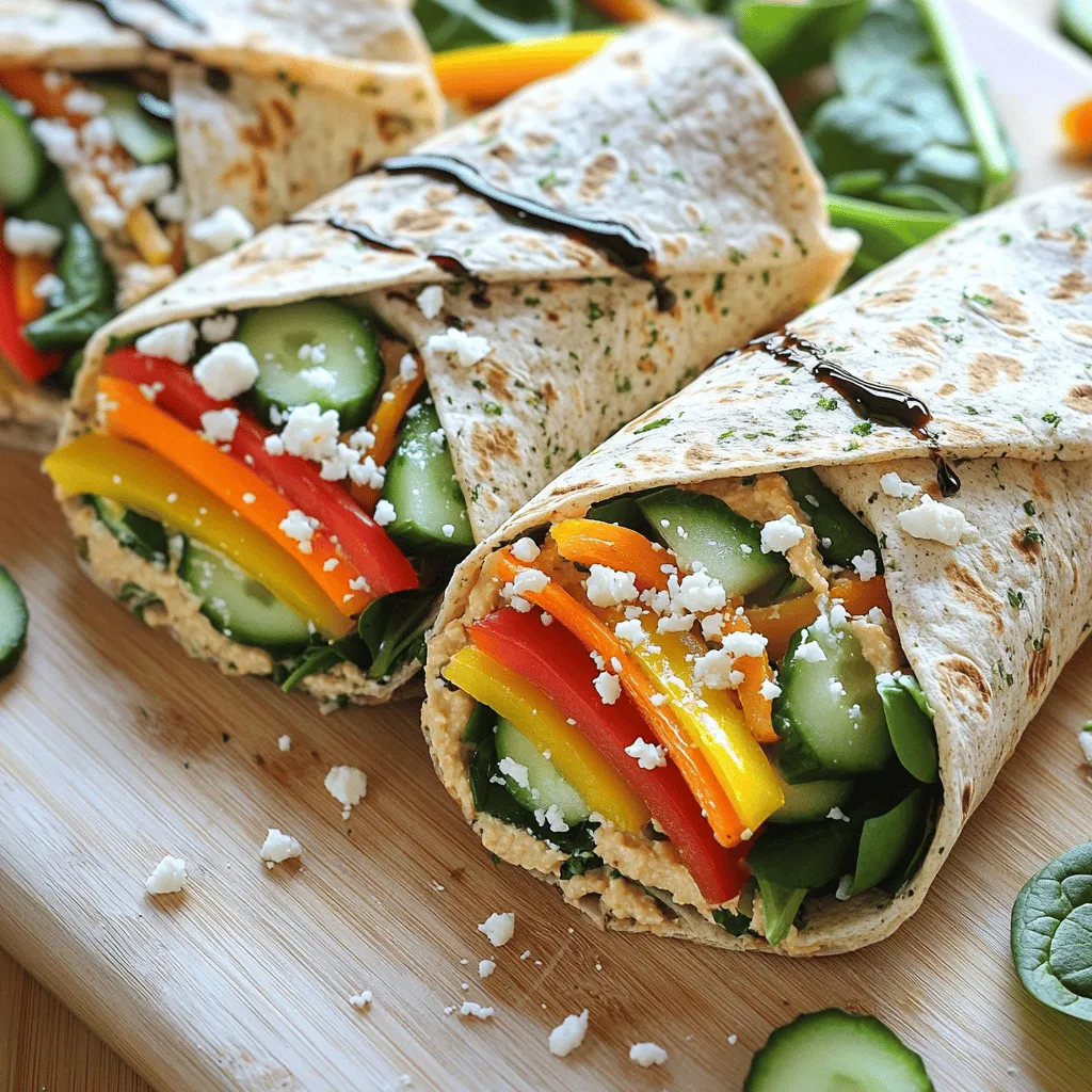To make your Rainbow Veggie Wraps, you need a few simple items. Here’s the list: - 4 large whole grain tortillas - 1 cup hummus (any flavor) - 1/2 cup grated carrots - 1/2 cup sliced bell peppers (red, yellow, and green) - 1/2 cup baby spinach leaves - 1/2 cup sliced cucumbers - 1/4 cup feta cheese (optional) - 1 tablespoon balsamic glaze (optional) - Salt and pepper to taste These ingredients work well together and taste great. Each item adds color and flavor to the wraps. Each ingredient in these wraps provides health benefits. Whole grain tortillas give fiber for good digestion. Hummus gives protein and is rich in healthy fats. Carrots are full of vitamins and are good for your eyes. Bell peppers offer vitamin C and antioxidants. Baby spinach is packed with iron and helps your blood. Cucumbers keep you hydrated and add crunch. Feta cheese adds calcium, but you can skip it if you want. Balsamic glaze gives a sweet touch without too many calories. Salt and pepper add taste without extra calories. You can easily change ingredients for dietary needs: - Tortillas: Try gluten-free tortillas if needed. - Hummus: Use avocado or bean spread for a different taste. - Cheese: Skip feta for dairy-free diets or use vegan cheese. - Veggies: Swap in any veggies you like, such as shredded cabbage or radishes. Feel free to mix and match based on what you have at home. These wraps are very flexible! For the full recipe, refer to the earlier section. To start, grab a large whole grain tortilla. Lay it flat on a clean cutting board. This gives you a nice base for your wrap. Make it easy to add your favorite fillings. Next, spread about 1/4 cup of hummus evenly across the tortilla. Hummus adds flavor and helps hold the veggies in place. In the center, layer your grated carrots, sliced bell peppers, baby spinach, and sliced cucumbers. If you like feta cheese, sprinkle it on top. For a touch of sweetness, drizzle some balsamic glaze. Don’t forget to add a pinch of salt and pepper for taste. Now, it's time to wrap it up! First, fold in the sides of the tortilla. This keeps the fillings from falling out. Then, roll it tightly from the bottom to the top. This creates a nice, neat wrap. After you finish, you can cut each wrap in half diagonally. This makes it easier for kids to eat at school. Enjoy these quick and healthy wraps for lunch! For the full recipe, check out the Rainbow Veggie Wraps. When you're short on time, meal prep is your best friend. Spend some time on weekends. Prepare a batch of wraps to save time during the week. You can easily make Rainbow Veggie Wraps in just 15 minutes. - Make all your wraps at once. - Store them in airtight containers. - Keep them in the fridge for quick lunches. Think about using a variety of fillings. This keeps lunches exciting and fun. You can mix and match veggies, hummus flavors, and cheeses. Kids love colorful food. Rainbow Veggie Wraps are not just tasty; they look fun too! Use bright veggies like red bell peppers and orange carrots. - Cut veggies into fun shapes. - Let kids help with the prep. - Use stickers or fun napkins in the lunchbox. You can also wrap each veggie in a different color tortilla. This adds a splash of fun. You may even create a "create-your-own" wrap station at home. Kids love to customize their meals! No one likes a soggy wrap. To keep your wraps fresh, use these tips: - Keep wet ingredients separate. Add hummus or dressings right before eating. - Wrap each one in a paper towel. This helps absorb moisture. - Store wraps in a container that seals tightly. Try to pack the wraps standing up. This helps prevent squishing. With these tips, your wraps will stay fresh and tasty all day long! For more details on making these wraps, check out the Full Recipe. {{image_2}} Wraps are super fun because you can change them up! You can use many fillings to keep lunch exciting. Try adding some sliced turkey, ham, or even roasted veggies. You can also use different spreads like pesto or guacamole. Each new filling brings a new taste! Want to make your wraps more filling? Add protein! Grilled chicken is a great choice. It's tasty and keeps you full. You can also use tofu for a veggie option. Just cook the tofu until golden and add it to your wrap. Protein helps you stay strong and focused in school. If you need vegan or gluten-free wraps, you’re in luck! Use gluten-free tortillas made from rice or corn. Fill them with your favorite veggies and beans. Hummus is perfect for a creamy base. You can also add avocado for healthy fats. These wraps are still tasty and good for everyone! Check out the Full Recipe for the Rainbow Veggie Wraps 🥗 to try these ideas. To keep your rainbow veggie wraps fresh, store them in an airtight container. This helps keep the wraps from drying out. You can also wrap each one in plastic wrap for extra protection. Place a damp paper towel inside the container to keep veggies crisp. Avoid stacking wraps too high to prevent squishing. You can freeze these wraps for later use. First, wrap each one in plastic wrap and then place them in a freezer bag. This keeps them fresh for up to three months. When you’re ready to eat, take one out and thaw it in the fridge overnight. You can also reheat in the microwave for about 30 seconds. Just make sure to unwrap them first to avoid sogginess. Food safety is key for school lunches. Always wash your hands before making wraps. Keep veggies clean and dry. Pack wraps in an insulated lunch bag to stay cool. Include an ice pack if it’s warm outside. Make sure to eat them within four hours for the best taste and safety. Following these tips will ensure your wraps stay safe and yummy! Yes, you can prepare these wraps the night before. Just make sure to wrap them tightly in plastic wrap. This keeps them fresh and tasty. Store them in the fridge until you are ready to pack lunch. If you want to keep them crunchy, add watery veggies like cucumbers right before lunch. To pack wraps for lunch, use a sturdy container. I recommend a lunch box with a lid. You can also place a damp paper towel in the container to keep the wraps moist. If you use a zip-top bag, try to squeeze out the air before sealing it. This helps to keep the wraps fresh. These wraps stay fresh in the fridge for about three days. After that, they may lose their crunch and flavor. If you notice any brown spots on the veggies, it's best to toss the wrap. To keep them fresh, always store them in an airtight container. For the full recipe, check out the Rainbow Veggie Wraps. Rainbow veggie wraps offer colorful, tasty, and healthy meals. We explored the essential ingredients and their benefits. I shared fun ways to prepare, layer, and wrap these delights. You learned how to keep wraps fresh and appealing for kids. We discussed storage tips to enjoy them later. With protein options and dietary swaps, there's something for everyone. Remember, these wraps fit busy lives and promote healthy eating. So, get creative and enjoy making your perfect veggie wrap!