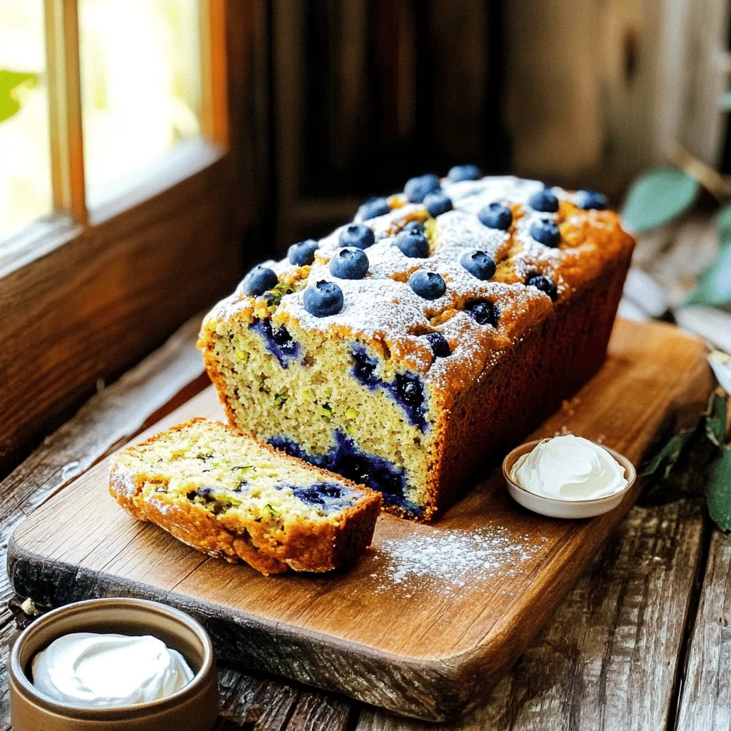 For this tasty Blueberry Banana Zucchini Bread, gather these items: - 1 cup grated zucchini (about 1 medium zucchini) - 1 ripe banana, mashed - 1 cup fresh or frozen blueberries - 1/2 cup granulated sugar - 1/4 cup brown sugar, packed - 1/3 cup vegetable oil - 2 large eggs - 1 teaspoon vanilla extract - 1 teaspoon baking powder - 1/2 teaspoon baking soda - 1/2 teaspoon ground cinnamon - 1/4 teaspoon salt - 1 1/2 cups all-purpose flour - Optional: 1/2 cup chopped walnuts or pecans If you need to convert measurements, here are some quick tips: - 1 cup = 240 ml - 1 tablespoon = 15 ml - 1 teaspoon = 5 ml - For weight, 1 cup of sugar is about 200 grams. - 1 medium zucchini is about 6 to 7 inches long. Using fresh ingredients makes a big difference. Here are my tips: - Choose firm zucchinis without any soft spots. - Use ripe bananas that have brown spots for more flavor. - Select plump blueberries for sweetness and juiciness. - Use fresh eggs, as they help with the rise and texture. - Store flour in a cool, dry place to keep it fresh. This recipe is easy and fun. You will love how it all comes together! For the full recipe, you can refer back to the previous section. First, gather all your ingredients. You need grated zucchini, mashed banana, and blueberries. Preheat your oven to 350°F (175°C). Grease a 9x5 inch loaf pan with oil or use parchment paper. This helps the bread come out easily. In a large bowl, combine the grated zucchini, mashed banana, and sugars. Add the vegetable oil, eggs, and vanilla extract. Mix well until everything looks smooth and combined. This step builds the base flavor of your bread. In another bowl, whisk together the flour, baking powder, baking soda, cinnamon, and salt. Once mixed, add this dry mixture to the wet ingredients. Stir gently until just combined. Be careful not to overmix; this keeps your bread tender. Finally, fold in the blueberries. Make sure they are evenly spread throughout the batter for a burst of flavor in every bite. To bake the best blueberry banana zucchini bread, start with fresh ingredients. Use ripe bananas for natural sweetness. Make sure your zucchini is firm and not too watery. Always preheat your oven to 350°F (175°C). This ensures even baking. Greasing your pan helps the bread release easily. You can also use parchment paper for easy cleanup. The key to great texture is not overmixing. Mix the wet and dry ingredients until just combined. This keeps the bread light and fluffy. If you want extra moisture, add a bit more mashed banana. Grated zucchini adds moisture too, but squeeze out excess water if it's too wet. You can make this bread even tastier with some simple add-ins. Try adding chopped nuts like walnuts or pecans for crunch. A handful of chocolate chips can add sweetness. For a spice kick, consider adding a pinch of nutmeg. You can also swap some of the sugar for honey or maple syrup for a different flavor. For the full recipe, check the details above. {{image_2}} You can make this recipe even healthier. Swap out the granulated sugar for honey or maple syrup. Use whole wheat flour instead of all-purpose flour for more fiber. You can also replace vegetable oil with unsweetened applesauce. This keeps the bread moist while cutting back on fat. There are many fun ways to mix flavors. You can add nuts like walnuts or pecans for crunch. If you love more fruit, try adding chopped apples or peaches. For spices, a pinch of nutmeg or ginger can add warmth. Each choice changes the taste and makes it special. For a gluten-free version, use a gluten-free flour blend. Make sure it has xanthan gum for the right texture. Almond flour or oat flour can also work well. Just remember to check your baking powder and other ingredients for gluten. These swaps let everyone enjoy this tasty bread! To keep your blueberry banana zucchini bread fresh, store it in an airtight container. This helps keep moisture in and prevents it from drying out. Place a paper towel inside the container to absorb excess moisture. This simple trick can help keep your bread soft. Store it at room temperature for up to three days. If you want to save some for later, freezing is a great option. First, let the bread cool completely after baking. Then, wrap it tightly in plastic wrap and place it in a freezer bag. You can freeze it for up to three months. When you are ready to enjoy it, thaw it overnight in the fridge. To reheat your blueberry banana zucchini bread, slice it into pieces. You can use a toaster or a microwave. For the toaster, toast it until warm. In the microwave, heat it for about 10-15 seconds. If you want, spread a little butter on top for extra flavor. Enjoy the warm, soft texture! For the full recipe, check out the Blueberry Banana Zucchini Bread 🫐 recipe above. Yes, you can use frozen zucchini or bananas. Just thaw the zucchini and drain any excess water. For bananas, make sure they are very ripe. This helps add sweetness and moisture to your bread. To make this recipe vegan, swap the eggs for flax eggs. Mix one tablespoon of ground flaxseed with three tablespoons of water. Let it sit for five minutes until it thickens. You can also use plant-based oil to replace any dairy in the recipe. If your bread is too moist, check your measurements. Make sure you used the right amount of flour. You can also bake it a bit longer. If it still feels wet, let it cool completely. Then slice it and toast the pieces lightly. It will help dry them out. For more detailed steps, refer to the Full Recipe. This blog post covers everything you need for a great recipe. We explored key ingredients, shared precise measurement conversions, and offered tips for selecting high-quality items. You learned step-by-step instructions to guide you through the process. Tips and tricks showed you how to bake flawlessly and enhance flavors. We also discussed variations for healthier options and gluten-free choices. In the end, baking is fun and creative. Use this guide to make your perfect Blueberry Banana Zucchini Bread. Enjoy every bite!