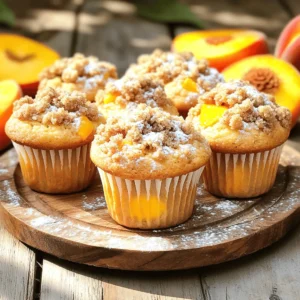 - 2 cups all-purpose flour - 1 cup granulated sugar - 2 teaspoons baking powder - 1/2 teaspoon baking soda - 1/2 teaspoon salt - 1/2 cup unsalted butter, melted - 1 cup buttermilk (or milk with 1 tablespoon vinegar added) - 2 large eggs - 1 teaspoon vanilla extract - 1 1/2 cups fresh peaches, peeled and diced (or canned peaches, rinsed and drained) - 1/2 cup all-purpose flour - 1/4 cup brown sugar - 1/4 cup rolled oats - 1/4 teaspoon cinnamon - 4 tablespoons cold unsalted butter, cubed To make these Easy Peach Crumb Topping Muffins, gather all your ingredients first. This ensures a smooth process. The dry ingredients create the base of the muffins, while the wet ingredients add moisture and flavor. Fresh peaches give a delightful sweetness and juicy texture. The crumb topping adds a crunchy layer that contrasts with the soft muffin. Use cold butter for the topping. It helps create crumbs that are crispy and flavorful. If you prefer a twist, feel free to swap in other fruits or nuts. For the complete preparation, check out the Full Recipe. - Preheat your oven to 350°F (175°C). - Line a muffin tin with paper liners or grease it lightly. - In a large bowl, whisk together the dry ingredients: flour, sugar, baking powder, baking soda, and salt. - In another bowl, combine the wet ingredients: melted butter, buttermilk, eggs, and vanilla extract. Mix until smooth. - Pour the wet ingredients into the dry ingredients. Fold them together gently until just combined. - Gently incorporate the diced peaches into the batter. Be careful not to overmix. This method keeps your muffins light and fluffy. You can find the full recipe for Sunny Peach Crumb Topping Muffins in the article. Enjoy baking! To create muffins with the best texture, you must be careful not to overmix the batter. Overmixing makes the muffins tough. Instead, mix until you see no dry flour. Also, use room temperature ingredients. This helps them blend better and gives you a lighter muffin. Every oven is different. You may need to adjust the baking time based on your oven's quirks. Check for doneness with a toothpick. Insert it into the center of a muffin. If it comes out clean, your muffins are ready! Serve your muffins warm or at room temperature. They taste best this way. To make them look pretty, dust them lightly with powdered sugar. You can also garnish with fresh peach slices for a lovely touch. If you want the full recipe, check out the section above! {{image_2}} You can change the fruit in these muffins. Try using blueberries or raspberries. Both fruits add a fresh taste. You can also mix in nuts or chocolate chips for more flavor. Walnuts or pecans give a nice crunch. Dark chocolate chips can sweeten your muffins. If you want a vegan version, it's easy to adapt! Replace the eggs with flaxseed meal or applesauce. Both work as great binders. Use plant-based milk and butter alternatives to keep it vegan. Almond milk or coconut oil are good choices here. To make these muffins gluten-free, swap all-purpose flour for a gluten-free blend. Be sure all other ingredients are gluten-free too. Check labels on baking powder and other items. This way, everyone can enjoy these tasty muffins! For the full recipe, check the link above. Store your muffins in an airtight container at room temperature. They stay fresh for up to 2 days. This keeps them soft and tasty. For longer storage, refrigerate your muffins for up to a week. This helps maintain their flavor and moisture. You can also freeze them for extended storage. Wrap each muffin tightly in plastic wrap, then place them in a freezer bag. They can last up to three months in the freezer. To enjoy warm muffins, reheat them in the microwave or oven. In the microwave, heat for about 15-20 seconds. If you use the oven, preheat it to 350°F (175°C) and warm them for a few minutes. This makes them soft and inviting again. For the full recipe, check out the detailed steps above. Yes, make sure to rinse and drain them properly. Canned peaches can work well if fresh ones aren't available. Just ensure they are free of extra syrup. Substitute some sugar with a natural sweetener and use whole grain flour. You can also add oats or nuts for extra fiber and protein. These changes keep flavors while boosting nutrition. They may have been overmixed or too much liquid was added. Always mix gently. If you see a lot of liquid, check your measurements. The right balance keeps muffins light and airy. It's best to bake fresh muffins, but the batter can be refrigerated for a short period. If you plan ahead, just make sure to use it within a day for the best results. Make sure the muffin batter is thick and spoon the crumb topping on before baking. A thick batter holds the topping well, giving you that beautiful crumbly layer on top. This blog post covered the key ingredients and steps to make delicious peach muffins. You learned which dry and wet ingredients to use, how to mix them properly, and tips for a tasty crumb topping. Remember to store and reheat your muffins well to keep them fresh. Whether you stick to peaches or try variations, these muffins will surely please. Enjoy baking and share your treats with family and friends. Your kitchen will smell amazing, and you'll create smiles!
