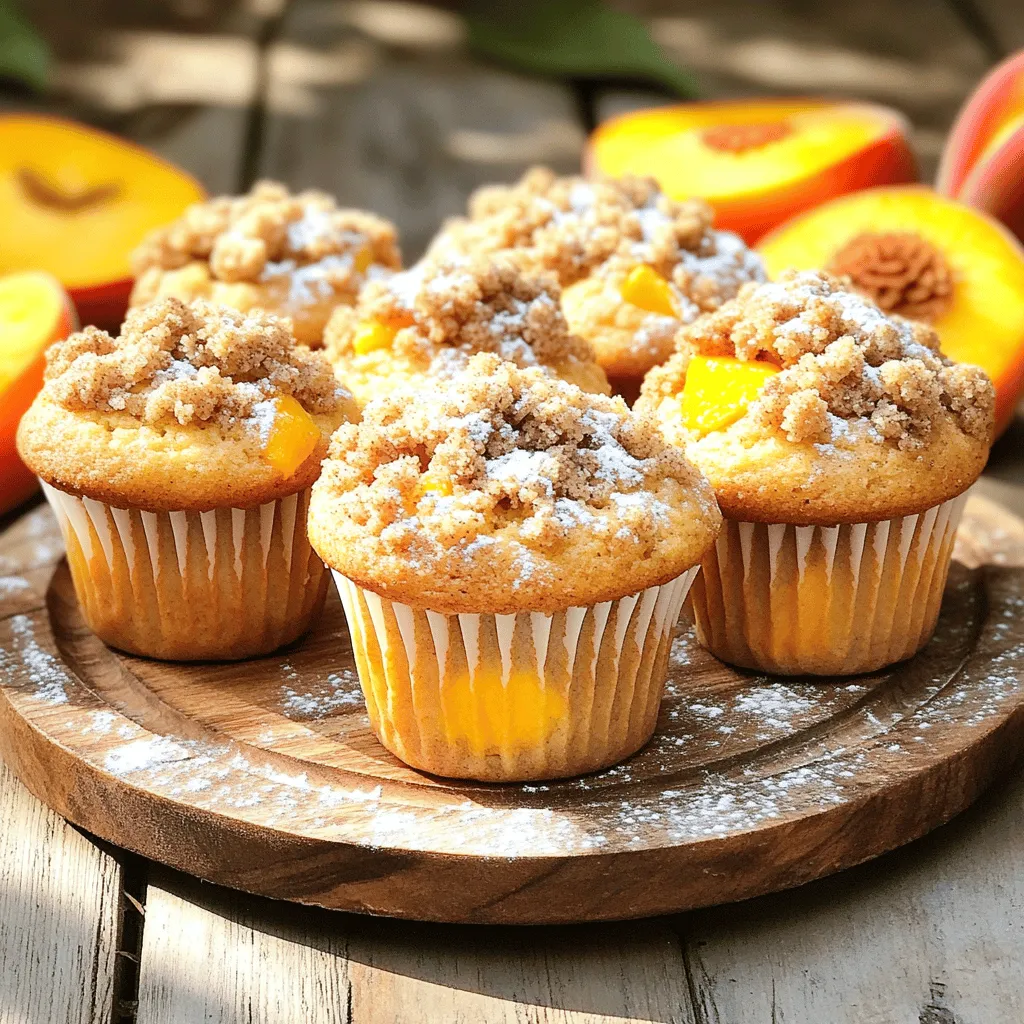 - 2 cups all-purpose flour - 1 cup granulated sugar - 2 teaspoons baking powder - 1/2 teaspoon baking soda - 1/2 teaspoon salt - 1/2 cup unsalted butter, melted - 1 cup buttermilk (or milk with 1 tablespoon vinegar added) - 2 large eggs - 1 teaspoon vanilla extract - 1 1/2 cups fresh peaches, peeled and diced (or canned peaches, rinsed and drained) - 1/2 cup all-purpose flour - 1/4 cup brown sugar - 1/4 cup rolled oats - 1/4 teaspoon cinnamon - 4 tablespoons cold unsalted butter, cubed To make these Easy Peach Crumb Topping Muffins, gather all your ingredients first. This ensures a smooth process. The dry ingredients create the base of the muffins, while the wet ingredients add moisture and flavor. Fresh peaches give a delightful sweetness and juicy texture. The crumb topping adds a crunchy layer that contrasts with the soft muffin. Use cold butter for the topping. It helps create crumbs that are crispy and flavorful. If you prefer a twist, feel free to swap in other fruits or nuts. For the complete preparation, check out the Full Recipe. - Preheat your oven to 350°F (175°C). - Line a muffin tin with paper liners or grease it lightly. - In a large bowl, whisk together the dry ingredients: flour, sugar, baking powder, baking soda, and salt. - In another bowl, combine the wet ingredients: melted butter, buttermilk, eggs, and vanilla extract. Mix until smooth. - Pour the wet ingredients into the dry ingredients. Fold them together gently until just combined. - Gently incorporate the diced peaches into the batter. Be careful not to overmix. This method keeps your muffins light and fluffy. You can find the full recipe for Sunny Peach Crumb Topping Muffins in the article. Enjoy baking! To create muffins with the best texture, you must be careful not to overmix the batter. Overmixing makes the muffins tough. Instead, mix until you see no dry flour. Also, use room temperature ingredients. This helps them blend better and gives you a lighter muffin. Every oven is different. You may need to adjust the baking time based on your oven's quirks. Check for doneness with a toothpick. Insert it into the center of a muffin. If it comes out clean, your muffins are ready! Serve your muffins warm or at room temperature. They taste best this way. To make them look pretty, dust them lightly with powdered sugar. You can also garnish with fresh peach slices for a lovely touch. If you want the full recipe, check out the section above! {{image_2}} You can change the fruit in these muffins. Try using blueberries or raspberries. Both fruits add a fresh taste. You can also mix in nuts or chocolate chips for more flavor. Walnuts or pecans give a nice crunch. Dark chocolate chips can sweeten your muffins. If you want a vegan version, it's easy to adapt! Replace the eggs with flaxseed meal or applesauce. Both work as great binders. Use plant-based milk and butter alternatives to keep it vegan. Almond milk or coconut oil are good choices here. To make these muffins gluten-free, swap all-purpose flour for a gluten-free blend. Be sure all other ingredients are gluten-free too. Check labels on baking powder and other items. This way, everyone can enjoy these tasty muffins! For the full recipe, check the link above. Store your muffins in an airtight container at room temperature. They stay fresh for up to 2 days. This keeps them soft and tasty. For longer storage, refrigerate your muffins for up to a week. This helps maintain their flavor and moisture. You can also freeze them for extended storage. Wrap each muffin tightly in plastic wrap, then place them in a freezer bag. They can last up to three months in the freezer. To enjoy warm muffins, reheat them in the microwave or oven. In the microwave, heat for about 15-20 seconds. If you use the oven, preheat it to 350°F (175°C) and warm them for a few minutes. This makes them soft and inviting again. For the full recipe, check out the detailed steps above. Yes, make sure to rinse and drain them properly. Canned peaches can work well if fresh ones aren't available. Just ensure they are free of extra syrup. Substitute some sugar with a natural sweetener and use whole grain flour. You can also add oats or nuts for extra fiber and protein. These changes keep flavors while boosting nutrition. They may have been overmixed or too much liquid was added. Always mix gently. If you see a lot of liquid, check your measurements. The right balance keeps muffins light and airy. It's best to bake fresh muffins, but the batter can be refrigerated for a short period. If you plan ahead, just make sure to use it within a day for the best results. Make sure the muffin batter is thick and spoon the crumb topping on before baking. A thick batter holds the topping well, giving you that beautiful crumbly layer on top. This blog post covered the key ingredients and steps to make delicious peach muffins. You learned which dry and wet ingredients to use, how to mix them properly, and tips for a tasty crumb topping. Remember to store and reheat your muffins well to keep them fresh. Whether you stick to peaches or try variations, these muffins will surely please. Enjoy baking and share your treats with family and friends. Your kitchen will smell amazing, and you'll create smiles!