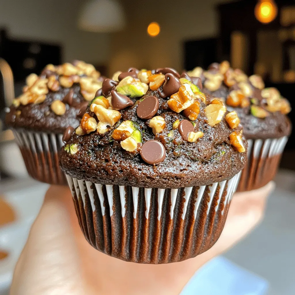 To make moist zucchini chocolate muffins, gather these simple ingredients: - 1 cup grated zucchini (about 1 medium zucchini) - 1 cup all-purpose flour - 1/2 cup unsweetened cocoa powder - 1/2 teaspoon baking soda - 1/2 teaspoon baking powder - 1/4 teaspoon salt - 1/2 cup granulated sugar - 1/4 cup brown sugar, packed - 1/2 cup vegetable oil - 2 large eggs - 1 teaspoon vanilla extract - 1/2 cup semi-sweet chocolate chips (plus extra for topping) - 1/2 cup chopped walnuts (optional) Each ingredient plays a key role. The grated zucchini keeps the muffins moist and adds a subtle flavor. Cocoa powder gives that rich chocolate taste. Both sugars balance sweetness and moisture. Eggs and oil bind everything together, making a soft texture. You can also add nuts for a nice crunch. For the full recipe, you can follow my detailed instructions. Enjoy baking these delicious muffins! Preparation Steps 1. Preheat your oven to 350°F (175°C). 2. Line a muffin tin with paper liners or grease it with cooking spray. 3. In a medium bowl, mix together the grated zucchini, granulated sugar, brown sugar, vegetable oil, eggs, and vanilla extract. Stir until well combined. Combine Dry Ingredients 1. In a large bowl, sift together the flour, cocoa powder, baking soda, baking powder, and salt. This step helps the muffins rise well and stay fluffy. Final Mixing 1. Gradually fold the wet ingredients into the dry ingredients. Mix until just combined. It's okay if the batter looks a bit lumpy. 2. Gently fold in the chocolate chips and walnuts if using. Save a few chocolate chips for topping the muffins. 3. Divide the batter evenly among the 12 muffin cups, filling each about 2/3 full. 4. Sprinkle the reserved chocolate chips on top of each muffin. 5. Bake in the preheated oven for 18-20 minutes. A toothpick inserted into the center should come out clean. 6. Once done, let the muffins cool in the pan for 5 minutes before moving them to a wire rack. For the complete list of ingredients and details, check the Full Recipe. To make your muffins moist, do not overmix the batter. Overmixing makes the muffins tough. Mix until the ingredients are just combined. It’s okay if the batter looks a little lumpy. Fresh zucchini adds moisture, too. Grate the zucchini just before using it. This way, it keeps its moisture. Check your oven temperature with an oven thermometer. Sometimes ovens run hot or cold. If your oven is too hot, the muffins can burn. To check if your muffins are done, use a toothpick. Insert it in the center of a muffin. If it comes out clean, your muffins are ready. For an extra treat, sprinkle more chocolate chips on top before baking. This makes your muffins look even more delicious. You can also add optional garnishes like a dusting of powdered sugar or a drizzle of melted chocolate. These small touches make your muffins stand out. For the full recipe, follow the steps shared earlier. {{image_2}} You can easily make this recipe fit your needs. For a gluten-free option, swap the all-purpose flour for a gluten-free blend. Many brands work well in baking and keep the texture light. If you want a dairy-free version, use coconut oil instead of vegetable oil. It adds a subtle flavor and keeps the muffins moist. Want to kick up the taste? Adding spices can change everything! A pinch of cinnamon or nutmeg can warm the flavor profile. You can also try different types of chocolate chips. Dark chocolate or white chocolate can add unique tastes and textures. Mixing them can be a fun way to discover new favorites. These muffins shine at breakfast or as a snack. Pair them with your favorite coffee or tea for a delightful treat. They are also great for lunch boxes or afternoon cravings. Just grab one and enjoy it anytime. To keep your moist zucchini chocolate muffins fresh, you can store them at room temperature. Just place them in an airtight container. They stay good for about 2-3 days this way. If you want them to last longer, refrigerate them. This can extend their life to about a week. Just keep them in a sealed container to prevent drying out. Freezing these muffins is a great option if you want to save them for later. Wrap each muffin tightly in plastic wrap. Then, place them in a freezer bag or container. This helps keep them fresh for up to 3 months. When you’re ready to enjoy one, you can thaw it in the fridge overnight. For a quick option, you can microwave it for about 15-20 seconds. This helps maintain the moist texture you love. You can find the full recipe for these delicious muffins to try out all these storage tips and enjoy them anytime you want! Yes, you can! For a vegan option, use one of these egg substitutes: - 1/4 cup unsweetened applesauce - 1/4 cup mashed banana - 1 tablespoon ground flaxseed mixed with 2.5 tablespoons water These options keep the muffins moist and tasty without eggs. If you don't have zucchini, try these veggies: - Grated carrot - Finely chopped spinach - Shredded sweet potato These swaps add great flavor and keep your muffins moist. At room temperature, these muffins last about 3 days. They stay fresh longer in the fridge, about a week. Make sure to store them in an airtight container. Yes, you can make mini muffins! Just adjust the baking time to 12-15 minutes. Check for doneness with a toothpick. Enjoy these bite-sized treats! We explored how to make delicious chocolate zucchini muffins. I shared the essential ingredients and step-by-step instructions to make them perfect. You learned key tips for moisture and how to store your muffins for longer freshness. Variations showed you how to customize flavors and dietary needs. With these insights, you can create tasty treats that satisfy any craving. Enjoy your baking adventure, and share these muffins with friends for a delightful snack!