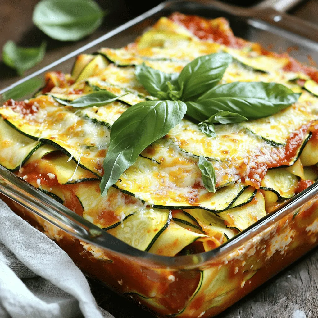 - 3 medium zucchinis - 2 cups ricotta cheese - 1 cup shredded mozzarella cheese - 1/2 cup grated Parmesan cheese - 1 egg - 2 cups marinara sauce - 1 teaspoon dried Italian herbs - 1/2 teaspoon garlic powder - Salt and pepper to taste - Fresh basil leaves for garnish You can switch out cheeses if needed. Try cottage cheese for a lighter option. Use goat cheese for a tangy twist. If you want a low-carb dish, replace zucchini with eggplant. For gluten-free marinara, choose brands that are certified gluten-free. Homemade sauce is also a great choice. When you make zucchini lasagna, think about using high-quality ingredients. This makes a real difference in flavor. Check your local markets for fresh produce and organic cheeses. When you combine fresh flavors, you create a meal that everyone will love. For the full recipe, check out the Easy Zucchini Lasagna section. Enjoy crafting this delicious dish! 1. Preheat your oven to 375°F (190°C). This gets it nice and hot. 2. Slice the zucchinis lengthwise into thin strips, about 1/8 inch thick. This helps them cook evenly. 3. To remove excess moisture, sprinkle salt on the zucchini slices. Let them sit for about 20 minutes. 4. After 20 minutes, pat the slices dry with paper towels. This step is key for a good texture. 1. In a mixing bowl, stir together the ricotta cheese, 1/4 cup of Parmesan cheese, egg, dried herbs, garlic powder, salt, and pepper. Make sure it’s smooth and well-mixed. 2. In a baking dish, spread a thin layer of marinara sauce on the bottom. This prevents sticking and adds flavor. 3. Layer zucchini slices over the marinara sauce, covering the bottom completely. 4. Spread half of the ricotta mixture over the zucchini. This will add creaminess. 5. Add another layer of marinara sauce, then another layer of zucchini, followed by the rest of the ricotta mixture. 6. Finish with a final layer of marinara sauce on top. 7. Sprinkle the shredded mozzarella cheese and the remaining Parmesan cheese over the last layer. 1. Cover the baking dish with foil to keep in moisture. 2. Bake for 25 minutes. This lets all the layers cook through. 3. After 25 minutes, carefully remove the foil. Bake for another 15 minutes. This step helps the cheese brown nicely. 4. Once it's done, let the lasagna sit for about 10 minutes before slicing. This helps it hold its shape when you serve it. Now you're ready to enjoy a delicious Easy Zucchini Lasagna! For the full recipe, check out the Easy Zucchini Lasagna section. To perfect your zucchini lasagna, moisture control is key. Zucchinis hold a lot of water. To reduce moisture, slice the zucchinis thinly. Salt the slices and let them sit for 20 minutes. This draws out excess liquid. Then, pat them dry with paper towels. This step makes your lasagna less soggy. Even cheese distribution is also important. When you layer, spread the cheese mixtures evenly. This ensures every bite is rich and creamy. Use a spatula to help spread the ricotta mixture. It helps to avoid clumps and keeps flavors balanced. Garnishing your dish makes it look inviting. Fresh basil leaves add color and a sweet scent. Simply place a few leaves on top right before serving. You can also drizzle some marinara sauce around the plate. This adds flair and makes the dish pop. For sides, a simple salad pairs well. A mix of greens with a light vinaigrette works nicely. You could also serve garlic bread for a heartier meal. Both sides complement the flavors of the lasagna. One common mistake is overlayering zucchini. Too many layers can make the dish watery. Stick to one layer of zucchini per section. This keeps your lasagna firm and easy to serve. Another mistake is not letting it rest. After baking, let your lasagna sit for 10 minutes. This helps the layers set. Cutting it too soon can make it fall apart. Patience will reward you with perfect slices. For the full recipe, check out the Easy Zucchini Lasagna 🥒 section. {{image_2}} You can easily make this lasagna heartier by adding meat. Ground turkey or beef work great. Just brown the meat in a pan before layering it. This step adds flavor and makes the dish filling. If you want more spice, try using Italian sausage. It brings a nice kick to the dish. Simply cook it the same way as the ground meat. For a veggie-packed version, consider adding spinach and mushrooms. Layer them with the zucchini for extra nutrients and taste. Sauté the mushrooms first to reduce water. You can also swap in other vegetables like bell peppers or eggplant. This gives the dish a fresh twist, making it colorful and tasty. To boost the flavor, add spices and herbs. A pinch of red pepper flakes brings heat and excitement. You can also mix in fresh herbs like basil or parsley for brightness. If you enjoy a smoky flavor, try a touch of smoked paprika. These options transform your lasagna into a unique dish. Experiment with your favorites to find the perfect blend. Explore the full recipe for more ideas and tips! Store your zucchini lasagna in a proper container. Use an airtight container to keep it fresh. It will last about 3 to 5 days in the fridge. Make sure to cool it completely before sealing the container. This helps prevent moisture build-up. Freezing is a great option if you want to save some for later. First, let the lasagna cool completely. Wrap it tightly in plastic wrap, then in aluminum foil. This stops freezer burn. You can freeze it for up to 3 months. When you're ready to eat, thaw it overnight in the fridge. You can reheat your lasagna in the oven or the microwave. The oven gives the best results. Preheat it to 350°F (175°C). Cover the dish with foil to keep it moist. Bake for about 20 minutes or until it's hot. If you use the microwave, heat it in short bursts. This keeps it from getting too soggy. Always check the center to make sure it’s warm. Yes, you can make zucchini lasagna ahead of time. Just prepare the dish up to the baking step. Then, cover it tightly and store it in the fridge. - Make-ahead tips: - Assemble the layers but skip baking. - Use a glass dish for easy storage and reheating. - You can bake it the next day. Just add a few minutes to the baking time. This way, you save time on busy days. You still enjoy a fresh, warm meal. Absolutely! Zucchini lasagna is gluten-free by nature. Instead of pasta, you use zucchini slices. - Ingredient alternatives: - Check your marinara sauce for gluten. Most store-bought options are safe. - If using cheese, avoid brands that add gluten as a thickener. This dish is perfect for gluten-free diets. You get all the flavor without any gluten. Preventing watery zucchini is key to a great lasagna. Salt helps draw out moisture. - Techniques to reduce moisture: - Slice the zucchini thinly and sprinkle salt. Let it sit for 20 minutes. - Pat the slices dry with paper towels before layering them in the dish. - Bake uncovered for part of the time to let steam escape. These steps keep your lasagna from being soggy. You want rich, thick layers full of flavor. You learned how to make a delicious zucchini lasagna in this post. We covered the key ingredients and their substitutes. I shared step-by-step instructions for cooking and assembling your dish. Tips on handling zucchini and mistakes to avoid can help you succeed. Feel free to explore variations and storage options to customize your meal. With these insights, you can impress anyone with your cooking. Enjoy every bite and happy cooking!