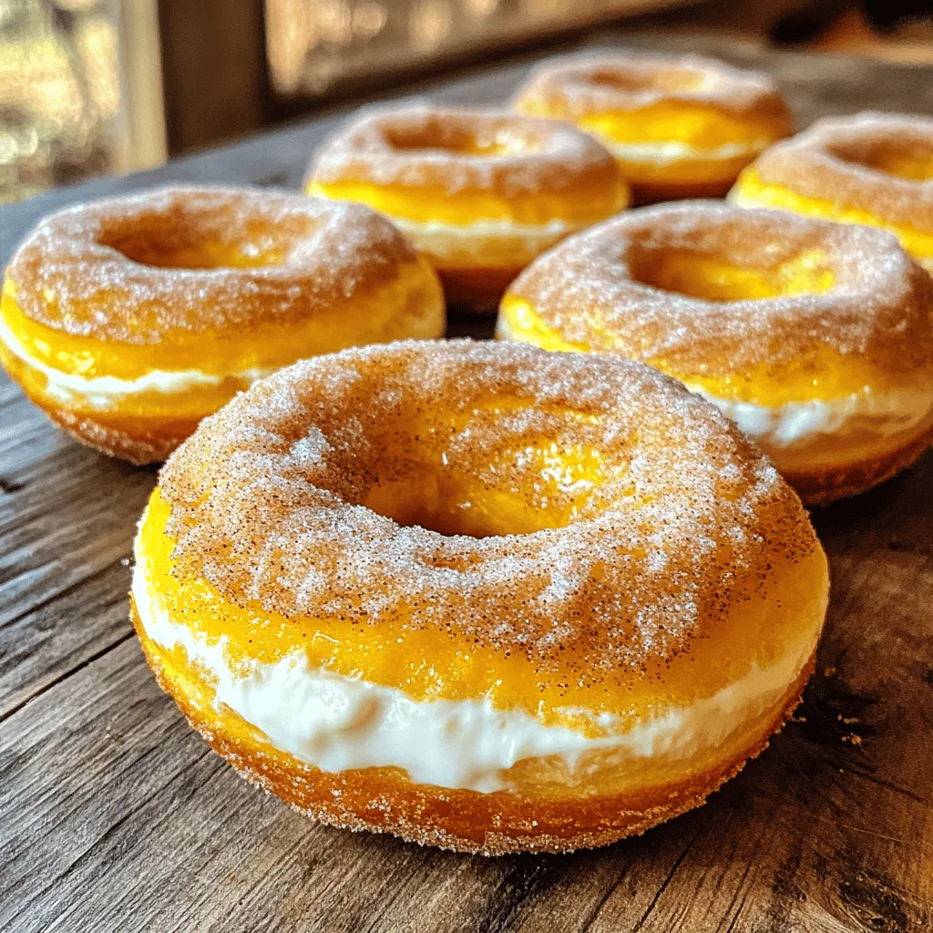 To make these tasty pumpkin spice cheesecake doughnuts, you need some key ingredients. Here’s what you will need: - 1 cup all-purpose flour - 1/2 cup granulated sugar - 1 teaspoon baking powder - 1/2 teaspoon baking soda - 1 teaspoon pumpkin pie spice - 1/4 teaspoon salt - 1/2 cup canned pumpkin puree - 1 large egg - 1/2 teaspoon vanilla extract - 1/4 cup buttermilk - 4 oz cream cheese, softened - 1/4 cup powdered sugar - 1 tablespoon milk - 1/2 tablespoon cinnamon sugar (for topping) These ingredients come together to create a soft and fluffy doughnut with a creamy filling. The pumpkin puree adds moisture and flavor. The spices bring warmth and comfort. You can dress up your doughnuts with a few fun toppings. Here are some ideas: - Drizzle of caramel sauce - Whipped cream - Chopped nuts like pecans or walnuts - Sprinkles for a festive touch These toppings can add extra flavor and texture. They also make your doughnuts look delightful. If you don’t have some ingredients, don’t worry! Here are some easy swaps: - Replace all-purpose flour with gluten-free flour for a gluten-free option. - Use almond milk instead of buttermilk for a dairy-free choice. - Swap cream cheese with a dairy-free cream cheese for vegan doughnuts. These substitutions keep the spirit of the recipe while catering to different diets. Always choose what works best for you. For the full recipe, refer to the earlier section. First, preheat your oven to 350°F (175°C). Greasing the doughnut pan is key. Use a good cooking spray to coat each cavity. This helps the doughnuts release easily after baking. A well-prepared pan makes for a smoother process. In a big mixing bowl, whisk together your dry ingredients. Combine 1 cup of flour, 1/2 cup of sugar, 1 teaspoon of baking powder, 1/2 teaspoon of baking soda, 1 teaspoon of pumpkin pie spice, and 1/4 teaspoon of salt. Mix them well. In another bowl, mix your wet ingredients. Combine 1/2 cup of pumpkin puree, 1 large egg, 1/2 teaspoon of vanilla extract, and 1/4 cup of buttermilk. Blend until smooth. Now, add the wet mix to the dry mix. Stir gently until just combined. Remember, overmixing can make the doughnuts tough. We want them fluffy and soft! Next, transfer the batter into a piping bag. If you don’t have one, a zip-top plastic bag works too. Snip a corner to make piping easy. Fill each cavity of the doughnut pan about 2/3 full. Bake in the oven for 10-12 minutes. Use a toothpick to check for doneness; it should come out clean. While your doughnuts bake, prepare the cheesecake filling. In a bowl, beat 4 oz of softened cream cheese with 1/4 cup of powdered sugar and 1 tablespoon of milk. Mix until creamy and smooth. After the doughnuts cool, make a small hole in the side of each. Then, fill a piping bag with the cheesecake filling. Carefully pipe it into the center of each doughnut. For a sweet crunch, dip the tops in cinnamon sugar. Now, you have delicious Pumpkin Spice Cheesecake Doughnuts ready to enjoy! For the full recipe, check the earlier section. To make perfect doughnuts, keep your batter light. Overmixing can lead to dense doughnuts. Mix until just combined, and then stop. Use a piping bag for even filling in the pan. This helps shape the doughnuts well. Bake them at the right temperature. An oven thermometer can help check accuracy. Finally, let them cool before filling. This keeps the cheesecake filling intact. One common mistake is not measuring ingredients correctly. Use measuring cups and spoons for accuracy. Another pitfall is baking too long. Check your doughnuts a bit early. They should be golden, not dark brown. Avoid filling the pan too full. Doughnuts need room to rise. Lastly, don’t skip the cooling step. Hot doughnuts can melt the cheesecake filling. To make your doughnuts look stunning, consider simple toppings. Cinnamon sugar adds flavor and crunch. You can also drizzle melted chocolate for a rich touch. Sprinkles can add fun colors for kids. Try a cream cheese glaze for extra sweetness. Use a piping bag for neat designs. Place doughnuts on a pretty plate. Serve them with a nice cup of coffee or chai. For the full recipe, check out the details above. {{image_2}} You can make these doughnuts gluten-free. Use a gluten-free flour blend instead of all-purpose flour. Look for blends that work well in baking. They often contain a mix of rice flour and starches. Follow the same steps in the recipe, and you will have tasty treats. To make vegan doughnuts, swap the egg for a flax egg. Mix one tablespoon of ground flaxseed with three tablespoons of water. Let it sit for five minutes to thicken. For buttermilk, use a plant-based milk with a dash of apple cider vinegar. This will give you a similar flavor and texture. You can change the flavors to suit your taste. Want a chai spice twist? Add a teaspoon of chai spice blend to your batter. If you love chocolate, melt some dark chocolate and drizzle it over the top after the doughnuts cool. These options will keep your treats exciting and fresh. For the full recipe, check the details above. To keep your pumpkin spice cheesecake doughnuts fresh, store them in an airtight container. This helps keep them moist and tasty. If you leave them out, they may dry out quickly. Place parchment paper between layers to stop them from sticking together. They can last for 2-3 days at room temperature. Freezing is a great way to save extra doughnuts. Allow them to cool completely first. Wrap each doughnut in plastic wrap to keep out air. Then, place them in a freezer bag or airtight container. This keeps them fresh for up to 3 months. When you want to enjoy one, just thaw it at room temperature. To reheat your doughnuts, use your oven or microwave. If using the oven, preheat it to 350°F (175°C). Place the doughnuts on a baking sheet for about 5-7 minutes. This warms them without making them soggy. If you choose the microwave, heat for about 10-15 seconds. This warms them quickly but can make them soft. Enjoy your delicious treats warmed up! Pumpkin spice cheesecake doughnuts stay fresh for about 2-3 days at room temperature. Store them in an airtight container to keep them soft. If you want them to last longer, place them in the fridge. They can last up to a week when refrigerated. Yes, you can make these doughnuts ahead of time. You can bake them a day before serving. Once cooled, store them in an airtight container. You can fill them with cheesecake filling just before serving for the best taste. You can find pre-made pumpkin spice cheesecake doughnuts at local bakeries or grocery stores during the fall season. Some specialty shops may carry them year-round. Check online for specific bakeries in your area that offer these tasty treats. Yes, you can freeze these doughnuts. Make sure they are fully cooled and wrapped tightly in plastic wrap. Store them in a freezer-safe bag or container. They can last up to 2 months in the freezer. Thaw them in the fridge overnight before serving. If you don’t have a doughnut pan, you can use a muffin tin. Just pour the batter into the muffin cups but adjust the baking time. They may need a few extra minutes to cook through. Yes, fresh pumpkin works great! Cook and puree fresh pumpkin until smooth. Measure the same amount as the canned pumpkin in the recipe. This adds a fresh flavor to your doughnuts. To make these doughnuts healthier, you could use whole wheat flour instead of all-purpose flour. You can also reduce sugar or use a sugar substitute. Adding nuts or oats can enhance the texture and flavor while adding nutrients. You can drizzle chocolate or caramel on top for added flavor. Chopped nuts or crushed graham crackers add a nice crunch. Whipped cream or cream cheese frosting can also be fun toppings! For the full recipe, check out the details above. This blog post covered how to make pumpkin spice cheesecake doughnuts. We explored the main ingredients and optional toppings. I shared step-by-step baking tips and common mistakes to avoid. You can also try variations like gluten-free or vegan options. Remember, these doughnuts are best eaten fresh but store well if needed. Baking at home lets you control flavors and textures. Enjoy making doughnuts that pair fall spices with cheesecake goodness. Your kitchen will smell amazing, and these treats will be a hit!