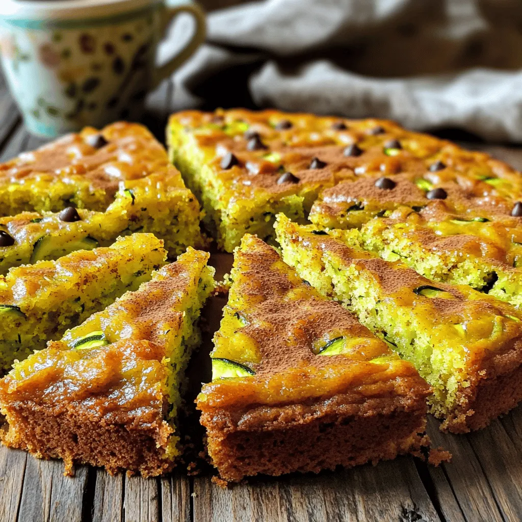 For a delightful zucchini coffee cake, you'll need the following main ingredients: - 2 cups grated zucchini (about 2 medium zucchinis) - 1 ½ cups all-purpose flour - 1 cup granulated sugar - ½ cup brown sugar, packed These ingredients create a moist and sweet cake that is hard to resist. Grated zucchini adds flavor and keeps the cake tender. You can enhance the cake with these optional items: - ½ cup chopped walnuts or pecans - ½ cup chocolate chips These add-ins give the cake a nice crunch or a touch of sweetness. Choose what you like best! The right spices and leavening agents make your cake rise and taste amazing. You will need: - 1 teaspoon baking soda - ½ teaspoon baking powder - ½ teaspoon salt - 1 teaspoon cinnamon - ½ teaspoon nutmeg (optional) Cinnamon and nutmeg bring warmth and depth to the flavor. Baking soda and powder help the cake rise nicely. For the complete recipe, check out the [Full Recipe]. 1. Preheat the oven to 350°F (175°C). This helps the cake rise evenly. 2. Prepare the zucchini by washing it well. Trim the ends and grate it using a box grater. 3. After grating, place the zucchini in a clean kitchen towel. Squeeze out any extra moisture. This step keeps the cake from being soggy. 1. In a large mixing bowl, combine the dry ingredients. Use a whisk to mix the flour, granulated sugar, brown sugar, baking soda, baking powder, salt, cinnamon, and nutmeg. Make sure everything is well mixed. 2. In another bowl, beat the eggs. Add the vegetable oil and vanilla extract. Whisk until you see a smooth mixture. 3. Pour the wet mixture into the dry ingredients. Stir gently until just combined. Do not overmix! 4. Fold in the grated zucchini. If you want, add chopped nuts or chocolate chips at this stage. 1. Pour the batter into the prepared pan. Spread it evenly across the bottom. 2. Bake for 30-35 minutes. To check for doneness, insert a toothpick into the center. If it comes out clean, the cake is ready. Follow these steps, and you'll have a delicious zucchini coffee cake. For the full recipe, refer to the earlier section. To get the best texture in your zucchini coffee cake, you must remove excess moisture from the zucchini. Grate the zucchini and then wrap it in a clean towel. Squeeze it tight until no more water drips out. This step keeps your cake from being too wet. Using room temperature eggs also helps. When eggs mix well, they create a smoother batter. This gives your cake a nice rise and fluffy texture. If you want a healthier version, try using alternatives to sugar. You can use honey or maple syrup instead. These sweeteners add a unique flavor and keep it moist. Spices can really elevate the taste too. Consider adding a pinch of ginger or a hint of cloves. You can even try vanilla powder for a twist. These flavors will surprise your taste buds! Zucchini coffee cake pairs well with coffee or tea. A dollop of whipped cream adds a nice touch too. You can also serve it with fresh fruit like berries for added color and taste. For storage, keep the cake in an airtight container at room temperature for up to three days. If you want it to last longer, refrigerate it. This helps keep it fresh for up to a week. For longer storage, you can freeze slices. Wrap them well to prevent freezer burn. Enjoy your cake anytime! {{image_2}} You can make this cake fit many diets. For those who avoid gluten, swap all-purpose flour with a gluten-free blend. Look for a mix that includes xanthan gum. This helps the cake rise well. If you want a vegan option, replace eggs with flaxseed meal. Mix one tablespoon of flaxseed with three tablespoons of water. Let it sit for five minutes. For oil, you can use unsweetened applesauce. It keeps the cake moist without added fat. To change the cake's taste, think about adding spices. Ginger and cloves can give a warm twist. Just a pinch can make a big difference. You can also switch up the nuts. Try pecans instead of walnuts for a different crunch. Dried fruits, like raisins or cranberries, add sweetness and chewiness. Mix and match to find your favorite blend. Zucchini coffee cake is great for many occasions. It works as a breakfast treat or a dessert. For brunch, serve slices with fresh fruit. Add a dollop of whipped cream for extra flair. If it's a special day, dust the top with powdered sugar. This makes it look pretty and festive. You can even serve it warm with a scoop of ice cream. Each style gives a new way to enjoy this tasty cake. To keep your zucchini coffee cake fresh, store it at room temperature for up to three days. Make sure to wrap it tightly in plastic wrap or foil. This keeps moisture in and helps prevent it from drying out. If you live in a humid area, it’s best to put it in the fridge. Place it in an airtight container to avoid absorbing other smells. It can last up to a week in the fridge. If you want to keep your zucchini coffee cake longer, freezing is a great option. Wrap slices in plastic wrap, then place them in a freezer bag. This way, you can grab a slice anytime! It will stay good for up to three months in the freezer. When you’re ready to eat it, thaw it overnight in the fridge. For a warm treat, reheat it in the microwave for about 15-20 seconds. You can also use the oven; just wrap it in foil and heat it at 350°F until warm. Zucchini coffee cake stays fresh for about three days at room temperature and a week in the fridge. After that, check for signs it may have gone bad. Look for mold or an off smell. If the cake feels very dry or crumbly, it’s best to toss it. You want to enjoy this delicious treat while it’s still moist and flavorful! For the full recipe, check out the section above. Yes, you can use frozen zucchini. First, thaw the zucchini in the fridge overnight. Once thawed, place it in a clean kitchen towel. Squeeze out as much water as you can. This step helps keep your cake from getting too soggy. After squeezing, measure out two cups for the recipe. This way, you still get that fresh taste in your cake. You can easily swap out some ingredients for allergies. For a nut-free option, skip the walnuts or pecans. You can use sunflower seeds instead. If you need a dairy-free version, try using almond milk or oat milk for moisture. You can also use coconut oil in place of vegetable oil. These swaps keep your cake tasty and safe for everyone. Zucchini coffee cake pairs well with many drinks. A warm cup of coffee is a classic choice. You can also serve it with herbal tea for a lighter touch. If you want something a bit sweeter, try a light dessert wine. These drinks will enhance the flavors of the cake and make your snack time even better. This blog post covered everything you need to know about zucchini coffee cake. We discussed key ingredients, baking steps, and helpful tips. Remember to squeeze out zucchini moisture for the best texture. Explore different variations to suit your taste and dietary needs. Whether as a breakfast treat or dessert, this cake will please everyone. Enjoy your baking adventure and share your delicious results!