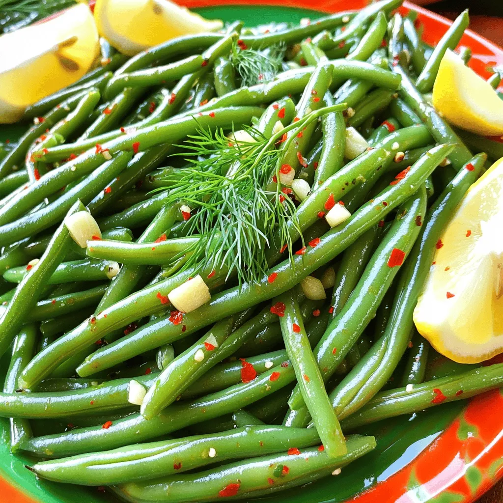 Here is the complete ingredient list for Spicy Dilly Garlic Beans: - 1 lb green beans, trimmed - 3 cloves garlic, minced - 1 tablespoon olive oil - 1 teaspoon red pepper flakes - 2 tablespoons fresh dill, chopped - 1 tablespoon apple cider vinegar - Salt, to taste - 1/4 teaspoon black pepper - 1 teaspoon sugar (optional, to balance spiciness) Each ingredient plays a key role in creating this dish's bold flavor. The green beans provide a crisp base. Garlic adds a savory kick. Olive oil helps meld the flavors together. Red pepper flakes give it a nice heat. Fresh dill brings a bright, herby note. Apple cider vinegar adds a touch of tang. Adjust salt and black pepper to your taste. The sugar is optional but can tone down the spice if you prefer. For the full recipe, you can find detailed steps that will guide you through the cooking process. Enjoy creating this vibrant side dish! 1. Rinse and trim green beans Start by rinsing 1 pound of green beans under cold water. Trim the ends off each bean to prepare them for cooking. 2. Blanching process for green beans In a large pot, bring water to a boil. Add the green beans and blanch them for about 3-4 minutes. They should look bright green and still be a bit crisp. 3. Preparing the flavor base with garlic and spices While the beans blanch, heat 1 tablespoon of olive oil in a large skillet over medium heat. Add 3 cloves of minced garlic and sauté for about 1 minute. Make sure it smells fragrant but don’t let it burn. 4. Tossing and cooking the beans with the seasoning After draining the beans, quickly put them in the skillet with the garlic. Toss them well, coating the beans in the garlic oil. Stir in 1 teaspoon of red pepper flakes to add heat. 5. Final adjustments to flavors Sprinkle in 2 tablespoons of chopped fresh dill, 1 tablespoon of apple cider vinegar, salt, black pepper, and 1 teaspoon of sugar if you want to balance the spice. Toss everything together and cook for another 2-3 minutes. This helps the flavors mix well. Taste the beans and adjust the seasoning if needed. For the full recipe, check out the details provided earlier. Enjoy your Spicy Dilly Garlic Beans! To avoid mushy beans, keep an eye on the blanching time. Blanch them for just 3-4 minutes. They should be bright green and tender-crisp. Drain them right away and plunge them into an ice bath. This stops the cooking and keeps them firm. Enhancing flavor is easy with fresh ingredients. Always use fresh dill and garlic. They add bold taste. Red pepper flakes bring heat and can be adjusted for your preference. A touch of apple cider vinegar brightens the overall flavor. The ice bath is key for color retention. It helps the beans stay vibrant and appetizing. Without it, your beans may lose their bright green hue, making them look less appealing on the plate. Pair Spicy Dilly Garlic Beans with grilled meats or fish. They work well as a side for any meal. Serve them alongside rice or quinoa for a complete dish. For creative presentation, use a vibrant platter. Arrange the beans neatly and garnish with extra dill sprigs. Add lemon wedges on the side for a burst of fresh flavor. This simple touch makes your dish pop visually. {{image_2}} You can make Spicy Dilly Garlic Beans even more exciting. Here are some ideas: - Adding other herbs or spices: Try fresh basil or oregano for a twist. You can also use smoked paprika for a smoky flavor. - Using different types of beans: Want to switch it up? Use yellow wax beans or even chickpeas. Each type adds its own taste and texture. - Incorporating additional vegetables: Add bell peppers or cherry tomatoes for extra color and crunch. They also bring a nice sweetness that balances the spice. You can easily adjust this recipe to fit different diets: - Vegan or gluten-free adaptations: This dish is already vegan and gluten-free! Just check your vinegar to ensure it's gluten-free. - Low-sodium versions: Reduce the salt or use a salt-free seasoning blend. You can also add more vinegar to enhance flavor without the salt. For the complete cooking method, check the Full Recipe. To keep your Spicy Dilly Garlic Beans fresh, store them in an airtight container. This method helps prevent moisture loss and keeps the beans crisp. Always place the container in the fridge. If you want to save them for later, freezing is a great option. To freeze, let the beans cool completely after cooking. Then, pack them in a freezer-safe bag. Remove as much air as possible before sealing. This helps prevent freezer burn. You can store them in the freezer for up to three months. In the fridge, your Spicy Dilly Garlic Beans will last about 4 to 5 days. Make sure to check for any off smells or changes in color before eating. When reheating, do it gently to keep the beans' texture. Use a skillet over low heat. Add a splash of water or olive oil to help them heat evenly. Stir occasionally until warmed through. Avoid using a microwave, as it can make the beans mushy. For more detailed cooking steps, check the Full Recipe. Can I use canned green beans instead? Yes, you can use canned green beans. Just rinse and drain them first. Canned beans will be softer, so cook them for less time to avoid mushiness. How spice can I make the dish? You can adjust the spice by adding more or less red pepper flakes. For a milder taste, start with less. If you want more heat, simply add more flakes or even a dash of hot sauce. What can I substitute for dill if I don’t have any? If you don’t have dill, you can use parsley or thyme. These herbs will change the flavor but still taste good. Basil is another option for a different twist. Are Spicy Dilly Garlic Beans healthy? Yes, these beans are healthy. They are low in calories and high in fiber. Green beans provide vitamins and minerals. The garlic offers health benefits, like boosting your immune system. Enjoy them as a tasty side dish! In this blog post, we explored the exciting world of Spicy Dilly Garlic Beans. We covered the key ingredients, like fresh green beans and garlic, and provided clear steps for cooking. I shared tips to keep your beans crisp and flavorful. You can also try different variations, store them properly, and find answers to common questions. These beans add a tasty kick to your meals. Enjoy making them and experimenting with flavors for your next dish!