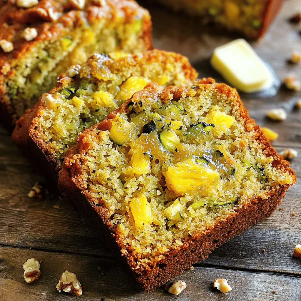 To make a tasty pineapple zucchini bread, you need a few key ingredients. Here’s what you will need: - 1 cup grated zucchini (about 1 medium zucchini) - 1 cup crushed pineapple, drained - 1/2 cup unsweetened applesauce - 1/2 cup granulated sugar - 1/2 cup brown sugar, packed - 2 large eggs - 1/3 cup vegetable oil - 1 teaspoon vanilla extract - 1 1/2 cups all-purpose flour - 1 teaspoon baking soda - 1/2 teaspoon baking powder - 1/2 teaspoon salt - 1 teaspoon ground cinnamon - 1/4 teaspoon nutmeg (optional) - 1/2 cup chopped walnuts or pecans (optional) Using fresh zucchini and pineapple makes the bread moist and full of flavor. The applesauce adds sweetness, while the sugars balance the taste. Eggs help bind everything together, and the spices add warmth. You can play with this recipe by adding different ingredients. Here are some suggestions: - Nuts: Use walnuts or pecans for crunch. - Dried Fruit: Add raisins or dried cranberries for extra sweetness. - Spices: Try ginger or allspice for a different flavor. - Flour: Swap some all-purpose flour with whole wheat for added fiber. - Applesauce: Use mashed banana instead of applesauce for a fruity twist. These options can make your bread unique and fit your taste. Don’t be afraid to experiment! When baking, accurate measurements matter. Here are some useful tips: - Use Dry Measuring Cups: For flour and sugars, use dry measuring cups. - Spoon and Level: Spoon flour into the cup and level it with a knife. Don’t pack it down. - Liquid Ingredients: Use a liquid measuring cup for oils and liquids. - Egg Size: Use large eggs for best results. Measuring accurately helps your bread rise and bake evenly. Follow these tips to ensure your pineapple zucchini bread turns out great! If you want the full recipe, check it out. Gather all the ingredients first. This makes it easy to cook. You need: - 1 cup grated zucchini (about 1 medium zucchini) - 1 cup crushed pineapple, drained - 1/2 cup unsweetened applesauce - 1/2 cup granulated sugar - 1/2 cup brown sugar, packed - 2 large eggs - 1/3 cup vegetable oil - 1 teaspoon vanilla extract - 1 1/2 cups all-purpose flour - 1 teaspoon baking soda - 1/2 teaspoon baking powder - 1/2 teaspoon salt - 1 teaspoon ground cinnamon - 1/4 teaspoon nutmeg (optional) - 1/2 cup chopped walnuts or pecans (optional) Make sure to wash the zucchini well. Grate it finely. Drain the pineapple so it doesn't add too much liquid. This keeps your bread from getting soggy. In one big bowl, mix the wet ingredients. Combine the grated zucchini, crushed pineapple, applesauce, both sugars, eggs, vegetable oil, and vanilla. Stir until everything blends well. In another bowl, combine the dry ingredients. Whisk together the flour, baking soda, baking powder, salt, cinnamon, and nutmeg if you choose to add it. Now, slowly add the dry mix to the wet mix. Stir gently. Don’t overmix; a few lumps are okay. If you want some crunch, fold in the chopped nuts. Preheat your oven to 350°F (175°C). Grease a 9x5-inch loaf pan with oil or butter. Pour your batter into the pan and smooth the top. Bake for 50-60 minutes. To check if it’s done, insert a toothpick into the center. If it comes out clean, your bread is ready. Once baked, let it cool in the pan for about 10 minutes. After that, move it to a wire rack to cool completely. This helps keep the bread nice and moist. You can find the Full Recipe for exact details. To keep your pineapple zucchini bread moist, use fresh zucchini. Grate it right before mixing. The water in the zucchini adds great moisture. Adding crushed pineapple helps, too. Both ingredients make the bread soft and tasty. If you want extra moisture, you can add more applesauce. You can also try adding a bit of yogurt. This gives a nice creaminess to the bread. One common mistake is overmixing the batter. Mix just until combined. If you see some lumps, that's okay! Overmixing makes the bread tough. Another mistake is not checking the oven temp. Always use an oven thermometer. If the oven is too hot, the bread may burn outside but stay raw inside. Lastly, don't skip the cooling time. Let the bread cool in the pan for 10 minutes. This helps it stay together when you remove it. When grating zucchini, use a box grater or food processor. Aim for small, even pieces. After grating, squeeze out excess water using a clean cloth or paper towel. This helps prevent the bread from being too wet. If you want a sweeter taste, use smaller zucchini. They are often more tender and sweeter. Grated zucchini can also be stored in the fridge for a day, but use it fresh for the best flavor. For the complete guide with all the details, check out the [Full Recipe]. {{image_2}} You can change the flavor of your pineapple zucchini bread by using different nuts or seeds. Try using chopped almonds or hazelnuts instead of walnuts or pecans. Each nut adds a new twist. You may also try sunflower seeds or pumpkin seeds for a crunchy texture. These options make the bread fun and unique. If you need a gluten-free version, swap all-purpose flour for gluten-free flour. Be sure to check the flour blend for baking powder. This will help keep the bread light and fluffy. You can also add a bit of xanthan gum to mimic the texture of regular flour. This small change can make a big difference in your bread. Adding spices or extracts can boost the flavor of your bread. Try adding 1/2 teaspoon of ginger or allspice for warmth. You can also use almond extract instead of vanilla for a nutty taste. These small tweaks can make your pineapple zucchini bread even more delightful. Feel free to experiment and find your favorite flavors! To keep your pineapple zucchini bread fresh, store it in an airtight container. Place the bread at room temperature for up to three days. If you want it to last longer, refrigerate it. The cold air will slow down spoilage. However, refrigeration can dry it out. To combat this, wrap it in plastic wrap before placing it in the fridge. Freezing is a great option if you want to save some for later. First, let the bread cool completely. Then, wrap it tightly in plastic wrap. After that, place it in a freezer bag. Label the bag with the date. You can freeze it for up to three months. When you are ready to enjoy it, thaw it overnight in the fridge. This will help keep it moist. To reheat your bread, slice it first for even heating. You can use a microwave for quick warming. Heat it in 10-15 second intervals until warm. For a crispier texture, use an oven. Preheat the oven to 350°F (175°C), and place the slices on a baking sheet. Heat for about 10 minutes. This will bring back its delicious flavor and texture. Enjoy your pineapple zucchini bread warm! Yes, you can use frozen zucchini. Just make sure to thaw and drain it well. If you skip draining, the bread may end up soggy. The texture might differ slightly, but the taste stays great. You can use mashed bananas or yogurt as a substitute for applesauce. Both options keep the bread moist. If you want a more tropical flavor, consider using crushed pineapple instead. This adds sweetness, too. To check if your bread is done, insert a toothpick into the center. If it comes out clean, the bread is ready. You can also gently press the top; it should spring back. If it leaves an indentation, bake for a few more minutes. You learned about key ingredients and methods for making delicious pineapple zucchini bread. I shared useful tips for baking and storage too. Remember, a little care in measuring and mixing helps your bread turn out perfect. Try different nuts or spices for fun new flavors. Keep this guide handy for your next baking adventure. Enjoy your tasty bread and happy baking!