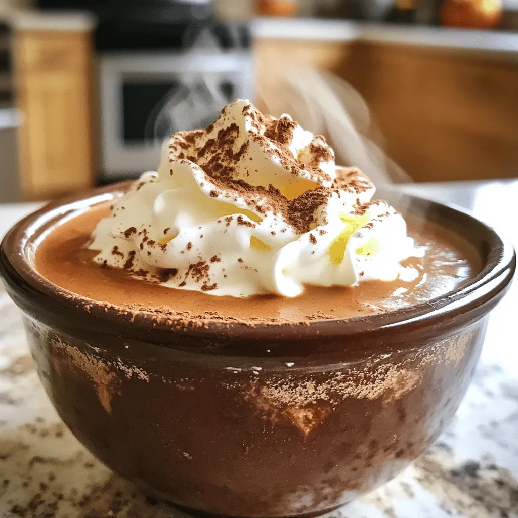 - Milk and cream components - 4 cups whole milk - 1 cup heavy cream - Pumpkin and chocolate ingredients - 1 cup pumpkin puree - 1/2 cup semi-sweet chocolate chips - 1/4 cup cocoa powder - Spices and sweeteners - 1 teaspoon vanilla extract - 3 tablespoons brown sugar (adjust to taste) - 1 teaspoon ground cinnamon - 1/2 teaspoon nutmeg - 1/4 teaspoon salt - Whipped cream, for serving - Pumpkin spice or cocoa powder, for garnish This warm drink needs simple yet tasty ingredients for a cozy feel. Whole milk and heavy cream create a rich base. The pumpkin puree gives it a nice fall flavor. Semi-sweet chocolate chips and cocoa powder add chocolatey goodness. For sweetness, I use brown sugar. You can adjust this to fit your taste. Ground cinnamon and nutmeg bring warmth and spice. A pinch of salt enhances all the flavors. Finally, whipped cream on top makes it special. You can sprinkle pumpkin spice or cocoa powder for a pretty finish. Check out the Full Recipe for more details on how to combine these ingredients into a delightful treat. 1. Mixing the base ingredients Start by pouring 4 cups of whole milk and 1 cup of heavy cream into your crockpot. Stir them together until they blend well. This creamy base is the heart of your hot chocolate. 2. Adding the pumpkin and chocolate mixture Next, add 1 cup of pumpkin puree, 1/2 cup of semi-sweet chocolate chips, and 1/4 cup of cocoa powder. Mix everything well. Watch as the chocolate melts and the mixture becomes smooth and rich. 3. Cooking and heating in the crockpot Now, add 1 teaspoon of vanilla extract, 3 tablespoons of brown sugar, 1 teaspoon of ground cinnamon, 1/2 teaspoon of nutmeg, and 1/4 teaspoon of salt. Stir until fully combined. Set your crockpot to low and cover it. Let it cook for about 2 to 3 hours. Stir occasionally so it heats evenly. 4. Final adjustments and serving instructions Once the hot chocolate is warm, taste it. Adjust the sweetness or spices to your liking. Serve it hot in mugs. Top each serving with whipped cream and a sprinkle of pumpkin spice or cocoa powder for a lovely touch. For the full recipe, check the previous section. Enjoy your cozy drink! To make your Crockpot Pumpkin Hot Chocolate just right, think about sweetness and spice. For sweetness, start with 3 tablespoons of brown sugar. Taste it after cooking. If you want it sweeter, add more sugar. You can also try maple syrup for a new flavor. Spices add warmth. Use cinnamon and nutmeg to enhance the pumpkin. If you like more spice, add an extra dash of cinnamon or even a pinch of ginger. This mix brings out the fall vibes in every sip! When serving, consider adding whipped cream on top. You can sprinkle pumpkin spice or cocoa powder for a nice touch. Serve it with cookies or warm pastries for a cozy treat. Slow cooking is key for this drink. Set your crockpot to low. This lets the flavors blend well. Stir every so often to avoid burning. It usually takes about 2 to 3 hours to heat through. For perfect consistency, make sure to mix thoroughly when adding ingredients. If it seems too thick, add a bit more milk. If it's too thin, let it cook longer to thicken. The right texture turns this drink into a comforting hug on a cold day. For the full recipe, check [Full Recipe]. {{image_2}} You can change the recipe to fit your needs. For a dairy-free version, use almond milk or oat milk instead of whole milk and heavy cream. These options still create a creamy drink. You might also try coconut milk for a tropical twist. You can also switch up the chocolate. Instead of semi-sweet chocolate chips, go for dark chocolate. This will give your drink a richer taste. If you prefer white chocolate, use that instead. It offers a sweet and creamy flavor that pairs well with pumpkin. To make your hot chocolate more exciting, add spices like ginger or cloves. These spices bring warmth and depth to the drink. A pinch of cayenne can add a nice kick, too, if you enjoy a little heat. Using flavored extracts is another fun way to mix things up. Try adding peppermint extract for a wintery touch. Almond extract can also add a unique flavor that pairs well with pumpkin. Just a few drops can change the whole drink. For the full recipe, check out the Cozy Crockpot Pumpkin Hot Chocolate section. To keep your leftover pumpkin hot chocolate fresh, I recommend using an airtight container. This helps prevent any unwanted odors from your fridge. Make sure to cool the hot chocolate to room temperature before you store it. You can place it in the fridge for up to three days. If you want to enjoy it later, freezing is a great option. Pour the cooled hot chocolate into freezer-safe bags or containers, leaving some space for expansion. It can last up to two months in the freezer. When you're ready to enjoy your hot chocolate again, reheating is simple. For the best results, use a saucepan on the stove over low heat. Stir often to ensure it warms evenly. If you prefer, you can also use the microwave. Heat it in short bursts of 30 seconds, stirring in between. This helps to avoid any hot spots. Adjust sweetness or spices if needed before serving. Enjoy your cozy drink with whipped cream and a sprinkle of pumpkin spice! How can I make the hot chocolate less sweet? You can cut back on brown sugar. Start with less, then taste it. You can also skip the sweet chocolate chips. Using unsweetened cocoa powder can help too. Can I use a different type of milk? Yes! You can use almond, oat, or coconut milk. Each will add a unique flavor. Just make sure to choose a creamy option for the best taste. How long does the crockpot hot chocolate keep? This hot chocolate stays good for up to three days in the fridge. Make sure to store it in an airtight container. What’s the best way to thicken the hot chocolate? To thicken it, add more chocolate chips or some cornstarch. Mix cornstarch with a little cold water first, then stir it in. Can I make this recipe in advance? You can! Make it a day ahead, then heat it up when ready to serve. Just stir well before serving. How do I make a smaller batch? To make a smaller batch, cut all ingredients in half. This way, you still enjoy that creamy pumpkin flavor without leftovers. What's the secret to creamy hot chocolate? The key is using a mix of whole milk and heavy cream. The cream adds richness and smoothness. Can I add alcohol for an adult version? Absolutely! Try adding a splash of rum or bourbon. It adds warmth and depth to the drink. This blog post gives you all you need to make great hot chocolate. We covered ingredients, step-by-step instructions, and tips for flavor and consistency. You'll feel ready to create warm drinks for any occasion. Remember to adjust sweetness and try different types of chocolate for fun twists. With proper storage and reheating, you can enjoy your hot chocolate for days. So, grab your crockpot and start mixing. Your perfect cup of cocoa awaits!