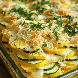 - Zucchini and Yellow Squash Zucchini and yellow squash are the stars of this dish. They bring a mild taste and great texture. Slicing them thinly helps them cook evenly. This also ensures that they soak up all the cheesy goodness. - Cheese Varieties and Their Roles Cheese is key to making this casserole creamy and rich. I use sharp cheddar for its bold flavor, mozzarella for stretchiness, and Parmesan for a salty kick. Together, they create a delightful cheese blend. This mix melts perfectly and forms a golden crust. - Essential Seasonings and Condiments The right seasonings make all the difference. I add garlic for depth and thyme for an earthy touch. Salt and black pepper enhance the flavors. Heavy cream adds creaminess, while eggs bind everything together. These ingredients work in harmony to create a comforting dish. For the full recipe, check out the detailed preparation steps. Slicing the Vegetables Start by washing the zucchinis and yellow squashes. Next, slice them thinly. Thin slices cook evenly and blend well. Aim for about 1/4 inch thick. Sautéing Onion and Garlic In a large skillet, heat 2 tablespoons of olive oil over medium heat. Add the finely chopped onion and cook for about 5 minutes. Wait until it turns soft and clear. Then, toss in 3 minced garlic cloves. Sauté for another minute until you smell that nice aroma. Mixing the Casserole Components In a big bowl, combine the sliced zucchinis and yellow squashes. Add the sautéed onion and garlic. Pour in 1 cup of heavy cream and crack in 2 large eggs. Sprinkle in 1 teaspoon salt, 1/2 teaspoon black pepper, 1 teaspoon dried thyme, and 1 teaspoon garlic powder. Mix in half of the shredded cheddar and mozzarella cheeses. Stir everything until well combined. Greasing the Casserole Dish Grab a 9x13-inch casserole dish and grease it lightly with some olive oil. This step helps prevent sticking and makes serving easier. Layering the Mixtures Pour the vegetable mixture into the greased dish. Spread it out evenly with a spatula. Make sure the mix is level for even baking. Adding the Topping In a separate bowl, mix the remaining cheeses with 1 cup of breadcrumbs. Sprinkle this crunchy topping evenly over your casserole. It adds a great texture and flavor. Optimal Oven Temperature Preheat your oven to 375°F (190°C). This temperature ensures a nice golden crust. Cooking Time for Perfect Texture Bake the casserole for 30 to 35 minutes. Look for a golden brown top and bubbling edges. Cooling and Serving Tips Once it’s done, take it out and let it cool for about 10 minutes. This cooling time helps the casserole set. Garnish with fresh parsley before serving to add color and a fresh taste. For the complete recipe, check out the [Full Recipe]. To make your Cheesy Zucchini Squash Casserole shine, focus on texture and flavor. Here are some tips: - Texture and Flavor Enhancements: For a creamier texture, use heavy cream. Mix in a bit of sour cream for a tangy twist. Toast breadcrumbs in olive oil before topping for crunch. - Common Mistakes to Avoid: Don’t skip the cooling step after baking. Letting it cool helps the casserole set. Avoid overcooking the vegetables. They should be tender, not mushy. - Using Fresh vs. Frozen Ingredients: Fresh zucchini and squash give the best flavor. Frozen options work in a pinch, but may release more water. If using frozen, thaw and drain them well. Pair your casserole with simple sides for a full meal: - What to Serve with Cheesy Zucchini Squash Casserole: A fresh green salad or roasted chicken works great. Grilled fish or crusty bread also complements it well. - Plate Presentation Ideas: Serve in a bright dish to enhance colors. Garnish with fresh parsley for a pop of green. A sprinkle of extra cheese on top before serving looks appealing. - Pairing with Wines or Beverages: A light white wine, like Sauvignon Blanc, pairs well. For non-alcoholic options, try sparkling water with lemon. Both enhance the dish’s flavors beautifully. For the full recipe, refer to the section above. Enjoy your cooking! {{image_2}} You can make this casserole lighter. Try low-fat cheese options like part-skim mozzarella. It still melts well and tastes great. Another way is to swap heavy cream for Greek yogurt. This change cuts fat but keeps the creamy texture. Want to add protein? You can mix in cooked chicken or tofu. Both options make the dish heartier. You can also add other veggies. Try bell peppers, spinach, or mushrooms for extra flavor and nutrition. To enjoy this dish in summer, use fresh zucchinis and yellow squashes from local markets. In winter, consider using winter squash like butternut or acorn. These squashes add a sweet and nutty flavor, making it perfect for colder months. For the full recipe, visit the Full Recipe section. After making your cheesy zucchini squash casserole, let it cool down. Place it in a dish that seals tight. I recommend using a glass or plastic container with a lid. This keeps moisture in and helps it stay fresh. Store it in the fridge right away. You can keep it there for up to three days. To freeze your casserole, first cool it completely. Then, cut it into serving-sized pieces. Wrap each piece in plastic wrap, then place them in a freezer-safe bag. This helps keep the flavors locked in. When you're ready to eat, thaw it in the fridge overnight. To reheat, place it in the oven at 350°F (175°C) for about 20 minutes. You can also microwave it for a quick meal. In the fridge, your casserole lasts about three days. If you freeze it, it can stay good for up to three months. Always check for signs of spoilage. If it smells sour or looks off, toss it out. Trust your senses to keep your meals safe and tasty. You can use several options if you want a creamy texture. Whole milk mixed with butter works well. You can also try unsweetened almond milk with a bit of cornstarch. For a dairy-free option, coconut cream is great. It adds a nice flavor and richness. Each of these options keeps the dish creamy without heavy cream. Yes, you can prepare this casserole ahead of time. Just follow all the steps up to baking. Cover the dish tightly with plastic wrap. You can store it in the fridge for one day. When ready, just bake it without thawing. It may need a few extra minutes in the oven. Look for a golden brown top. The edges should be bubbling. You can also test it with a knife. Insert it into the center; if it comes out clean, it is ready. Let it rest for about ten minutes after baking. This helps it set up before serving. Yes, you can make this casserole gluten-free. Just swap regular breadcrumbs for gluten-free ones. Many brands offer good options that taste great. Always check labels to ensure there is no gluten in the cheese or other ingredients. With these changes, you can enjoy a delicious gluten-free meal. For the full recipe, check the link. This blog post shared the key ingredients, step-by-step instructions, and helpful tips for making a Cheesy Zucchini Squash Casserole. You learned about essential components, how to prep and bake, and ways to enhance flavor and texture. Remember to experiment with variations and storage tips to suit your needs. This dish is all about fun and creativity in the kitchen. Enjoy every bite and feel proud of your tasty creation.