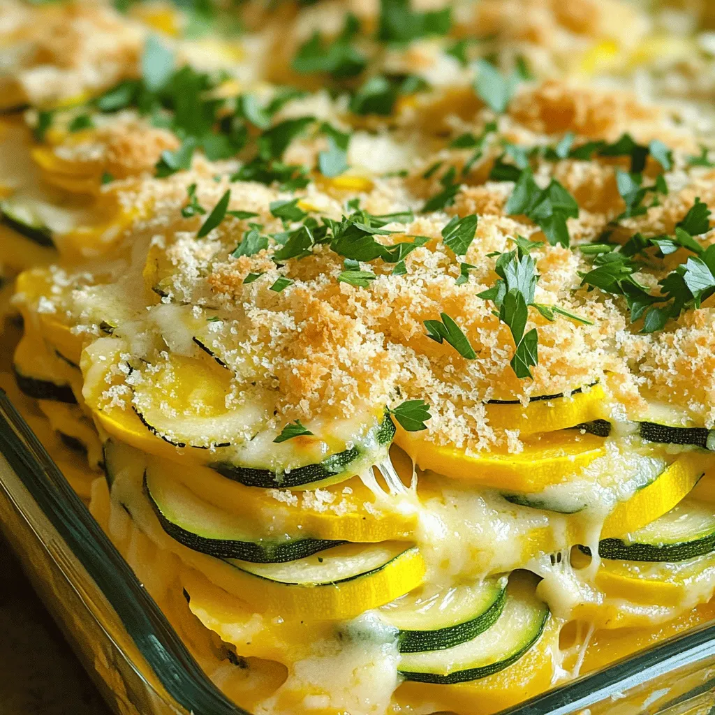 - Zucchini and Yellow Squash Zucchini and yellow squash are the stars of this dish. They bring a mild taste and great texture. Slicing them thinly helps them cook evenly. This also ensures that they soak up all the cheesy goodness. - Cheese Varieties and Their Roles Cheese is key to making this casserole creamy and rich. I use sharp cheddar for its bold flavor, mozzarella for stretchiness, and Parmesan for a salty kick. Together, they create a delightful cheese blend. This mix melts perfectly and forms a golden crust. - Essential Seasonings and Condiments The right seasonings make all the difference. I add garlic for depth and thyme for an earthy touch. Salt and black pepper enhance the flavors. Heavy cream adds creaminess, while eggs bind everything together. These ingredients work in harmony to create a comforting dish. For the full recipe, check out the detailed preparation steps. Slicing the Vegetables Start by washing the zucchinis and yellow squashes. Next, slice them thinly. Thin slices cook evenly and blend well. Aim for about 1/4 inch thick. Sautéing Onion and Garlic In a large skillet, heat 2 tablespoons of olive oil over medium heat. Add the finely chopped onion and cook for about 5 minutes. Wait until it turns soft and clear. Then, toss in 3 minced garlic cloves. Sauté for another minute until you smell that nice aroma. Mixing the Casserole Components In a big bowl, combine the sliced zucchinis and yellow squashes. Add the sautéed onion and garlic. Pour in 1 cup of heavy cream and crack in 2 large eggs. Sprinkle in 1 teaspoon salt, 1/2 teaspoon black pepper, 1 teaspoon dried thyme, and 1 teaspoon garlic powder. Mix in half of the shredded cheddar and mozzarella cheeses. Stir everything until well combined. Greasing the Casserole Dish Grab a 9x13-inch casserole dish and grease it lightly with some olive oil. This step helps prevent sticking and makes serving easier. Layering the Mixtures Pour the vegetable mixture into the greased dish. Spread it out evenly with a spatula. Make sure the mix is level for even baking. Adding the Topping In a separate bowl, mix the remaining cheeses with 1 cup of breadcrumbs. Sprinkle this crunchy topping evenly over your casserole. It adds a great texture and flavor. Optimal Oven Temperature Preheat your oven to 375°F (190°C). This temperature ensures a nice golden crust. Cooking Time for Perfect Texture Bake the casserole for 30 to 35 minutes. Look for a golden brown top and bubbling edges. Cooling and Serving Tips Once it’s done, take it out and let it cool for about 10 minutes. This cooling time helps the casserole set. Garnish with fresh parsley before serving to add color and a fresh taste. For the complete recipe, check out the [Full Recipe]. To make your Cheesy Zucchini Squash Casserole shine, focus on texture and flavor. Here are some tips: - Texture and Flavor Enhancements: For a creamier texture, use heavy cream. Mix in a bit of sour cream for a tangy twist. Toast breadcrumbs in olive oil before topping for crunch. - Common Mistakes to Avoid: Don’t skip the cooling step after baking. Letting it cool helps the casserole set. Avoid overcooking the vegetables. They should be tender, not mushy. - Using Fresh vs. Frozen Ingredients: Fresh zucchini and squash give the best flavor. Frozen options work in a pinch, but may release more water. If using frozen, thaw and drain them well. Pair your casserole with simple sides for a full meal: - What to Serve with Cheesy Zucchini Squash Casserole: A fresh green salad or roasted chicken works great. Grilled fish or crusty bread also complements it well. - Plate Presentation Ideas: Serve in a bright dish to enhance colors. Garnish with fresh parsley for a pop of green. A sprinkle of extra cheese on top before serving looks appealing. - Pairing with Wines or Beverages: A light white wine, like Sauvignon Blanc, pairs well. For non-alcoholic options, try sparkling water with lemon. Both enhance the dish’s flavors beautifully. For the full recipe, refer to the section above. Enjoy your cooking! {{image_2}} You can make this casserole lighter. Try low-fat cheese options like part-skim mozzarella. It still melts well and tastes great. Another way is to swap heavy cream for Greek yogurt. This change cuts fat but keeps the creamy texture. Want to add protein? You can mix in cooked chicken or tofu. Both options make the dish heartier. You can also add other veggies. Try bell peppers, spinach, or mushrooms for extra flavor and nutrition. To enjoy this dish in summer, use fresh zucchinis and yellow squashes from local markets. In winter, consider using winter squash like butternut or acorn. These squashes add a sweet and nutty flavor, making it perfect for colder months. For the full recipe, visit the Full Recipe section. After making your cheesy zucchini squash casserole, let it cool down. Place it in a dish that seals tight. I recommend using a glass or plastic container with a lid. This keeps moisture in and helps it stay fresh. Store it in the fridge right away. You can keep it there for up to three days. To freeze your casserole, first cool it completely. Then, cut it into serving-sized pieces. Wrap each piece in plastic wrap, then place them in a freezer-safe bag. This helps keep the flavors locked in. When you're ready to eat, thaw it in the fridge overnight. To reheat, place it in the oven at 350°F (175°C) for about 20 minutes. You can also microwave it for a quick meal. In the fridge, your casserole lasts about three days. If you freeze it, it can stay good for up to three months. Always check for signs of spoilage. If it smells sour or looks off, toss it out. Trust your senses to keep your meals safe and tasty. You can use several options if you want a creamy texture. Whole milk mixed with butter works well. You can also try unsweetened almond milk with a bit of cornstarch. For a dairy-free option, coconut cream is great. It adds a nice flavor and richness. Each of these options keeps the dish creamy without heavy cream. Yes, you can prepare this casserole ahead of time. Just follow all the steps up to baking. Cover the dish tightly with plastic wrap. You can store it in the fridge for one day. When ready, just bake it without thawing. It may need a few extra minutes in the oven. Look for a golden brown top. The edges should be bubbling. You can also test it with a knife. Insert it into the center; if it comes out clean, it is ready. Let it rest for about ten minutes after baking. This helps it set up before serving. Yes, you can make this casserole gluten-free. Just swap regular breadcrumbs for gluten-free ones. Many brands offer good options that taste great. Always check labels to ensure there is no gluten in the cheese or other ingredients. With these changes, you can enjoy a delicious gluten-free meal. For the full recipe, check the link. This blog post shared the key ingredients, step-by-step instructions, and helpful tips for making a Cheesy Zucchini Squash Casserole. You learned about essential components, how to prep and bake, and ways to enhance flavor and texture. Remember to experiment with variations and storage tips to suit your needs. This dish is all about fun and creativity in the kitchen. Enjoy every bite and feel proud of your tasty creation.
