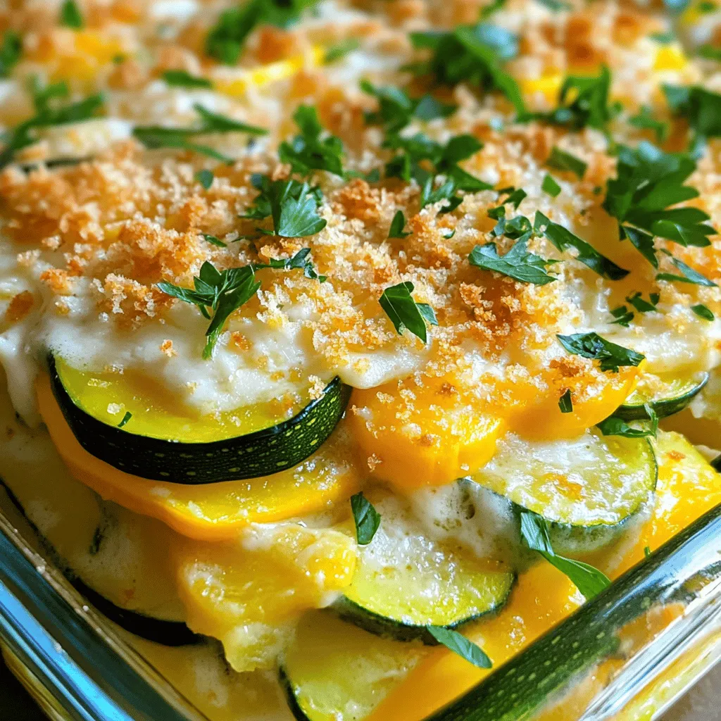 To make this delicious cheesy summer squash and zucchini casserole, gather these items: - 2 medium zucchini, sliced into thin rounds - 2 medium yellow squash, sliced into thin rounds - 1 cup shredded cheddar cheese - 1 cup shredded mozzarella cheese - 1/2 cup grated Parmesan cheese - 1 medium onion, finely chopped - 3 cloves garlic, minced - 1 cup heavy cream - 2 large eggs - 1 teaspoon dried thyme - 1 teaspoon dried oregano - Salt and pepper to taste - 1 cup breadcrumbs (preferably seasoned) - 2 tablespoons olive oil For the best flavor, use fresh squash. Choose firm, shiny zucchini and yellow squash. Look for cheese that melts well, like a good quality cheddar and mozzarella. Fresh herbs can elevate the dish, so consider using fresh thyme and oregano if possible. When buying breadcrumbs, pick ones that are seasoned for added depth. You can make this casserole fit many diets. For a lighter version, swap heavy cream for low-fat milk or a plant-based milk. Use egg substitutes like flaxseed meal or commercial egg replacers if needed. For a gluten-free option, use gluten-free breadcrumbs. If you want a dairy-free dish, try vegan cheese and cream alternatives. This recipe is flexible, so feel free to get creative! For the complete recipe, check out the [Full Recipe]. Start by gathering all your ingredients. You’ll need zucchini, yellow squash, and cheese. Slice the zucchini and squash into thin rounds. This helps them cook evenly. Chop the onion finely and mince the garlic. Sauté the onion in olive oil. Cook it until it looks clear, about five minutes. Add the garlic and cook for one more minute. This step brings out their flavors. In a large bowl, mix heavy cream, eggs, thyme, oregano, salt, and pepper. Whisk it until combined. Now, it’s time to layer the casserole. Take your greased baking dish and begin with half of the sliced zucchini and squash. Spread them evenly across the bottom. Next, add half of the sautéed onion and garlic. Pour half of the cream mixture over the veggies. Then sprinkle half of the cheddar and mozzarella cheese on top. Repeat this process with the rest of the squash and zucchini. Follow with the remaining onion and garlic, then the cream mixture, and finish with the rest of the cheese. Once your layers are complete, sprinkle breadcrumbs over the top. Add the grated Parmesan cheese for a nice finish. Bake your casserole in a preheated oven at 350°F for 40-45 minutes. You want the top to be golden brown and bubbly. After baking, let it cool for about ten minutes. This helps it set up. Serve it warm and enjoy! For extra flair, garnish with fresh parsley or serve with a salad. You can find the full recipe [here](Full Recipe). To avoid a watery casserole, salt your zucchini and squash. The salt pulls out moisture. After slicing, let them sit for 10-15 minutes. Then, pat them dry with paper towels. This step helps keep your dish thick and creamy. Using a mix of cheeses makes the casserole rich and tasty. I love using cheddar for sharpness, mozzarella for stretch, and Parmesan for a nutty flavor. The three together create a perfect balance. Feel free to try gouda or feta for a twist! For added flavor, you can mix in herbs and spices. Fresh basil or chives can brighten the dish. You can also add cooked bacon or sausage for a protein boost. For a spicy kick, sprinkle in some red pepper flakes. {{image_2}} You can keep the casserole vegetarian by sticking to the veggies. Add mushrooms, bell peppers, or spinach for extra flavor. These vegetables mix well with the summer squash and zucchini. You can also use different cheeses. Try goat cheese or feta for a unique taste. This gives a new twist without losing the cheesy goodness. To make the casserole heartier, add protein. Cooked chicken or sausage works great. I like to use grilled chicken for a light touch. If you choose sausage, go for a mild or spicy one, depending on your taste. Just slice it and layer it in with the veggies. This makes the dish filling and satisfying. For those who need gluten-free options, swap breadcrumbs for gluten-free breadcrumbs. You can also use crushed cornflakes or ground almonds. These alternatives keep the crunchy top you love. Always check labels to ensure they are truly gluten-free. This way, everyone can enjoy this tasty dish! Store any leftover cheesy summer squash and zucchini casserole in an airtight container. This helps keep it fresh. Place the container in the fridge. It will stay good for about three to four days. If you think you won't eat it soon, consider freezing it. To reheat, place the casserole in an oven-safe dish. Cover it with foil to keep moisture in. Heat at 350°F (175°C) for about 20-25 minutes. Check that it is warm all the way through. You can also microwave it. Use a microwave-safe plate. Heat in short bursts, checking often. To freeze the casserole, let it cool first. Cut it into serving sizes and wrap each piece in plastic wrap. Then, place the wrapped pieces in a freezer bag. Label the bag with the date. It will last for about three months in the freezer. When you're ready to eat it, thaw it in the fridge overnight before reheating. For the best taste, use the full recipe to enjoy it fresh! Yes, you can make this casserole ahead of time. Prepare it fully and store it in the fridge. Cover it well with plastic wrap or foil. When you are ready to bake, just uncover and pop it in the oven. You may need to adjust the baking time if it is cold from the fridge. This makes meal prep easy and fun! This casserole pairs well with many sides. Here are some tasty options: - A fresh green salad for crunch - Grilled chicken or fish for protein - Garlic bread for a comforting touch - Steamed broccoli or green beans for color These sides bring balance to the meal and make it even more delicious! The casserole lasts about 3 to 5 days in the fridge. Store it in an airtight container to keep it fresh. If you want to enjoy it later, consider freezing it. Just remember to label it with the date. This way, you can enjoy Cheesy Summer Squash and Zucchini Casserole whenever you like! For the full recipe, check out the detailed instructions. This blog post shows you how to make Cheesy Summer Squash and Zucchini Casserole. We covered all key ingredients, tips, and step-by-step instructions. You also learned how to avoid common mistakes and create tasty variations. Proper storage methods will help you enjoy leftovers. Cooking is fun, and this casserole recipe is easy for everyone. With a few simple tips, you can impress your friends and family. Try this recipe for a delicious meal that everyone will love. Enjoy your cooking journey!