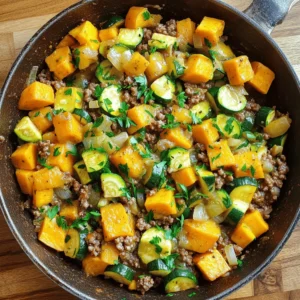 - 1 pound ground beef - 2 medium zucchinis, diced - 1 large sweet potato, peeled and cubed - 1 small onion, finely chopped - 3 cloves garlic, minced - 1 tablespoon olive oil - 1 teaspoon smoked paprika - 1 teaspoon dried oregano - 1/2 teaspoon cumin - Salt and pepper to taste - 1/4 cup beef broth (or vegetable broth) - Fresh parsley, chopped (for garnish) Gathering the right ingredients is key for this dish. Start with fresh ground beef. I prefer using lean beef for a healthier option. Fresh zucchinis add a nice crunch, while the sweet potato gives a sweet and creamy texture. Onions and garlic bring depth of flavor, making the dish more aromatic and tasty. For spices, smoked paprika adds a nice warmth. Dried oregano and cumin complement the other flavors. Always use salt and pepper to enhance the taste. Beef broth adds moisture and richness. Finally, fresh parsley gives a pop of color and freshness, making your meal look appealing. You can find the full recipe at the end. Happy cooking! First, I heat 1 tablespoon of olive oil in a large skillet over medium heat. Once the oil shimmers, I add 1 small finely chopped onion. I sauté it for about 3-4 minutes until it turns translucent. The smell is amazing! Next, I stir in 3 minced garlic cloves and cook for one more minute. This step builds a flavorful base for the dish. After the onion and garlic are ready, I add 1 pound of ground beef to the skillet. I break it apart with a spatula as it cooks. I let it brown for 5-7 minutes, stirring occasionally. If there's too much fat, I drain it. Once browned, I sprinkle 1 teaspoon of smoked paprika, 1 teaspoon of dried oregano, 1/2 teaspoon of cumin, and salt and pepper to taste over the beef. Then, I stir everything well to mix the flavors. Now, it’s time to add the veggies! I toss in 1 large peeled and cubed sweet potato. I stir to mix it with the beef and seasonings. Next, I pour in 1/4 cup of beef broth. I cover the skillet and let the sweet potato cook for 10-12 minutes, stirring every so often. When the sweet potato is tender, I fold in 2 medium diced zucchinis. I cover again and cook for an additional 5-7 minutes. When everything is tender, I taste and adjust the seasoning if needed. This recipe is a great way to get your veggies in while enjoying a hearty meal. For the full recipe, check the earlier section! To get the best texture in this dish, focus on cooking the sweet potatoes first. They take longer to soften than zucchini. Cut the sweet potatoes into even cubes. This helps them cook evenly. Cook them until they are tender before adding zucchini. Stir gently to avoid mashing them. You can boost the flavor by adding more spices. Try red pepper flakes for heat or thyme for earthiness. A splash of soy sauce or Worcestershire sauce can deepen the taste. Feel free to add a squeeze of lemon juice before serving for a fresh kick. For a great plate presentation, use a large bowl or serve straight from the skillet. Make it look nice by garnishing with fresh parsley. A drizzle of olive oil adds shine and richness. You can also serve it with crusty bread or over rice for a complete meal. For the full recipe, check out the Savory Ground Beef Zucchini & Sweet Potato Skillet. {{image_2}} If you want to switch things up, there are great options. You can use turkey or chicken instead of ground beef. These meats are leaner and still tasty. For sweet potatoes, try butternut squash or carrots. Both add a nice sweetness. You can even use cauliflower for a different texture. To make this dish gluten-free, check your broth. Use vegetable broth or beef broth that is gluten-free. For a low-carb option, skip the sweet potatoes and add more zucchini or bell peppers instead. These choices keep the dish light and full of flavor. You can cook this dish in different ways. For an oven-baked version, preheat your oven to 400°F. Sauté the onion and garlic in a skillet, then mix everything in a baking dish. Cover with foil and bake for about 30 minutes. For a slow cooker, brown the meat first. Then add all ingredients to the slow cooker. Cook on low for about 6 hours. Both methods give you a warm and hearty meal. For the full recipe, check back for details! You can keep leftovers in the fridge for up to three days. Store them in an airtight container. This helps keep the dish fresh and tasty. Make sure to let it cool before sealing. If you want to freeze the skillet, let it cool completely. Then, place it in a freezer-safe container. Label the container with the date. You can freeze it for up to three months. To reheat, thaw in the fridge overnight. Then, warm it in a skillet or microwave. To reheat without losing flavor, use low heat. This way, the meat and veggies warm evenly. Stir occasionally to prevent sticking. You can add a splash of broth if it seems dry. This keeps the dish juicy and delicious. Enjoy your meal again just as you did the first time! For the full recipe, check out the recipe provided above. Can I use other vegetables? Yes, you can use other veggies. Bell peppers, carrots, or spinach work well. Feel free to mix and match. Just cut them into similar sizes for even cooking. Remember to adjust cooking time based on the vegetables you choose. What are the calories per serving? This dish has about 350 calories per serving. This includes the ground beef, sweet potato, and zucchini. You can make it lighter by using lean ground beef or adding more vegetables. Always check the full recipe for detailed nutrition facts. Can this dish be prepared in advance? Absolutely! You can prepare this dish in advance. Cook it fully and store it in the fridge for up to three days. To reheat, warm it gently on the stove or in the microwave. The flavors will blend nicely over time, making it even tastier! This blog covered a tasty recipe with ground beef, veggies, and spices. You learned how to prep, cook, and serve it well. I shared tips on making meals better and storing leftovers. You can try variations to fit your diet and preferences. Remember, cooking can be fun and creative. Don’t hesitate to experiment! Enjoy your meal, knowing you’ve got a dish everyone will love.