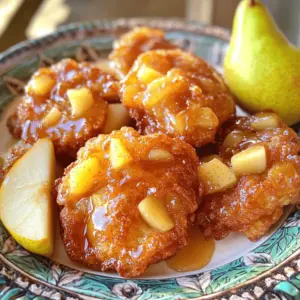 - 2 ripe pears, peeled, cored, and diced - 1 cup all-purpose flour - 1 tablespoon baking powder - 1/2 teaspoon cinnamon - 1/4 teaspoon nutmeg - 1/4 teaspoon salt - 1 tablespoon sugar - 1 large egg - 3/4 cup milk - 1/2 teaspoon vanilla extract - Vegetable oil (for frying) - 1/2 cup powdered sugar - 1/4 cup maple syrup - 2 tablespoons honey - 1 tablespoon milk When making pear fritters, you start with simple, fresh ingredients. The ripe pears are the star of the show. They add sweetness and moisture. Using all-purpose flour gives the fritters a nice structure. Baking powder helps them rise and become fluffy. Cinnamon and nutmeg bring warmth to the flavor. The sugar enhances the sweetness. The egg binds everything together, while milk gives the batter a smooth texture. Lastly, the vanilla extract adds a hint of depth that makes these treats special. For the maple-honey glaze, powdered sugar is your base. Maple syrup gives a rich, natural sweetness. Honey adds flavor and a nice shine. A splash of milk helps to reach the perfect consistency. You can find the full recipe in the article to guide you through the process. To start, I mix the dry ingredients. In a bowl, I whisk together: - 1 cup all-purpose flour - 1 tablespoon baking powder - 1/2 teaspoon cinnamon - 1/4 teaspoon nutmeg - 1/4 teaspoon salt - 1 tablespoon sugar Next, I grab another bowl. I whisk one large egg, then add: - 3/4 cup milk - 1/2 teaspoon vanilla extract I mix until the batter is smooth. Now, I combine the wet and dry ingredients. I add the wet mixture to the dry mixture. I stir gently until just combined. I keep a few lumps in the batter. Finally, I fold in: - 2 ripe pears, peeled, cored, and diced I heat about 2 inches of vegetable oil in a deep frying pan. I aim for a medium heat until the oil reaches 350°F (175°C). When the oil is ready, I drop spoonfuls of batter into the oil. I fry a few fritters at a time to avoid overcrowding. Each fritter cooks for about 3-4 minutes on each side. I wait until they turn golden brown. I use a slotted spoon to remove them and drain on paper towels. To make the glaze, I mix: - 1/2 cup powdered sugar - 1/4 cup maple syrup - 2 tablespoons honey - 1 tablespoon milk I stir until the mixture is smooth. If the glaze is too thick, I add more milk until it reaches the right consistency. Once the fritters cool, I dip them in the glaze or drizzle it on top. For the full recipe, check the recipe section above. To make great fritters, avoid overmixing the batter. Mix just until the dry and wet ingredients blend. A few lumps help keep them light and fluffy. Next, pay attention to the frying temperature. Heat the oil to 350°F (175°C) before adding the batter. This ensures a crispy outside and soft inside. Fry each fritter for about 3-4 minutes per side. Look for a golden brown color to know they are ready. When making the glaze, adjust the sweetness to your liking. You can add more honey or maple syrup if you prefer a sweeter taste. For a smoother consistency, mix the glaze well. If it’s too thick, add a little more milk. This helps the glaze drizzle nicely over the fritters. Garnishing makes your fritters look even more appealing. Try adding a sprinkle of cinnamon for a warm touch. You can also place a slice of fresh pear on top. For a fun twist, drizzle extra maple syrup over the fritters. Serve them warm on a nice plate to impress your friends and family. {{image_2}} You can easily make this recipe fit your needs. If you follow a gluten-free diet, swap all-purpose flour with a gluten-free blend. Look for a blend that includes xanthan gum for better texture. For a dairy-free option, use almond or oat milk instead of regular milk. You can also use a flax egg in place of a large egg. Combine one tablespoon of ground flaxseed with three tablespoons of water. Let it sit for five minutes to thicken. Want to change up the flavors? Add a pinch of nutmeg or cardamom for warmth. These spices bring a unique twist to the fritters. You can also mix in chocolate chips or nuts for extra crunch and sweetness. Fresh herbs like mint can add a fresh note. Experiment with different toppings too! Try whipped cream, or even a scoop of vanilla ice cream. These fritters shine as a dessert but are great for breakfast too. Serve them warm with a dusting of powdered sugar. Drizzle the maple-honey glaze over them right before serving. Pair these fritters with coffee or a cup of tea for a cozy touch. You can also serve them with yogurt or fruit to enhance the meal. For a fun twist, try them with a scoop of sorbet on the side. For the full recipe, check the ingredients and steps listed above. To keep your leftover fritters fresh, store them in an airtight container. Place a paper towel inside to absorb any moisture. This helps maintain their texture. You can keep them at room temperature for one day. For longer storage, place them in the fridge. They will last up to three days in the fridge. To reheat your fritters, use the oven for the best results. Preheat your oven to 350°F (175°C). Place the fritters on a baking sheet. Heat them for about 10 minutes. This keeps them crispy. Avoid using the microwave, as it can make them soggy. If you must use the microwave, heat for just 20 seconds. You can freeze fritters for later use. First, let them cool completely. Place them in a single layer on a baking sheet. Freeze them for about one hour. Once frozen, transfer them to a freezer bag. They can last up to two months in the freezer. To thaw, simply leave them in the fridge overnight. Reheat them in the oven for the best taste. Pear fritters taste best when fresh. Store them in an airtight container. They stay good for up to two days at room temperature. If you want them to last longer, place them in the fridge. They can stay fresh for about a week in the fridge. If you want to keep them longer, you can freeze them. Just make sure to wrap them well before freezing. When ready to eat, thaw and reheat. Yes, you can use many fruits for fritters! Apples, peaches, and bananas work well. Each fruit will change the taste and texture. Apples add a nice crunch. Peaches bring a sweet juiciness. Bananas give a soft and sweet flavor. Just make sure to chop the fruit into small pieces. This helps them mix well into the batter. To get crispy fritters, start with hot oil. Heat your oil to 350°F (175°C). This helps the fritters cook quickly without getting oily. Don't overcrowd the pan; fry a few at a time. Overcrowding can lower the oil temperature. Also, make sure to drain the fritters on paper towels after frying. This removes extra oil and keeps them crisp. For the best results, follow the Full Recipe and enjoy your delicious treat! To make pear fritters, we explored key ingredients, simple steps, and helpful tips. You learned how to mix the batter, fry the fritters, and create a tasty maple-honey glaze. Remember to adjust sweetness and avoid overmixing for perfect results. These fritters can be a fun breakfast or dessert, and you can even use other fruits. Store any extras well and reheat carefully to keep them crispy. Enjoy experimenting with flavors and serving ideas!