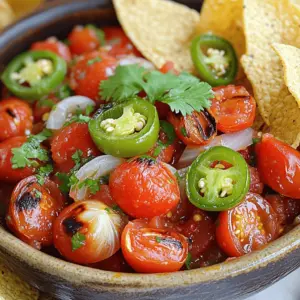 - 4 ripe tomatoes, halved - 1 large onion, quartered - 2 cloves of garlic, unpeeled - 2 jalapeño peppers, halved and deseeded - 1/4 cup fresh cilantro, finely chopped - 2 tablespoons lime juice - 1 tablespoon olive oil - Salt to taste To make fire roasted salsa, fresh ingredients are key. Choose ripe tomatoes for the best taste. They should feel firm but slightly soft when you press them. A large onion adds sweetness and depth. Garlic gives the salsa a rich flavor. Jalapeños bring heat, but you can adjust them based on your taste. I love to use fresh cilantro for a bright note. Lime juice adds zest and balances the flavors. Olive oil gives the salsa a lovely richness, and salt enhances every bite. - Choosing ripe tomatoes: Look for tomatoes that are vibrant and slightly soft. Avoid any with bruises. - The best onions for salsa: Yellow onions work well, but sweet onions add a unique touch. - Fresh vs. dried cilantro: Always choose fresh cilantro. It has a stronger flavor. - Selecting jalapeños: Pick jalapeños that are bright green and firm. Avoid any that feel soft or shriveled. When you pick ripe tomatoes, your salsa shines. The right onion adds depth. Fresh cilantro makes your dish pop. Always choose firm jalapeños for good heat and flavor. - Other herbs and spices: Try adding oregano or cumin for extra flavor. - Alternative chili peppers: Use serranos for more heat or bell peppers for a milder taste. - Adding fruit for sweetness: Mango or pineapple can bring a sweet twist to your salsa. Feel free to experiment with these add-ins. They can elevate your fire roasted salsa to new levels! For the full recipe, check the link above. First, you need to prepare your ingredients. - Halving tomatoes and onions: Start by halving the ripe tomatoes. Cut the large onion into quarters. This will help them roast evenly. - Deseeding jalapeños: Take the jalapeños and slice them in half. Remove the seeds for a milder salsa. If you like heat, leave some seeds in. - Peeling garlic: Keep the garlic cloves whole and unpeeled. They will roast better this way. Next, we’ll roast our veggies. - Using a grill vs. a skillet: You can use a grill or a cast-iron skillet. I prefer the grill for a smoky flavor. If you use a skillet, preheat it well. - Importance of high heat: High heat is key! It helps to char the skins and adds depth. Aim for a temperature that makes the veggies sizzle. Now comes the fun part—blending! - Tips for achieving smooth or chunky salsa: Place all the roasted veggies in a blender. For a smooth salsa, blend longer. For a chunkier salsa, pulse gently. - Adjusting seasoning after blending: Always taste your salsa after blending. You might want to add more salt or lime juice. Adjust to your liking. This method brings out the best flavors in your fire-roasted salsa. Check out the Full Recipe for more details! To make your fire-roasted salsa shine, consider adding extra lime juice. This brightens the taste and adds freshness. You can also mix in different herbs like oregano or basil. These herbs bring a unique twist to the flavor. You can change the texture of your salsa by blending it less for a chunkier style. A quick pulse gives you a rustic feel. If you prefer it smoother, blend longer until creamy. Remember, blending time changes how your salsa feels, so find what you like best. Fire-roasted salsa pairs well with crispy tortilla chips, making it a great snack. You can also use it as a topping for tacos or grilled meats. It adds a fresh, zesty touch to any meal. Try spooning it over eggs or mixing it into salads for a flavor boost. For the full recipe, check out the details above. {{image_2}} You can easily change the heat in your fire-roasted salsa. Start with jalapeños. If you like it hot, leave the seeds in. For a milder taste, remove the seeds and membranes. This simple change makes a big difference. You can also mix in other peppers for fun flavors. Try poblano for a smoky taste or serrano for more heat. Each pepper adds its own twist. Experiment to find your favorite mix. Add fruits to make your salsa sweet and fresh. Mango or pineapple adds a nice zing. Just chop them up and mix them in. This gives your salsa a tropical feel. Roasted corn is another great addition. It adds sweetness and a nice crunch. You can grill the corn on the cob and then cut off the kernels. Mix it in for a delightful twist. Fire-roasted salsa can reflect many cultures. For a Mexican twist, add cumin and lime. This enhances the flavors and gives it a traditional taste. If you want Southwestern flavors, add black beans and corn. This makes the salsa heartier and great for parties. Each culture brings its own flair, so feel free to get creative! For the best storage, use glass jars or airtight containers. These keep the salsa fresh and tasty. Fire-roasted salsa lasts about 5 to 7 days in the fridge. Always check for freshness before using. To freeze your salsa, pour it into a freezer-safe bag or container. Leave some space for expansion as it freezes. You can freeze it for up to 3 months. When ready to use, thaw it overnight in the fridge. Stir well before serving to mix the flavors. Check for signs of spoilage before using salsa. Look for changes in color or smell. If it smells sour or looks watery, it’s best to throw it out. Always prioritize your health and safety. Making fire-roasted salsa takes about 30 minutes. You spend 10 minutes prepping the ingredients. Roasting takes about 10-12 minutes. Blending the salsa adds a few more minutes. This quick process gives you fresh, tasty salsa in no time! Yes, you can make fire-roasted salsa ahead of time. Make it a day or two in advance. Store it in an airtight container in the fridge. The flavors will blend and taste even better after a day. Just remember to stir it well before serving. If you can't find fire-roasted salsa, look for similar products. Many stores sell roasted tomato salsa. You can also find salsa with smoked peppers. These options give you a similar smoky flavor. You can even make a quick version at home by roasting fresh ingredients as described in the Full Recipe. Fire-roasted salsa can be canned, but do so with care. Use proper canning methods to ensure safety. Make sure to adjust acidity by adding lime juice or vinegar. This helps prevent spoilage. Always follow guidelines for canning to keep your salsa fresh and safe. Fire-roasted salsa is a fun and tasty treat. We covered key ingredients, like fresh tomatoes and jalapeños, that make it shine. Selecting quality produce boosts flavor. I shared easy steps for prep and blending, plus tips for texture. Add-in options let you customize. Store wisely to keep it fresh. While this salsa is simple, your choices can make it unique. Try exciting variations or creative pairings to enjoy it even more. Making this salsa is worth every step!