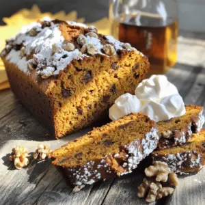 Gather these ingredients to make your easy pumpkin bread: - 1 ½ cups all-purpose flour - 1 teaspoon baking powder - ½ teaspoon baking soda - 1 teaspoon ground cinnamon - ½ teaspoon ground nutmeg - ½ teaspoon ground ginger - ¼ teaspoon salt - 1 cup canned pumpkin puree - ¾ cup granulated sugar - ½ cup brown sugar, packed - ½ cup vegetable oil - 2 large eggs - 1 teaspoon vanilla extract - ½ cup walnuts or pecans, chopped (optional) - ½ cup chocolate chips (optional) If you want to make this recipe gluten-free, use a gluten-free flour blend. It works well and keeps the bread tender. For sugar, you can replace granulated sugar with honey or maple syrup. Adjust the liquid in your recipe if you use these options. To create this tasty bread, you will need: - 9x5-inch loaf pan - Mixing bowls - Whisk and spatula - Measuring cups and spoons Using the right tools makes your baking easier and more fun. Now you are ready to start baking! Check out the Full Recipe for step-by-step guidance. - Preheat the Oven: Start by setting your oven to 350°F (175°C). This heat helps the bread bake evenly. - Greasing or Lining the Loaf Pan: Grease a 9x5-inch loaf pan with butter or oil. You can also line it with parchment paper. This makes removing the bread easier later. - To mix dry ingredients, take a medium bowl. Whisk together the flour, baking powder, baking soda, cinnamon, nutmeg, ginger, and salt. Make sure everything blends well. This step is key for even flavor. - Use a large mixing bowl for the wet ingredients. Combine pumpkin puree, granulated sugar, brown sugar, and vegetable oil. Mix these until they are smooth. This creates a rich base for your bread. - Incorporating Eggs and Vanilla: Now, add the eggs one by one. Mix well after each egg. Then stir in the vanilla extract. This adds great flavor. - Gradual Mixing of Wet and Dry Ingredients: Slowly add the dry mix to the wet mix. Stir gently until just combined. Don’t overmix! This keeps the bread light. - Adding Nuts and Chocolate Chips: If you want, fold in chopped nuts or chocolate chips. They add nice texture and taste. - Pouring Batter into the Pan: Pour the batter into your prepared loaf pan. Spread it out evenly for even baking. - Recommended Baking Time: Bake for 55-60 minutes. Keep an eye on it. A toothpick should come out clean when the bread is done. - After baking, pull the bread from the oven. Let it cool in the pan for about 10 minutes. Then, transfer it to a wire rack. This helps it cool completely and keeps it from getting soggy. For the full recipe, check the steps above. Enjoy your easy pumpkin bread! To avoid overmixing your batter, mix the wet and dry ingredients until just combined. This helps keep your pumpkin bread light and fluffy. Overmixing can lead to a dense loaf. To check for doneness, insert a toothpick into the center of your bread. If it comes out clean, your bread is ready. If you see batter on the toothpick, give it more time in the oven. For a lovely presentation, slice your pumpkin bread and dust it with powdered sugar. You can also add a dollop of whipped cream on top. Drizzle some maple syrup for extra flavor. These touches make your bread look and taste even better. To boost the taste, try adding spices like allspice or cloves. You can also use vanilla extract for a richer flavor. For a delightful crunch, fold in walnuts or pecans. If you love chocolate, add chocolate chips to make your bread even more special. For the full recipe, check out the Spiced Pumpkin Delight Bread . {{image_2}} To make gluten-free pumpkin bread, swap the all-purpose flour for a gluten-free blend. Look for a mix that contains xanthan gum. This will help mimic the texture of regular flour. Use the same amount as stated in the recipe. This simple swap makes a tasty bread for those with gluten issues. For vegan pumpkin bread, replace the eggs with flaxseed meal. Mix 1 tablespoon of flaxseed meal with 2.5 tablespoons of water. Let it sit for a few minutes to thicken. You can also swap the vegetable oil for applesauce. Use the same amount. This keeps the bread moist while making it plant-based. To bring new flavors to your pumpkin bread, try adding mix-ins. Dried cranberries or raisins add sweetness and texture. You can also add citrus zest for a fresh twist. Lemon or orange zest works well. Just a teaspoon will brighten the flavor. These small changes make your bread unique and exciting. For the full recipe, check out the detailed instructions provided. To keep your pumpkin bread fresh, you can store it at room temperature or in the fridge. If you plan to eat it within a few days, room temperature works well. Just wrap it in plastic wrap or foil. This keeps it moist and tasty. If you want to save it longer, put it in the fridge. This helps it last up to a week. Freezing is a great way to keep your pumpkin bread for a longer time. First, let the bread cool completely. Then, wrap it tightly in plastic wrap or foil. You can also use a freezer bag to seal it. When you want to eat it, just take it out and let it thaw at room temperature. You can also warm it in the oven for that fresh-baked taste. Pumpkin bread has different shelf lives depending on how you store it. At room temperature, it stays fresh for about 3-4 days. In the fridge, it lasts up to a week. If frozen, it can stay good for about 3 months. Just remember, the longer it sits, the less fresh it will taste. Enjoy your pumpkin bread at its best! For the full recipe, check out the Spiced Pumpkin Delight Bread! To check if your pumpkin bread is done, use the toothpick test. Insert a toothpick into the center of the bread. If it comes out clean, your bread is ready. You can also look for a nice golden color on top. The edges should pull away slightly from the pan. This means it is perfectly baked! Yes, you can use fresh pumpkin! First, pick a small pumpkin, like a sugar pumpkin. Cut it in half and remove the seeds. Roast the pumpkin halves in the oven at 350°F for about 45 minutes. Let them cool, then scoop out the soft flesh. Blend this until smooth to make your own pumpkin puree. It is fresh and tasty! If your pumpkin bread feels too dense, try these tips: - Make sure you measure your flour correctly. Spoon it into the cup and level it off. - Mix the batter gently. Overmixing can lead to a heavy loaf. - Check your baking powder and baking soda. They should be fresh for the best rise. You can double the recipe! Just make sure to adjust your baking time. A larger loaf may take longer to bake. Use the toothpick test to check doneness. If you use two pans, bake them at the same time for even results. Enjoy your extra pumpkin bread! In this article, we broke down how to make delicious pumpkin bread. You learned the needed ingredients, tools, and step-by-step methods. There are also tips for perfect texture and flavor, plus variations for gluten-free and vegan diets. Proper storage will help keep your bread fresh longer. Now, it’s time to bake and enjoy! You have all the tools to create something tasty. Happy baking!
