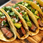 - 1 lb flank steak - 2 tablespoons olive oil - 2 tablespoons lime juice - 2 cloves garlic, minced - 1 teaspoon ground cumin - 1 teaspoon smoked paprika - 1 teaspoon chili powder - Salt and pepper to taste - 8 small corn tortillas The main star in this dish is the flank steak. This cut is tender and packed with flavor. You need to marinate it to enhance its taste. The marinade is simple. Mix olive oil, lime juice, minced garlic, cumin, smoked paprika, and chili powder in a bowl. Add salt and pepper to your liking. Corn tortillas are the best choice for this recipe. They are soft and hold the filling well. You can warm them on the grill for a few seconds before serving. - 1 cup fresh cilantro, chopped - 1 cup diced onions (white or red) - 1 avocado, sliced Fresh toppings make your tacos shine. Cilantro adds a nice herbal flavor. You can use either white or red onions for crunch and color. Avocado gives a creamy texture and balances the spices. - 1 cup pico de gallo or salsa for topping - Additional garnishes (hot sauce, lime wedges) Pico de gallo or salsa adds freshness and zest. You can also serve hot sauce for those who like heat. Lime wedges are perfect for squeezing over the tacos for extra flavor. For the full recipe, check here. Whisk together the marinade ingredients in a bowl. Use: - 2 tablespoons olive oil - 2 tablespoons lime juice - 2 cloves garlic, minced - 1 teaspoon ground cumin - 1 teaspoon smoked paprika - 1 teaspoon chili powder - Salt and pepper to taste Make sure to mix well. This creates a tasty blend. Next, take the flank steak and place it in a resealable bag. Pour the marinade over the steak, ensuring it is well-coated. Seal the bag tightly. Let it marinate in the fridge for at least 30 minutes. You can let it sit longer for more flavor. Preheat your grill to medium-high heat. This step is key for a good sear. Grilling the steak should take about 5-7 minutes on each side for medium-rare. Use a meat thermometer to check doneness; it should read about 130°F. After grilling, remove the steak and let it rest for 5 minutes. This helps the juices stay in. While the steak rests, warm your corn tortillas on the grill. Heat them for about 30 seconds on each side. This makes them soft and pliable. Once warmed, slice the steak against the grain into thin strips. To assemble, place a few slices of steak on each tortilla. Top with chopped cilantro, diced onions, avocado slices, and pico de gallo or salsa. This layering brings the best flavor to your tacos. Enjoy your meal right away for the best taste! For steak tacos, I recommend flank steak. It has a great flavor and cooks well. Other good options include skirt steak or sirloin. These cuts are tender and juicy when grilled. When it comes to seasoning, you can keep it simple or get creative. A basic mix of salt, pepper, and lime juice works wonders. I love adding garlic, cumin, and smoked paprika. This combination gives your steak a bold taste. To get those beautiful grill marks, preheat your grill. Aim for medium-high heat. This helps create a nice sear on the steak. Place the steak on the grill and avoid moving it around. Leave it alone for a few minutes. To prevent overcooking, use a meat thermometer. For medium-rare, look for 130°F. If you don’t have a thermometer, try the touch test. Press on the steak; it should feel firm but give a bit when you poke it. Tacos are all about toppings! Fresh cilantro and diced onions add crunch and flavor. I also recommend avocado slices for creaminess. If you want more heat, try adding jalapeños or a drizzle of hot sauce. Pair your tacos with a cold drink. A light beer or refreshing limeade complements the flavors well. You can also enjoy a classic margarita for a festive touch. For more details on making these delicious tacos, check the Full Recipe. {{image_2}} You can use skirt steak instead of flank steak. Skirt steak has great flavor and tenderness. It cooks quickly and is easy to slice. You can also try chicken or shrimp for a lighter option. Both will absorb the marinade well and taste delicious in tacos. Want some heat? You can spice up your marinade. Add more chili powder or some jalapeños. You can also try different salsas. Mango salsa adds a sweet twist. Pineapple salsa gives a fresh and tangy flavor, perfect for summer. If you need gluten-free tacos, use corn tortillas. They are safe and tasty. For low-carb options, think about lettuce wraps. Use large lettuce leaves to hold your fillings. This keeps it light and fresh, perfect for any diet. To keep leftover steak tasty, wrap it well. Use plastic wrap or foil. Place it in an airtight container. This helps keep the flavor and texture intact. Storing steak in the fridge works best for short-term use. If you want to save it longer, freeze it. Use freezer-safe bags or containers for this. When reheating steak, do it slowly. You can use the stovetop or oven. Heat it on low to avoid drying it out. Add a little broth or water to keep moisture. For tortillas, wrap them in a damp paper towel. Microwave them for about 15-20 seconds. This keeps them soft and fresh. For refrigerated leftovers, eat them within 3-4 days. If frozen, they last up to 3 months. Always check for signs of spoilage. Look for off smells or slimy textures. If you see these, it’s best to throw the steak away. Enjoy your grilled steak tacos while they are fresh! For the full recipe, check out the [Full Recipe]. The best steak for tacos is flank steak. It has great flavor and tenderness. Other good cuts include skirt steak and sirloin. These cuts work well when grilled. They absorb marinades nicely, which boosts their taste. Choose steaks that are well-marbled for juiciness. You should marinate the steak for at least 30 minutes. This gives the meat time to soak in flavors. For even more taste, marinate it for up to 2 hours. Avoid marinating for too long, as it may change the meat's texture. A shorter time will still add great flavor. Yes, you can prepare many taco ingredients in advance. Chop onions, cilantro, and avocado ahead of time. Store them in airtight containers. You can also marinate the steak the night before. This saves time on taco night. Just grill the steak and warm the tortillas when ready. Grilled steak tacos are a tasty and fun dish to make. We covered essential ingredients like flank steak, marinades, and fresh toppings. I shared step-by-step instructions for marinating, grilling, and assembling your tacos. You learned tips for choosing the best ingredients and methods to enhance your taco feast. Remember, variations exist, so feel free to try different meats and flavors. Proper storage is key to enjoying leftovers. Now, you have all the tools to make your next taco night a hit!