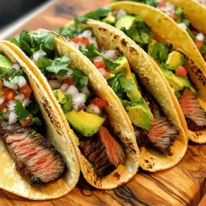 - 1 lb flank steak - 2 tablespoons olive oil - 2 tablespoons lime juice - 2 cloves garlic, minced - 1 teaspoon ground cumin - 1 teaspoon smoked paprika - 1 teaspoon chili powder - Salt and pepper to taste - 8 small corn tortillas The main star in this dish is the flank steak. This cut is tender and packed with flavor. You need to marinate it to enhance its taste. The marinade is simple. Mix olive oil, lime juice, minced garlic, cumin, smoked paprika, and chili powder in a bowl. Add salt and pepper to your liking. Corn tortillas are the best choice for this recipe. They are soft and hold the filling well. You can warm them on the grill for a few seconds before serving. - 1 cup fresh cilantro, chopped - 1 cup diced onions (white or red) - 1 avocado, sliced Fresh toppings make your tacos shine. Cilantro adds a nice herbal flavor. You can use either white or red onions for crunch and color. Avocado gives a creamy texture and balances the spices. - 1 cup pico de gallo or salsa for topping - Additional garnishes (hot sauce, lime wedges) Pico de gallo or salsa adds freshness and zest. You can also serve hot sauce for those who like heat. Lime wedges are perfect for squeezing over the tacos for extra flavor. For the full recipe, check here. Whisk together the marinade ingredients in a bowl. Use: - 2 tablespoons olive oil - 2 tablespoons lime juice - 2 cloves garlic, minced - 1 teaspoon ground cumin - 1 teaspoon smoked paprika - 1 teaspoon chili powder - Salt and pepper to taste Make sure to mix well. This creates a tasty blend. Next, take the flank steak and place it in a resealable bag. Pour the marinade over the steak, ensuring it is well-coated. Seal the bag tightly. Let it marinate in the fridge for at least 30 minutes. You can let it sit longer for more flavor. Preheat your grill to medium-high heat. This step is key for a good sear. Grilling the steak should take about 5-7 minutes on each side for medium-rare. Use a meat thermometer to check doneness; it should read about 130°F. After grilling, remove the steak and let it rest for 5 minutes. This helps the juices stay in. While the steak rests, warm your corn tortillas on the grill. Heat them for about 30 seconds on each side. This makes them soft and pliable. Once warmed, slice the steak against the grain into thin strips. To assemble, place a few slices of steak on each tortilla. Top with chopped cilantro, diced onions, avocado slices, and pico de gallo or salsa. This layering brings the best flavor to your tacos. Enjoy your meal right away for the best taste! For steak tacos, I recommend flank steak. It has a great flavor and cooks well. Other good options include skirt steak or sirloin. These cuts are tender and juicy when grilled. When it comes to seasoning, you can keep it simple or get creative. A basic mix of salt, pepper, and lime juice works wonders. I love adding garlic, cumin, and smoked paprika. This combination gives your steak a bold taste. To get those beautiful grill marks, preheat your grill. Aim for medium-high heat. This helps create a nice sear on the steak. Place the steak on the grill and avoid moving it around. Leave it alone for a few minutes. To prevent overcooking, use a meat thermometer. For medium-rare, look for 130°F. If you don’t have a thermometer, try the touch test. Press on the steak; it should feel firm but give a bit when you poke it. Tacos are all about toppings! Fresh cilantro and diced onions add crunch and flavor. I also recommend avocado slices for creaminess. If you want more heat, try adding jalapeños or a drizzle of hot sauce. Pair your tacos with a cold drink. A light beer or refreshing limeade complements the flavors well. You can also enjoy a classic margarita for a festive touch. For more details on making these delicious tacos, check the Full Recipe. {{image_2}} You can use skirt steak instead of flank steak. Skirt steak has great flavor and tenderness. It cooks quickly and is easy to slice. You can also try chicken or shrimp for a lighter option. Both will absorb the marinade well and taste delicious in tacos. Want some heat? You can spice up your marinade. Add more chili powder or some jalapeños. You can also try different salsas. Mango salsa adds a sweet twist. Pineapple salsa gives a fresh and tangy flavor, perfect for summer. If you need gluten-free tacos, use corn tortillas. They are safe and tasty. For low-carb options, think about lettuce wraps. Use large lettuce leaves to hold your fillings. This keeps it light and fresh, perfect for any diet. To keep leftover steak tasty, wrap it well. Use plastic wrap or foil. Place it in an airtight container. This helps keep the flavor and texture intact. Storing steak in the fridge works best for short-term use. If you want to save it longer, freeze it. Use freezer-safe bags or containers for this. When reheating steak, do it slowly. You can use the stovetop or oven. Heat it on low to avoid drying it out. Add a little broth or water to keep moisture. For tortillas, wrap them in a damp paper towel. Microwave them for about 15-20 seconds. This keeps them soft and fresh. For refrigerated leftovers, eat them within 3-4 days. If frozen, they last up to 3 months. Always check for signs of spoilage. Look for off smells or slimy textures. If you see these, it’s best to throw the steak away. Enjoy your grilled steak tacos while they are fresh! For the full recipe, check out the [Full Recipe]. The best steak for tacos is flank steak. It has great flavor and tenderness. Other good cuts include skirt steak and sirloin. These cuts work well when grilled. They absorb marinades nicely, which boosts their taste. Choose steaks that are well-marbled for juiciness. You should marinate the steak for at least 30 minutes. This gives the meat time to soak in flavors. For even more taste, marinate it for up to 2 hours. Avoid marinating for too long, as it may change the meat's texture. A shorter time will still add great flavor. Yes, you can prepare many taco ingredients in advance. Chop onions, cilantro, and avocado ahead of time. Store them in airtight containers. You can also marinate the steak the night before. This saves time on taco night. Just grill the steak and warm the tortillas when ready. Grilled steak tacos are a tasty and fun dish to make. We covered essential ingredients like flank steak, marinades, and fresh toppings. I shared step-by-step instructions for marinating, grilling, and assembling your tacos. You learned tips for choosing the best ingredients and methods to enhance your taco feast. Remember, variations exist, so feel free to try different meats and flavors. Proper storage is key to enjoying leftovers. Now, you have all the tools to make your next taco night a hit!