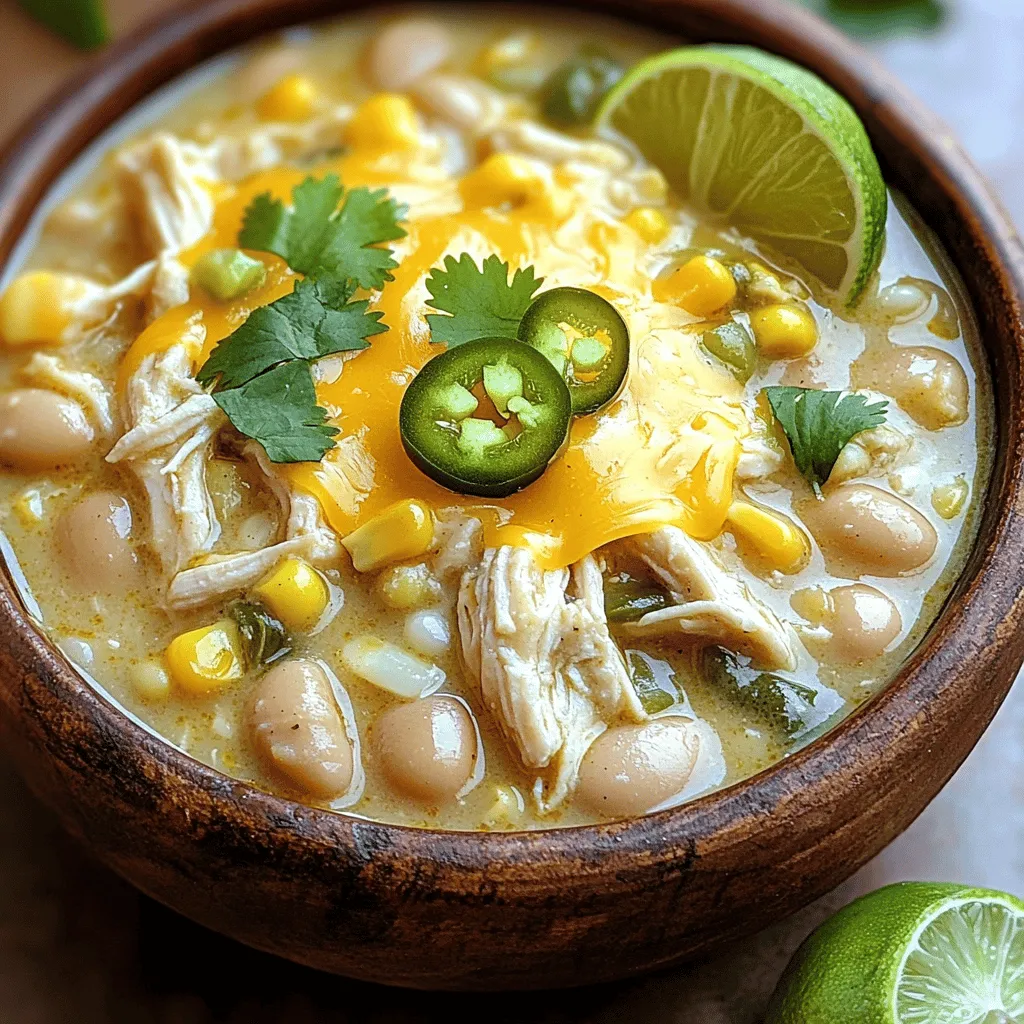To make the Easiest Crockpot White Chicken Chili, you need these simple ingredients: - 1 pound boneless, skinless chicken breasts - 2 cans (15 oz each) white beans, drained and rinsed - 1 can (15 oz) corn, drained - 1 can (4 oz) diced green chiles - 1 medium onion, diced - 3 cloves garlic, minced - 2 cups low-sodium chicken broth - 1 teaspoon ground cumin - 1 teaspoon chili powder - ½ teaspoon smoked paprika - Salt and pepper to taste - 1 cup sour cream - 1 cup shredded Monterey Jack cheese - Fresh cilantro, for garnish Each ingredient brings its own flavor. The chicken is tender and juicy. The white beans add creaminess. Corn gives a sweet crunch, and the green chiles add a mild kick. Using low-sodium chicken broth keeps the dish light and fresh. The spices, cumin and chili powder, add warmth. Smoked paprika gives a nice depth of flavor. Don’t skip the sour cream and cheese! They make the dish creamy and rich. Fresh cilantro on top brightens it all up. For the full recipe, you can find it mentioned above. First, let’s chop the vegetables. Take your onion and garlic. Dice the onion into small pieces. Mince the garlic cloves finely. This helps release their flavors. Next, prepare the chicken. Use boneless, skinless chicken breasts. You don’t need to cut them up. Just place them whole in the crockpot. They will cook down nicely as the chili simmers. Now, layer your ingredients in the crockpot. Start with the chicken at the bottom. This keeps it moist while cooking. Next, add the white beans, corn, diced green chiles, chopped onion, and minced garlic over the chicken. Pour in the chicken broth. Sprinkle the spices—cumin, chili powder, and smoked paprika. Add salt and pepper to taste. Stir gently, but don’t disturb the chicken too much. Cook on low for 6 to 8 hours or on high for about 4 hours. The chicken should be fully cooked and tender when done. After cooking, safely remove the chicken breasts. Use two forks to shred the chicken. This makes it easy to mix back into the chili. Now, return the shredded chicken to the crockpot. Stir in the sour cream and shredded Monterey Jack cheese. Mix until everything is melted and well combined. Taste your chili. Adjust the seasonings if needed. Let it cook for another 10 to 15 minutes on low. This blending time enhances the flavors. Enjoy the creamy goodness of the easiest crockpot white chicken chili! For the complete recipe, check out the Full Recipe. To add more flavor, use these seasonings: - Ground cumin - Chili powder - Smoked paprika These spices give depth and warmth. If you like it spicy, add more chili powder or some diced jalapeños. Adjust to your taste. Remember, you can always add heat but can’t take it away. Sour cream and cheese are key to a creamy chili. They give richness and balance the spices. Stir in one cup of sour cream and one cup of shredded Monterey Jack cheese near the end. For alternatives, try cream cheese or Greek yogurt. Both can add creaminess without changing the flavor too much. Garnish your chili to make it look great. Here are some ideas: - Fresh cilantro - Extra shredded cheese - A slice of lime or avocado Pair your chili with bread, rice, or a fresh salad. This adds texture and makes your meal complete. Check out the Full Recipe for more tips on serving! {{image_2}} You can switch chicken for turkey if you want. Turkey works well and tastes great. If you prefer plant-based meals, use chickpeas or tofu instead. Both give nice flavor and protein. For beans, you can swap white beans for black beans or pinto beans. Each will change the taste a bit, but they all work. Feel free to add veggies like bell peppers or zucchini for more depth. To make your chili milder, skip the spicy peppers. You can also add more sour cream to balance heat. If you want a kick, add jalapeños or hot sauce. Start with a little, then taste before adding more. Spices can always be adjusted to your liking. This chili can easily be gluten-free. Just check your broth and spices for hidden gluten. To make it dairy-free, swap sour cream for coconut cream or a cashew-based cream. These keep the creaminess while making it safe for dairy-free diets. For the full recipe, check out Creamy White Chicken Chili Delight. To store leftovers, let the chili cool first. Place it in an airtight container. This will keep it fresh. You can store the chili in the fridge for up to four days. Use glass or plastic containers for best results. They help keep the food safe and tasty. If you want to freeze the chili, let it cool completely. Then, transfer it to freezer-safe bags or containers. Remove as much air as you can. This helps prevent freezer burn. You can freeze the chili for up to three months. When you’re ready to eat it, just thaw it overnight in the fridge. For reheating, the best method is on the stove. Gently warm it over low heat. Stir often to ensure even heating. You can also use the microwave. If you do, heat it in short bursts. Stir in between to avoid hot spots. To keep the chicken moist, add a splash of broth or water before reheating. This will prevent it from drying out. Enjoy your Easiest Crockpot White Chicken Chili again and again! Can I cook this chili on the stovetop instead? Yes, you can cook this chili on the stovetop. Use a large pot and follow the same steps. Cook the chili on medium heat for about 30 to 40 minutes. Stir often. Check the chicken for doneness. It should be tender and easy to shred. How can I thicken the chili if it's too watery? If your chili is too watery, you have a few options. You can mash some of the beans against the side of the pot. This adds body. Another way is to simmer it uncovered for a bit. This will help reduce the liquid. You can also add a cornstarch slurry, made from cornstarch and water. How long can I keep the chili in the fridge? You can keep the chili in the fridge for about 3 to 4 days. Store it in an airtight container. Make sure it cools down before you seal it. This helps preserve flavor and texture. What is the best way to check for doneness? To check for doneness, use a meat thermometer. The internal temperature of the chicken should reach 165°F. If you don’t have a thermometer, cut a piece of chicken. It should look white and no longer pink. Is canned chicken broth okay to use? Yes, canned chicken broth is great for this recipe. It saves time and adds flavor. Just choose a low-sodium option for better control over saltiness. Can this recipe be doubled for a larger crowd? Absolutely! You can double this recipe easily. Just ensure your crockpot is large enough to hold all the ingredients. Adjust the cooking time slightly if needed, but keep an eye on the chicken for doneness. If you want the full recipe, check the earlier sections. This blog post covered an easy and delicious chili recipe. You learned about the key ingredients and how to prepare, cook, and serve the dish. I shared tips for making the chili creamy and flavorful. You found ideas for variations and storage too. In closing, enjoy this recipe for cozy meals. Whether you spice it up or keep it mild, it’s sure to satisfy. Happy cooking!
