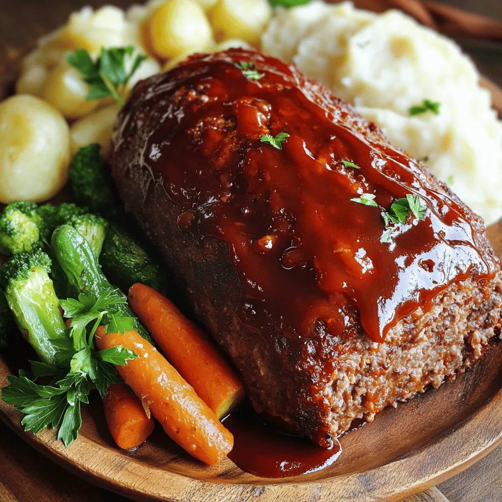 To make a tasty crockpot meatloaf, you need these main ingredients: - 1 lb ground beef - 1/2 lb ground turkey - 1 cup breadcrumbs - 1/2 cup grated Parmesan cheese - 1/2 cup chopped onion - 1/4 cup chopped bell pepper (red or green) - 2 cloves garlic, minced - 1/4 cup ketchup - 2 large eggs - 2 tablespoons Worcestershire sauce - 1 teaspoon dried oregano - 1/2 teaspoon salt - 1/4 teaspoon black pepper - 1/2 cup barbecue sauce (for topping) These ingredients create a well-rounded flavor that everyone loves. The blend of beef and turkey keeps it juicy and tasty. You can add a few extra ingredients to make your meatloaf even better. Consider these options: - 1/2 cup diced mushrooms for earthiness - 1/2 cup shredded carrots for sweetness - 1/4 cup chopped celery for crunch - 1 tablespoon Dijon mustard for a tangy kick - Fresh herbs like parsley or thyme for freshness Feel free to mix and match these add-ins. They can give your meatloaf a unique twist. Choosing the right meat mix is key for a great meatloaf. Here are some tips: - Use a mix of lean ground beef and turkey. This combination keeps it moist but not greasy. - Avoid extra lean ground beef. It can dry out your meatloaf. - For more flavor, consider ground pork or lamb in your mix. - Always check the fat content. A ratio of 80/20 is often best for flavor and moisture. These tips will help you select the perfect meat blend for your crockpot meatloaf. For a complete guide, check out the Full Recipe. To start, take a large bowl. Combine 1 pound of ground beef and 1/2 pound of ground turkey. Mix them well with your hands. Next, add 1 cup of breadcrumbs and 1/2 cup of grated Parmesan cheese. You also need 1/2 cup of chopped onion and 1/4 cup of chopped bell pepper. Don't forget 2 minced garlic cloves and 2 large eggs. In a small bowl, whisk together 1/4 cup of ketchup, 2 tablespoons of Worcestershire sauce, 1 teaspoon of dried oregano, 1/2 teaspoon of salt, and 1/4 teaspoon of black pepper. Pour this mix into the meat bowl. Gently mix everything together until well combined. Be careful not to overmix, or your meatloaf may turn tough. Now that your meat mixture is ready, shape it into a loaf. Make sure it fits well in the crockpot. Place the loaf carefully inside. Brush the top with 1/2 cup of barbecue sauce for added flavor. This gives it a sweet and tangy finish as it cooks. Cover the crockpot and set it to cook. You can choose low for 6-7 hours or high for 3-4 hours. Check the internal temperature with a meat thermometer. It should reach 160°F (70°C) to be safe to eat. Once ready, remove the meatloaf and let it rest for 10 minutes before slicing. This helps keep the juices inside, making every bite moist and tasty. For the full recipe, refer to the previous section. To keep your meatloaf moist, use a mix of ground beef and turkey. The turkey adds moisture without being too greasy. Also, breadcrumbs soak up the juices. Add a little ketchup to the meat mix for extra flavor and moisture. Gently mix the ingredients with your hands. Overmixing can make it tough. If your meatloaf is too dry, it may need more moisture. Try adding more ketchup or some beef broth. If it falls apart, you might need more eggs or breadcrumbs to bind it. Cooking at the right temperature is key. Make sure your crockpot is set correctly. For a nice touch, slice your meatloaf and drizzle more barbecue sauce on top. Serve it with mashed potatoes or steamed veggies. A sprinkle of fresh parsley adds color and flavor. You can also use a fun-shaped dish for a great look. {{image_2}} You can mix meats for your meatloaf. Ground beef is classic. Ground turkey adds a lean twist. For a richer flavor, try ground pork. A mix of all three can work well, too. This gives a nice balance of taste and texture. Always use about one pound of meat. The flavor will change with each combo. Experiment to find your favorite mix! If you want a meatless loaf, you have choices. Use lentils or black beans as your base. They give great texture and protein. Add oats or quinoa for more substance. Grated carrots or zucchini add moisture and flavor. You can follow the same steps as for the meat version. Just replace the meat with your chosen base. This keeps it simple and tasty. Toppings can make your meatloaf special. BBQ sauce is a classic choice, but you can try more. A mix of ketchup and mustard adds a tangy twist. You can also use a glaze of honey and soy sauce. For a spicy kick, add hot sauce to your glaze. To make it fancy, top it with cheese and fresh herbs. Think outside the box and enjoy the fun! For more ideas, check the Full Recipe. After you enjoy your meatloaf, store leftovers to keep them fresh. First, let the meatloaf cool. Then, wrap it tightly in plastic wrap. You can also place it in an airtight container. This keeps moisture in and prevents other odors from seeping in. Store it in the fridge for up to 3-4 days. When you’re ready to eat the leftovers, reheating is key. The best way is to use the oven. Preheat it to 350°F (175°C). Slice the meatloaf and place it in a baking dish. Add a bit of broth or water to keep it moist. Cover the dish with foil. Heat for about 20-25 minutes. This method keeps the flavor and texture great. Freezing is a great option if you have extra meatloaf. Slice it first for easy servings. Wrap each slice tightly in plastic wrap. Then, place the slices in a freezer bag. Make sure to remove as much air as possible. Label the bag with the date. You can freeze meatloaf for up to 3 months. When you’re ready to eat, thaw it in the fridge overnight before reheating. For the full recipe, check out the details above. Cooking meatloaf in a crockpot takes about 6 to 7 hours on low. If you’re in a hurry, you can cook it on high for 3 to 4 hours. The key is to ensure the meatloaf reaches an internal temperature of 160°F (70°C). This keeps it safe to eat and ensures it is fully cooked. You can check the temperature with a meat thermometer. For the best taste and texture, I recommend the low setting. You should not use frozen meat directly in the crockpot. It can take too long to thaw and might not cook evenly. Instead, let the meat thaw in the fridge overnight. This way, it will mix better with the other ingredients. If you’re short on time, you can quickly thaw meat in cold water. Just make sure to cook it right away after thawing. This keeps the meat safe and tasty. Crockpot meatloaf pairs well with many sides. Here are some ideas for a complete meal: - Mashed potatoes - Steamed vegetables - Green beans - Corn on the cob - A fresh salad - Rice or quinoa These sides balance the meatloaf and make your meal more colorful and fun. You can also drizzle extra barbecue sauce on your meatloaf for added flavor. Try different combinations to find what you love best! For the full recipe, check out the details above. We covered all you need for a tasty crockpot meatloaf. Understanding key ingredients and optional add-ins will boost flavor. I shared simple steps to prepare and cook your meatloaf to perfection. Tips helped you ensure a moist dish, and storage advice keeps leftovers fresh. Feel free to explore variations and creative toppings. With these insights, you can make a delicious meatloaf that’s perfect for any meal. Enjoy cooking and sharing this classic dish!