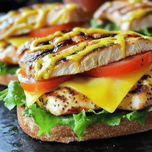 - 2 boneless, skinless chicken breasts - 1 tablespoon olive oil - 1 teaspoon paprika - 1 teaspoon garlic powder - 1 teaspoon onion powder - Salt and pepper to taste - 4 whole wheat burger buns - 4 slices of Swiss cheese - 4 slices of tomato - 4 leaves of romaine lettuce - 4 tablespoons honey mustard dressing The main ingredients create a tasty and healthy sandwich. The chicken is the star. You want fresh, boneless, skinless chicken breasts. They grill well and stay juicy. Olive oil helps the spices stick. The spices add a smoky flavor. Paprika gives a nice color, while garlic and onion powder enhance the taste. Whole wheat burger buns are great for health. They add fiber. Swiss cheese melts beautifully on the chicken. Use fresh romaine lettuce and ripe tomato slices for crunch and freshness. Honey mustard dressing adds a sweet and tangy kick. - Calories per serving: Around 380 calories - Macronutrients breakdown: - Protein: 30g - Carbohydrates: 35g - Fat: 12g - Allergens present in the dish: Contains dairy and gluten This sandwich is a balanced meal. It packs a protein punch from the chicken. The carbs come from the whole wheat buns. The fat mainly comes from the cheese and olive oil. Always check for allergens if you have food sensitivities. - Price range for ingredients: $15 to $20 - Where to buy ingredients: Local grocery stores, farmers' markets - Budget tips for preparation: Buy in bulk to save money. Look for sales on chicken and cheese. The cost of making this sandwich is quite reasonable. You can find most ingredients at any grocery store. Farmers' markets may offer fresher produce. Use leftovers for meal prep. You can enjoy this grilled chicken club sandwich multiple times. If you want to make it even cheaper, try using store brands. For the complete method, check the Full Recipe. To make the chicken flavorful, we need a tasty marinade. In a bowl, combine: - 1 tablespoon olive oil - 1 teaspoon paprika - 1 teaspoon garlic powder - 1 teaspoon onion powder - Salt and pepper to taste Mix well. Add the chicken breasts and coat them completely. Cover the bowl and put it in the fridge. Let the chicken marinate for at least 30 minutes. This time helps the flavors soak in. Next, we move to grilling. Preheat your grill or grill pan to medium heat. Remove the chicken from the marinade. Place the chicken on the grill. Cook for 6-7 minutes on each side. You want the internal temperature to reach 165°F (74°C). To check doneness, use a meat thermometer. This ensures your chicken is safe to eat and juicy. Now it’s time to put it all together. Start with the toasted burger buns. Spread 1 tablespoon of honey mustard dressing on the bottom half of each bun. Next, layer with: - 1 leaf of romaine lettuce - 1 grilled chicken breast topped with Swiss cheese - 1 slice of tomato Finally, place the top half of the bun on your sandwich. Press down gently to secure it. For a fun touch, cut each sandwich in half. This makes it easy to handle and looks great on a plate. Enjoy your Chick-fil-A Grilled Chicken Club Sandwich Delight! For the complete recipe, check out the Full Recipe above. Grilling the perfect chicken breast is key. If you don’t have a grill, you can use an oven or stove. For the oven, set it to 400°F (200°C). Cook the chicken in a baking dish for about 20-25 minutes. On the stove, use a skillet over medium heat. Just add a bit of olive oil and cook for about 6-7 minutes per side. To keep your chicken juicy, marinate it well. Let it soak in flavors for 30 minutes or longer. This makes a big difference. Always check the chicken’s internal temperature. It should reach 165°F (74°C) for safe eating. Pair your Chick-fil-A Grilled Chicken Club Sandwich with fresh sides. A salad with mixed greens and a light vinaigrette works great. You could also serve sweet potato fries or baked chips for crunch. For drinks, iced tea or lemonade are tasty choices. If you want something fun, try a fruit smoothie. Both drinks will add a refreshing touch to your meal. One common mistake is overcooking the chicken. This makes it dry and tough. Always monitor the cooking time and use a meat thermometer. Another issue is soggy buns. To avoid this, toast your burger buns lightly. Spread the honey mustard dressing just before you assemble the sandwich. This keeps the bun crispy and delicious. These tips will help you create a tasty and enjoyable meal with your Chick-fil-A Grilled Chicken Club Sandwich Delight. For the full recipe, check out the detailed instructions above! {{image_2}} You can switch up the cheese for a different taste. Here are some options: - Cheddar cheese adds a sharp flavor. - Pepper jack cheese gives a spicy kick. - Provolone cheese offers a mild, creamy touch. If you want a different dressing, try these substitutes for honey mustard: - BBQ sauce for a smoky flavor. - Ranch dressing for a creamy taste. - Greek yogurt mixed with honey for a healthy twist. Need gluten-free options? Use gluten-free burger buns. They work well and taste great! If you're looking for vegan adaptations, here are a few ideas: - Replace chicken with grilled portobello mushrooms. - Use vegan cheese for the melty layer. - Try a homemade vegan honey mustard using maple syrup. Want to amp up the flavor? Here are some ideas: - Add a dash of cayenne for heat. - Marinate chicken in lemon juice for extra zest. - Use smoked paprika for a deeper taste. For creative toppings, consider these: - Avocado slices for creaminess. - Pickles for a crunchy bite. - Sliced jalapeños for a spicy touch. These variations make your Chick-fil-A Grilled Chicken Club Sandwich even more delightful! To keep your Chick-fil-A Grilled Chicken Club Sandwich fresh, place it in an airtight container. This way, it stays safe from air and moisture. You can store leftovers in the fridge for up to three days. Always check for any signs of spoilage, such as off smells or changes in texture. If you want to keep the grilled chicken longer, freezing is a great option. Wrap the cooked chicken tightly in plastic wrap or foil. Place it in a freezer bag, removing as much air as you can. You can freeze the chicken for up to three months. If you have assembled sandwiches, it’s best to freeze the chicken and buns separately. This keeps the buns from getting soggy. When it’s time to enjoy leftovers, reheating requires care. For grilled chicken, preheat your oven to 350°F (175°C). Place the chicken on a baking sheet and cover it with foil to keep it moist. Heat for about 10-15 minutes or until warm. If your buns are soggy, toast them lightly in a pan. This makes them crisp again. Enjoy your meal like it’s fresh off the grill! To add some heat to your Chick-fil-A Grilled Chicken Club Sandwich, try these tips: - Use cayenne pepper in the marinade. - Add sliced jalapeños on top of the sandwich. - Swap the honey mustard dressing for spicy mustard or sriracha. - Mix in some red pepper flakes with your spices. These changes can create a nice kick while keeping it tasty. Yes, this sandwich works well for meal prep. Here’s how to prepare in advance: - Marinate the chicken the night before. - Grill enough chicken for several servings. - Keep the cooked chicken in the fridge for up to four days. - Toast the buns fresh when serving. This way, you can enjoy a tasty meal quick and easy. Popular side dish pairings for this sandwich include: - Sweet potato fries - Coleslaw - Fresh fruit salad - Mixed green salad For nutritional balance, consider adding a veggie side. This helps round out your meal while keeping it light and fresh. This blog post guided you through making a grilled chicken sandwich, using simple ingredients and straightforward steps. You learned about marinating chicken, grilling techniques, and how to assemble your sandwich perfectly. Tips and tricks helped avoid common mistakes to keep your meal tasty. Remember, you can swap ingredients for dietary needs or personal taste. With easy storage and reheating tips, you can enjoy this dish anytime. Get creative and make it your own!